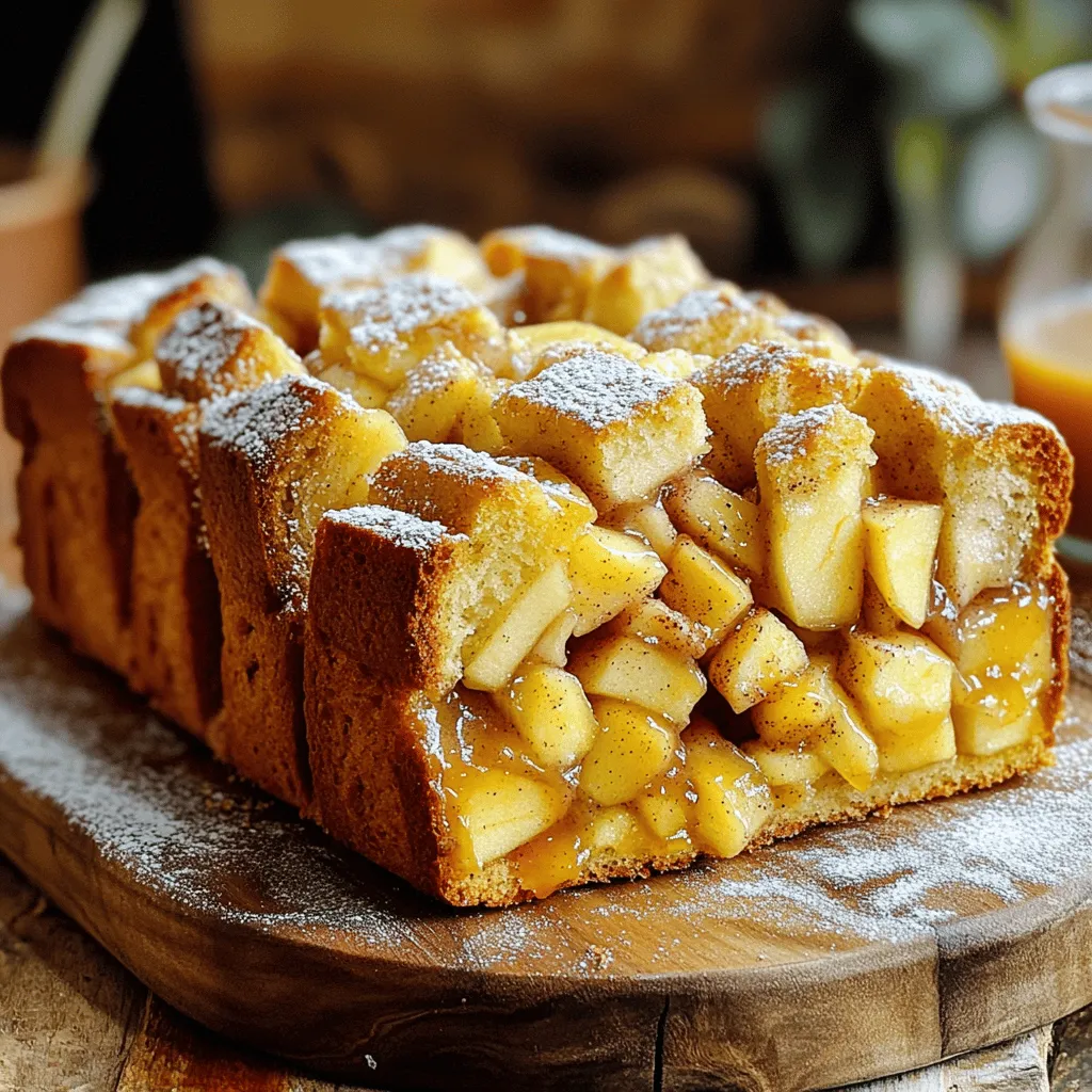 - 2 cups all-purpose flour - 1/2 cup granulated sugar - 1 tablespoon baking powder - 1/2 teaspoon salt - 1/4 teaspoon ground cinnamon - 1/4 teaspoon ground nutmeg - 1/2 cup unsalted butter, melted - 1/2 cup apple cider - 1 large egg - 1 sweet apple (such as Honeycrisp), peeled, cored, and diced - 1/4 cup brown sugar (for the filling) - 1 teaspoon vanilla extract - 1 tablespoon ground cinnamon (for the filling) When I bake, I love to gather fresh ingredients. For this apple cider pull-apart bread, you need a few simple items. Make sure your apples are sweet. Honeycrisp works great, but any sweet apple will do. The spices like cinnamon and nutmeg give the bread warmth. The melted butter adds richness. And, of course, the apple cider is key. It gives the bread its lovely flavor. Before starting, check that you have everything. This way, you can enjoy baking without running around. Remember, the right ingredients make all the difference. If you want the full recipe, just check the link. - Prep Time: 15 minutes - Total Time: 50 minutes - Servings: 8 slices This recipe is quick and easy. You can prep the dough in just 15 minutes. Then, in about 35 minutes, your bread will be done. This makes eight slices, perfect for sharing. - Preheat your oven to 350°F (175°C). - Grease a 9x5 inch loaf pan with butter or cooking spray. - In a large bowl, mix 2 cups of all-purpose flour, 1/2 cup of granulated sugar, 1 tablespoon of baking powder, 1/2 teaspoon of salt, 1/4 teaspoon of ground cinnamon, and 1/4 teaspoon of ground nutmeg. - In a separate bowl, blend 1/2 cup of melted butter, 1/2 cup of apple cider, 1 large egg, and 1 teaspoon of vanilla extract. - Pour the wet mixture into the dry ingredients. Stir gently with a spatula until just combined. A few lumps are okay. - Carefully fold in 1 sweet apple, peeled, cored, and diced. - In a small bowl, mix 1/4 cup of brown sugar with 1 tablespoon of ground cinnamon for the filling. - Shape small chunks of dough into flat disks. Place a spoonful of the cinnamon-sugar filling on each disk. Fold the dough over the filling. - Arrange the filled dough pieces in the loaf pan, stacking them tightly. - Bake the bread for 30-35 minutes until golden brown. Use a toothpick to check doneness; it should come out clean. - Let the bread cool in the pan for about 10 minutes. Then, transfer it to a wire rack to cool completely before slicing. For the full recipe, refer to the earlier section. Enjoy the warm and delicious Apple Cider Pull-Apart Bread! - Do not overmix the dough. Overmixing can lead to tough bread. - Use room temperature ingredients for better blending. Cold ingredients can make mixing hard. - Serve warm with powdered sugar or caramel drizzle. This adds sweetness and charm. - Garnish with apple slices for an appealing look. Fresh apples enhance the dish's visual appeal. - If your bread is dense, check if you overmixed the dough. Dense bread often results from this mistake. - If the bread is undercooked, ensure you bake it longer. Insert a toothpick to check for doneness. If it comes out wet, give it more time. These tips will help you create the best apple cider pull-apart bread. For the full recipe, refer back to the ingredients and instructions provided earlier. {{image_4}} You can change the flavor of your Apple Cider Pull-Apart Bread with a few tweaks. - Add nuts or raisins for extra texture. They will give each bite a nice crunch. - Experiment with different spices, like cloves or ginger. These spices add warmth and depth to your bread. Making this bread fit your diet is easy. - Use almond flour for a gluten-free option. It gives a unique flavor and texture. - Substitute butter and egg with vegan options. You can try coconut oil and flaxseed meal. You can also make this bread special for the seasons. - Incorporate pumpkin puree for a fall twist. This adds moisture and a lovely color. - Add lemon zest for a refreshing spring flavor. It brightens the taste and lifts your spirits. Feel free to explore these variations to make your Apple Cider Pull-Apart Bread truly your own! For the full recipe, see the [Full Recipe]. To keep your Apple Cider Pull-Apart Bread fresh, store it in an airtight container at room temperature. This method helps retain moisture and flavor. If you live in a humid area, you might want to refrigerate it. Just wrap it tightly to prevent any drying out. Freezing is a great way to save leftover bread. To freeze it properly, slice the bread first. Wrap each slice in plastic wrap, then place them in a freezer bag. This keeps the slices separate for easy access. For best results, thaw the bread in the fridge overnight. You can also warm it in the oven for a few minutes before serving. At room temperature, your bread will stay fresh for about three days. Look for signs like a dry crust or a stale smell to know if it's bad. If you see mold, it’s time to toss it out. Keeping an eye on these signs ensures you enjoy your delicious treat at its best! How to make Apple Cider Pull-Apart Bread gluten-free? To make this bread gluten-free, use a gluten-free flour blend. Look for a blend that works well in baking. You may need to add more liquid. Always check the package for the right amounts. Can I use regular cider instead of apple cider? Yes, you can use regular cider. However, apple cider adds a sweeter flavor. This sweetness helps in making the bread more tasty and aromatic. How do I know when the bread is done baking? You can check if the bread is done using a toothpick. Insert it into the center. If it comes out clean, the bread is ready. The top should also look golden brown. What beverages pair well with this bread? This bread pairs well with warm drinks like apple cider or tea. You can also serve it with coffee for a nice morning treat. It goes well with milk too. Is this bread suitable for breakfast or dessert? Yes, this bread is great for both breakfast and dessert. Its sweet flavor makes it feel like a treat. You can serve it warm or at room temperature. Can I substitute apple cider with another liquid? You can use other liquids like orange juice or pear juice. These will change the flavor but can still taste great. Choose a juice that you enjoy. What can I use instead of butter? If you need a substitute for butter, use coconut oil or margarine. You can also use applesauce for a healthier option. This will change the texture slightly but still work. For the full recipe, check out the detailed steps above! This blog post covered the delicious Apple Cider Pull-Apart Bread recipe. You learned about the simple ingredients, easy preparation steps, and tips for success. I shared ways to add unique flavors and discussed how to store the bread for freshness. Enjoy experimenting with variations or serving it warm. By following these steps, you’ll create a delightful treat perfect for any occasion. Happy baking!