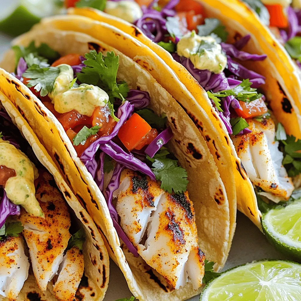 To make the best grilled fish tacos with spicy mayo, gather these key ingredients: - 1 lb white fish fillets (tilapia, cod, or your favorite variety) - 2 tablespoons olive oil - 1 teaspoon paprika - 1 teaspoon ground cumin - 1 teaspoon garlic powder - 1 teaspoon salt - 1/2 teaspoon freshly ground black pepper - 1 tablespoon fresh lime juice - 8 small corn or flour tortillas - 1 cup finely shredded red cabbage - 1/2 cup diced ripe tomatoes - 1/4 cup freshly chopped cilantro For the spicy mayo, you will need: - 1/2 cup mayonnaise - 2 tablespoons sriracha sauce (modify to your heat preference) - 1 teaspoon fresh lime juice You can add extra flavors to your tacos. Try these options: - Sliced avocado for creaminess - Diced jalapeños for heat - Cotija cheese for a salty kick - Pickled red onions for tanginess Choosing the right fish matters. Here are my top picks: - Tilapia is mild and easy to grill. - Cod has a nice texture and flavor. - Mahi-mahi is firmer and holds up well. - Snapper offers a slightly sweet taste. These varieties work great for grilling and will make your tacos shine! To start, gather your fish fillets. I love using tilapia or cod for this dish. In a big bowl, mix olive oil, paprika, cumin, garlic powder, salt, black pepper, and lime juice. Whisk until it's all combined. Add the fish and coat it well. Cover the bowl and let it sit in the fridge for 20 minutes. This lets the fish soak up all the tasty flavors. While the fish is marinating, let's make the spicy mayo. In a small bowl, combine mayonnaise, sriracha sauce, and lime juice. Mix it well until smooth. Taste it and adjust the sriracha if you want more heat. Set this aside for later. You’ll love the creamy kick it adds! Now, it's time to grill! Preheat your grill to medium-high heat. Once hot, place the marinated fish on the grill. Cook it for about 3-4 minutes on each side. The fish should be flaky and cooked through. While the fish grills, warm your tortillas on the grill for about 30 seconds on each side. This makes them soft and easy to fill. After grilling, take the fish off the grill. Break it into bite-sized pieces. Grab your warm tortillas and place a nice portion of fish in each one. Top with a handful of shredded red cabbage, diced tomatoes, and fresh cilantro. This adds color and crunch! Drizzle the spicy mayo over the tacos generously. This mayo brings everything together. Serve your tacos right away. Don’t forget to add fresh lime wedges on the side. A squeeze of lime adds a bright, zesty flavor that pairs well with the fish. Enjoy every bite! To grill fish well, start with fresh fillets. I recommend tilapia or cod for their mild taste. Marinate the fish for at least 20 minutes. This lets flavors soak in. Preheat your grill to medium-high heat. Grill the fish for 3 to 4 minutes on each side. Look for a nice char and ensure it flakes easily with a fork. If you have thicker fillets, check them often to avoid overcooking. Remember, the fish continues to cook a bit after you take it off the grill. To make spicy mayo, mix mayonnaise, sriracha, and lime juice. The sriracha gives it a kick. If you want it milder, use less sriracha. For more heat, add a bit more. Taste as you mix so you get it just right. This sauce adds a creamy, tangy twist to your tacos. You can also try adding a pinch of cayenne pepper for extra spice. Presentation matters! Arrange the tacos on a colorful platter. Use vibrant garnishes like lime wedges and fresh cilantro. This makes the dish pop. Place the tacos in a way that shows off the colors of the toppings. Use small bowls for the spicy mayo and any other sauces. This adds a fun touch for your guests. Enjoying food is not just about taste but also about sight! {{image_4}} You can use many types of fish for your tacos. Tilapia and cod are popular, but don't stop there! Try salmon for a richer taste or mahi-mahi for a mild flavor. Each fish type brings its unique taste and texture. If you prefer a firmer fish, swordfish works well, too. Cook your choice just like the recipe states for a great meal. Not a fan of fish? No problem! You can make tasty veggie tacos instead. Use grilled veggies like zucchini, bell peppers, and corn. Marinate these veggies in olive oil, lime juice, and spices for flavor. Grill them until they are tender and slightly charred. Serve them in tortillas with the same toppings, and you’ll have a delicious meal without fish. Want to change up the sauce? Try different flavors to spice things up! A mango salsa adds sweetness and brightness. For a zestier kick, go for chipotle mayo or garlic aioli. You can even make a creamy avocado sauce for a smooth texture. Each sauce gives your tacos a unique twist, so feel free to experiment! Store leftover grilled fish tacos in an airtight container. This keeps them fresh and tasty. If you have extra spicy mayo, store it in a separate container. It helps prevent the tortillas from getting soggy. To reheat, use an oven or skillet. This keeps the tortillas crisp. Heat the fish at 350°F for about 10 minutes. Check to ensure it is hot throughout. If using a skillet, warm it on low heat. Flip the fish gently to avoid breaking it. Leftover tacos can last in the fridge for 2 to 3 days. After that, they may lose flavor and texture. Always check for any off smells before eating. It’s best to enjoy them while they are fresh! Yes, you can use frozen fish. Just make sure to thaw it first. Thaw the fish in the fridge overnight or place it in cold water for about an hour. After thawing, pat it dry with a paper towel before marinating. This helps the marinade stick better and enhances the flavor. You can add many toppings to your tacos. Here are some ideas: - Sliced avocado - Crumbled queso fresco - Fresh jalapeños - Diced red onion - Sliced radishes - Lime wedges for extra zing Feel free to mix and match your favorites to create a taco that you will love. To spice up your tacos, try these options: - Add more sriracha to the spicy mayo. - Use fresh jalapeños or pickled peppers as a topping. - Sprinkle cayenne pepper or chili powder on the fish before grilling. - Serve with a hot salsa on the side. Adjust the heat to fit your taste buds! Grilled fish tacos go well with many sides. Here are some tasty options: - Cilantro lime rice - Black beans or refried beans - Grilled corn on the cob - A fresh green salad with lime vinaigrette - Chips with salsa or guacamole These sides will round out your meal and add extra flavor! In this post, we explored how to create delicious fish tacos. We started with essential and optional ingredients and learned about the best fish types. Then, I provided step-by-step instructions to marinate fish, prepare spicy mayo, and grill everything. We also covered useful tips for great results. Fish tacos can be a fun, tasty dish. Feel free to customize them to your taste. Experiment with different fish and sauces to find your favorite mix. Enjoy your cooking journey with delicious results!