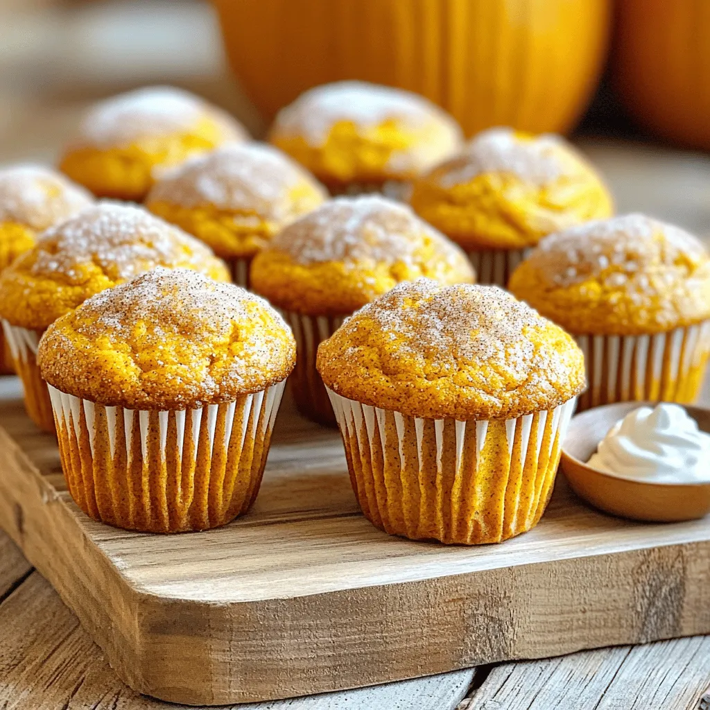 For our muffins, we need: - 1 ½ cups all-purpose flour - 1 teaspoon baking powder - 1 teaspoon baking soda - ½ teaspoon salt - 1 teaspoon ground cinnamon - ½ teaspoon ground nutmeg - ¼ teaspoon ground ginger - ½ cup granulated sugar - ½ cup packed brown sugar These dry ingredients give our muffins their fluffy texture and warm spice flavor. Mixing them well helps spread the flavors evenly. Next, we gather our wet ingredients: - 1 cup canned pumpkin puree - ½ cup vegetable oil - 2 large eggs - 1 teaspoon pure vanilla extract These ingredients add moisture to our muffins. The pumpkin puree also gives that lovely fall taste. For the topping, we need: - ¼ cup granulated sugar - 1 tablespoon ground cinnamon This mix creates a sweet, crunchy layer on top of our muffins. It’s the perfect finish for a delicious treat. First, preheat your oven to 350°F (175°C). This step is vital for even baking. Next, get your muffin tin ready. You can line it with cupcake liners or grease it well. This will help the muffins pop out easily after baking. In a medium bowl, mix the dry ingredients. Combine 1 ½ cups all-purpose flour, 1 teaspoon baking powder, 1 teaspoon baking soda, ½ teaspoon salt, 1 teaspoon ground cinnamon, ½ teaspoon ground nutmeg, and ¼ teaspoon ground ginger. Use a whisk to blend everything well. Once mixed, set the bowl aside. In a large bowl, it’s time to make the wet mix. Whisk together ½ cup granulated sugar, ½ cup packed brown sugar, 1 cup canned pumpkin puree, ½ cup vegetable oil, 2 large eggs, and 1 teaspoon pure vanilla extract. Keep whisking until the mix is smooth and free of lumps. Now, gently add the dry mix into the wet mix. Stir carefully until just combined. It’s okay if a few lumps remain. Overmixing can make the muffins dense. We want them light and fluffy. For the topping, grab a small bowl. Mix ¼ cup granulated sugar with 1 tablespoon ground cinnamon. Stir until the sugar and cinnamon are well blended. This will give the muffins a sweet and spicy crust. Using a scoop or spoon, fill each muffin cup about 2/3 full with batter. This allows room for the muffins to rise. After filling, sprinkle the cinnamon sugar topping generously on each muffin. Bake in your preheated oven for 18 to 22 minutes. Check for doneness by inserting a toothpick into the center; it should come out clean. After baking, take the muffins out of the oven. Let them cool in the tin for about 5 minutes. Then, transfer them to a wire rack to cool completely. This prevents them from becoming soggy. Enjoy the aroma as they cool! To keep your muffins light, do not overmix the batter. When you add the dry ingredients to the wet mix, stir gently. It’s okay to have a few lumps. Overmixing makes the muffins tough. Also, be sure to measure your flour correctly. Use a spoon to fluff it up, then scoop it into the measuring cup. Avoid packing it down. For a great topping, mix ¼ cup of granulated sugar with 1 tablespoon of ground cinnamon. Stir well until there are no clumps. After filling the muffin cups, sprinkle the topping generously on each muffin. This adds a delightful crunch and sweet flavor. You can even mix in a pinch of nutmeg for extra warmth. These muffins shine when served warm. Place them on a rustic wooden board for a charming display. You can dust them with more cinnamon sugar right before serving. For a tasty twist, offer a side of whipped cream or cream cheese frosting. This adds a creamy contrast to the spices and pumpkin flavor. Enjoy them with a cozy drink, like apple cider or coffee, for the perfect fall treat! {{image_4}} You can boost the spice in your muffins. Add 1 teaspoon of pumpkin spice blend to the dry mix. This blend usually has cinnamon, nutmeg, and ginger. It adds a warm, comforting flavor to your muffins. You can also use a bit more cinnamon if you like. For added crunch, toss in ½ cup of chopped nuts. Walnuts or pecans work great. If you love chocolate, mix in ½ cup of chocolate chips. This makes the muffins more fun and adds extra flavor. Just fold them gently into the batter before baking. You can make these muffins gluten-free easily. Swap the all-purpose flour for a gluten-free blend. Make sure it has a good mix of flours for the best texture. You might need to adjust the liquid a bit. Check the batter; it should be thick but pourable. Enjoy the same taste without the gluten! To keep your cinnamon sugar pumpkin muffins fresh, store them at room temperature. Place them in an airtight container. This helps maintain their moisture and flavor. If you plan to eat them within a few days, this method works great. For longer storage, consider freezing. Freezing muffins is simple and effective. First, let them cool completely. Then, wrap each muffin tightly in plastic wrap. Place the wrapped muffins in a freezer-safe bag. Label them with the date. Frozen muffins can last up to three months. When you're ready to enjoy, just thaw at room temperature or pop them in the microwave. Reheating your muffins is easy. For best results, use the oven. Preheat it to 350°F (175°C). Place the muffins on a baking sheet and warm for about 10 minutes. If you're in a hurry, you can use the microwave. Heat each muffin for about 15 to 20 seconds. Enjoy your warm, tasty treat! Yes, you can use fresh pumpkin. Just cook and puree it first. Make sure it is smooth. Fresh pumpkin adds a lovely flavor. However, canned pumpkin is easier. It also saves time. To check if the muffins are done, use a toothpick. Insert it into the center of a muffin. If it comes out clean, they are ready. Bake for 18 to 22 minutes. The tops should look golden brown too. You can substitute some ingredients. Use whole wheat flour for a healthier option. Applesauce can replace oil for less fat. Use maple syrup instead of sugar for a different taste. Besides the cinnamon sugar topping, you can try nuts. Chopped pecans or walnuts add crunch. Cream cheese frosting is also a great choice. It adds a rich, sweet flavor. These muffins last about 3 days at room temperature. Keep them in an airtight container. For longer storage, freeze them for up to 3 months. Just thaw before eating! You learned the key ingredients and steps to bake delicious pumpkin muffins. We covered how to mix dry and wet ingredients and create a tasty topping. Tips helped you avoid dense muffins, and we explored fun variations like adding nuts or chocolate. For storage, I shared how to freeze and reheat muffins to keep them fresh. Baking can be simple and fun. Now you have the skills to create tasty treats!