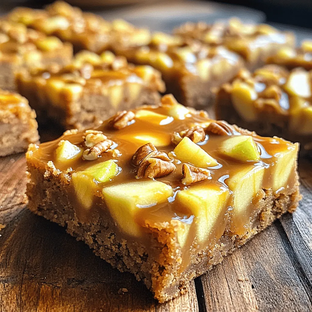- 1 ½ cups all-purpose flour - 1 teaspoon baking powder - ½ teaspoon baking soda - ½ teaspoon salt - ½ cup unsalted butter, melted - 1 cup packed light brown sugar - ½ cup granulated sugar - 2 large eggs - 1 teaspoon pure vanilla extract - 1 ½ cups fresh diced apples (preferably Granny Smith for tartness) - ½ cup caramel sauce (store-bought or homemade) - ½ teaspoon ground cinnamon (optional, but recommended for warmth) - Chopped pecans or walnuts for topping (optional) I love using fresh apples in this recipe. Granny Smith apples offer a bright tart flavor. They balance perfectly with the sweetness of the sugars and caramel. You can use any apples you like, but Granny Smith is my go-to choice. The flour, baking powder, baking soda, and salt form the base of the blondies. The butter adds richness, while the sugars make them sweet and chewy. Eggs and vanilla bind everything together, adding flavor and texture. Caramel sauce adds a sweet layer, enhancing the apple flavor. Ground cinnamon warms the dish and makes it feel cozy. If you like crunch, sprinkle chopped pecans or walnuts on top. They pair well with the soft blondies and add texture. Gather these ingredients, and you will create a delightful dessert that is simple yet impressive! Start by preheating your oven to 350°F (175°C). This temperature helps the blondies bake evenly. Next, grab a 9x9 inch baking pan. Grease it well with butter or line it with parchment paper. This step makes it easy to remove the blondies later. In a medium mixing bowl, add 1 ½ cups of all-purpose flour, 1 teaspoon of baking powder, ½ teaspoon of baking soda, ½ teaspoon of salt, and ½ teaspoon of ground cinnamon if you like. Whisk these dry ingredients together until they blend well. Set this mixture aside for later. Take a large mixing bowl and pour in ½ cup of melted unsalted butter. Add 1 cup of packed light brown sugar and ½ cup of granulated sugar. Stir these together until they look creamy and smooth. Make sure there are no lumps. Crack 2 large eggs into the bowl, one at a time. Mix well after each egg to keep it smooth. Then, add 1 teaspoon of pure vanilla extract and stir until everything mixes well. Now, take the bowl with dry ingredients. Gradually add it to the wet mixture. Stir gently until just combined. Be careful not to overmix; a few lumps in the batter are okay. This keeps the blondies soft. Take 1 ½ cups of fresh diced apples and fold them into the batter. You can use Granny Smith apples for a nice tartness. Next, add ½ cup of caramel sauce, folding it in evenly. This adds a sweet touch to your blondies. Pour the batter into the prepared baking pan. Use a spatula to smooth the top. Drizzle the remaining caramel sauce over the batter. If you want, sprinkle some chopped pecans or walnuts on top for extra crunch. Place the pan in the preheated oven. Bake for 25–30 minutes. To check if they are done, insert a toothpick into the center. If it comes out clean or with a few moist crumbs, your blondies are ready! Let the blondies cool in the pan for about 15 minutes. After that, transfer them to a wire rack to cool completely. Once cooled, cut them into squares. For a delightful treat, serve them warm with a scoop of vanilla ice cream on top. Drizzle with extra caramel sauce for a sweet finish. Enjoy! To get a gooey texture, you need to watch your mixing. Mix the wet and dry ingredients just until they combine. A few lumps are fine! Overmixing can make your blondies tough. You want them soft and chewy. Blondies taste great with ice cream or whipped cream. A scoop of vanilla ice cream on top makes them even better! Drizzle with extra caramel sauce for a sweet finish. For a nice look, serve them warm on a plate. Add chopped nuts on top for extra crunch. To keep blondies fresh, store them in an airtight container. You can leave them at room temperature for a few days. For longer storage, put them in the fridge. Just make sure they are cooled first. If you want to freeze them, wrap each piece in plastic wrap. Enjoy them later for a quick treat! {{image_4}} You can make your apple blondies more exciting by adding spices. Try some nutmeg or cardamom for a warm twist. These spices will bring out the sweetness of the apples. You can also switch up the apples you use. Granny Smith apples give a nice tartness. However, sweeter apples like Fuji or Honeycrisp can add a different flavor profile. Get creative with your toppings! You can add chocolate chips for a sweet surprise. Coconut flakes can add a chewy texture. If you like nuts, try mixing pecans with walnuts for crunch. Each topping adds a unique flavor, making your blondies even more special. Want to make these blondies gluten-free? No problem! You can use almond flour or oat flour instead of all-purpose flour. These options will keep the texture nice and fluffy. Just ensure you adjust the amount of flour to get the right consistency. To store your apple blondies, let them cool completely. You can keep them at room temperature for up to three days. Just place them in an airtight container. If you prefer, store them in the refrigerator. This will keep them fresh for about a week. Just make sure they are covered to avoid drying out. If you want to enjoy these blondies later, freezing is a great option. First, cut them into squares and wrap each piece in plastic wrap. Then, place them in a freezer-safe bag or container. This will keep them fresh for up to three months. When you're ready to eat them, take out the blondies and let them thaw in the fridge overnight. You can also warm them in the microwave for a few seconds. This way, you’ll have a cozy treat ready whenever you want! To check if your apple blondies are done, use a toothpick. Stick it in the center of the blondies. If it comes out clean or with a few moist crumbs, they are ready to take out. If the toothpick is covered in batter, bake them a bit longer. This test is quick and easy. It helps ensure you get the right texture. Yes, you can use different types of apples. Granny Smith apples are great for a tart flavor. Honeycrisp apples add sweetness and crunch. Fuji apples are also sweet and juicy. Each type of apple will change the taste a bit. Feel free to mix apples for a unique flavor blend. If you want to switch up the flavor, try different toppings. You can use chocolate sauce or a rich butterscotch sauce. A fruit compote can also add a nice twist. You can even leave it out and add extra spices for flavor. These options will give your blondies a fun new taste. Apple blondies last about 3 to 4 days at room temperature. Keep them in an airtight container to keep them fresh. If you store them in the fridge, they can last up to a week. For longer storage, freeze them. They can last up to three months in the freezer. Just thaw them overnight before enjoying! This guide takes you through making delicious apple blondies step by step. You learned about essential ingredients, from flour and butter to fresh apples. We covered each mixing stage and baking tips for a perfect texture. Remember, don’t overmix the batter to keep them gooey. You can add your favorite flavors or nuts for a twist. Finally, store leftovers properly to enjoy them later. Happy baking! Enjoy these treats with friends or on your own.