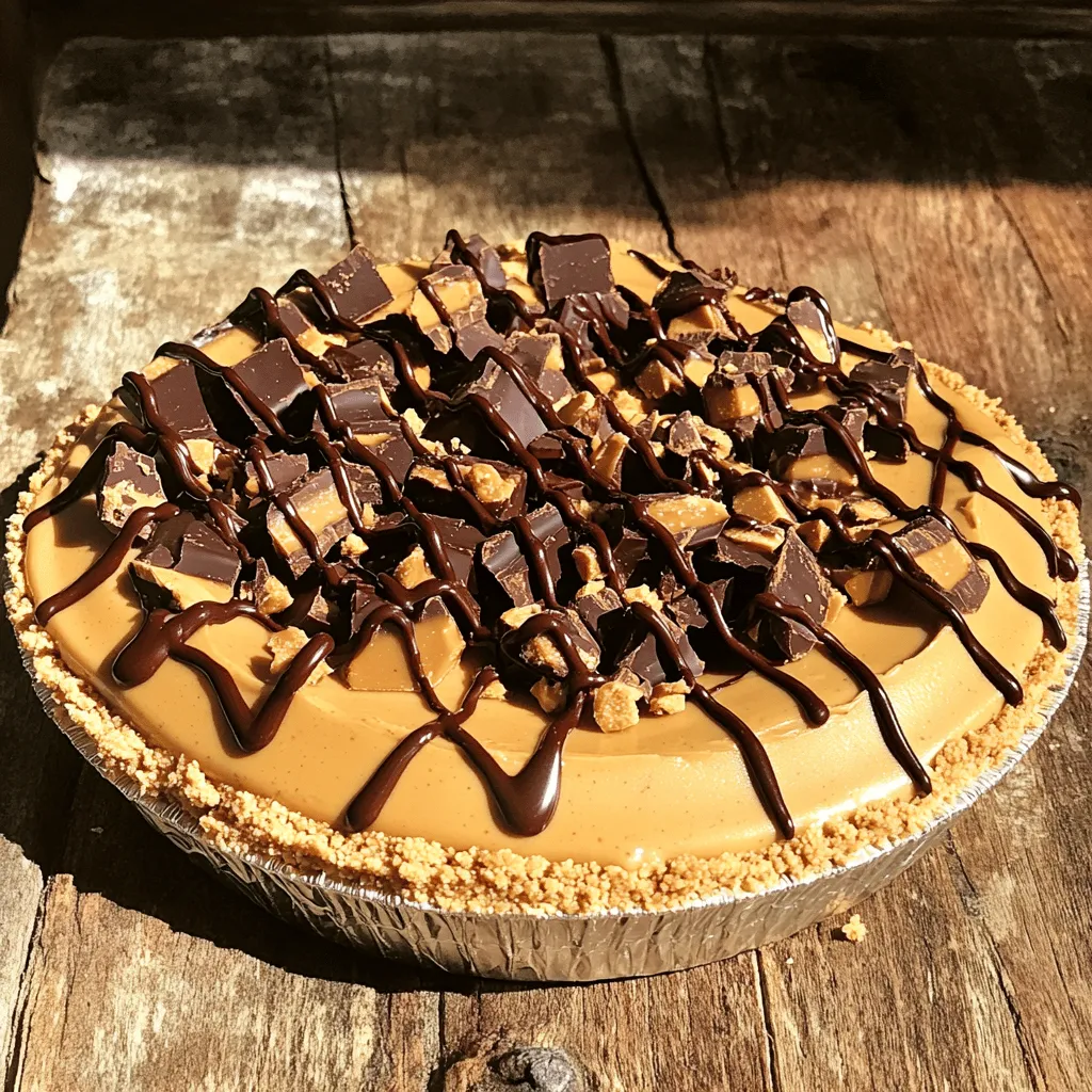 - 1 cup crushed graham crackers - 1/4 cup unsalted butter, melted - 1 cup smooth peanut butter - 1 cup powdered sugar - 8 oz cream cheese, at room temperature - 1 cup whipped topping - 1 cup Butterfinger candies, chopped - 1/2 cup chocolate sauce To make No Bake Butterfinger Pie, gather all the ingredients. The crushed graham crackers form the crust. Melt the unsalted butter to mix with the crumbs. This gives the crust a rich flavor. You need smooth peanut butter for the filling. It blends well with cream cheese. The powdered sugar adds sweetness. The cream cheese must be at room temperature. It helps to mix easily. Whipped topping makes the filling light and fluffy. You can use Cool Whip or homemade whipped cream. The chopped Butterfinger candies add a crunchy texture. Finally, chocolate sauce drizzles nicely on top. Each ingredient plays a vital role. Using quality ingredients ensures a tasty pie. Be ready to enjoy this delightful dessert! 1. In a medium bowl, combine 1 cup of crushed graham crackers and 1/4 cup of melted unsalted butter. Mix well with a fork until every crumb is coated. 2. Press this mixture firmly into the bottom and slightly up the sides of a 9-inch pie dish. Make sure it is even and compact. Set the crust aside for now. 1. In a large bowl, beat 8 oz of cream cheese using a hand mixer. Mix until it is smooth and creamy. 2. Gradually blend in 1 cup of smooth peanut butter and 1 cup of powdered sugar. Keep mixing until it is silky and well combined. 3. Now, gently fold in 1 cup of whipped topping. Use a spatula and be careful not to deflate the mixture. 4. Stir in 1 cup of chopped Butterfinger candies, saving some for later. 1. Spread the peanut butter filling evenly over the graham cracker crust. Use a spatula to smooth the top. 2. Cover the pie with plastic wrap and place it in the fridge. Let it chill for at least 4 hours, but overnight is better. Enjoy your no-bake treat! To get a creamy texture, soften your cream cheese first. Let it sit at room temperature for about 30 minutes. This helps it mix well. When mixing, use a hand mixer or stand mixer. Beat the cream cheese on medium speed. This makes it smooth. Gradually add peanut butter and powdered sugar. Keep mixing until the filling is silky and well combined. For the crust, press the graham cracker mix evenly into the pie dish. Use the bottom of a measuring cup to flatten it. Press hard to avoid a crumbly crust. If you want a change, use chocolate cookies or vanilla wafers instead of graham crackers. Both add a new flavor twist! Serve slices on individual dessert plates for a nice touch. You can add a dollop of whipped topping on each slice. Drizzle some chocolate sauce on top for extra flair. To make it more inviting, sprinkle some chopped Butterfinger candies over the pie before serving. This adds color and crunch! {{image_4}} You can change up your no bake Butterfinger pie in fun ways. Adding different candies gives you a new taste. Try Snickers, Reese's, or M&M's for a tasty twist. You can also use flavored whipped toppings like chocolate or vanilla. This adds extra flavor and makes each bite special. If you need gluten-free options, swap out the graham crackers for gluten-free cookies. Look for brands that fit your diet. For vegan substitutes, use dairy-free cream cheese and coconut whipped cream. The pie will still be creamy and delicious! For chocolate lovers, why not add chocolate to the filling? Mix in melted chocolate or chocolate chips for a richer taste. You can also use a chocolate cookie crust instead of the graham cracker crust. This gives a double chocolate treat that will please any chocolate fan. To keep your No Bake Butterfinger Pie fresh, cover it tightly. You can use plastic wrap or aluminum foil. Properly covering the pie helps keep it moist. Store it in the fridge for up to four days. If you have leftover pie, slice it for easier access. You can freeze this pie for longer storage. First, let it chill in the fridge for a few hours. Once set, cover it well in plastic wrap and then in foil. This double layer prevents freezer burn. To thaw, place the pie in the fridge overnight. This keeps the texture nice and creamy. The pie lasts about four days in the fridge. After that, the texture may change. If you notice any odd smells or colors, it’s best to toss it. Always trust your senses when it comes to food safety. Enjoy your pie while it’s fresh for the best taste! Yes, you can use crunchy peanut butter instead of smooth. It adds a nice texture. The pie will still taste great and have that classic peanut flavor. Just make sure the crunchy bits mix well with the other ingredients. You should refrigerate the pie for at least 4 hours. However, I recommend leaving it overnight. This helps the pie set properly and makes it easier to slice. The longer it chills, the better the flavors blend. If you prefer, you can use homemade whipped cream. Just whip heavy cream until soft peaks form. You can also use Greek yogurt for a healthier option. Both will work well in this pie and still taste delicious. Yes, you can make this pie a day or two in advance. Just keep it covered in the fridge. This makes it a great choice for parties or gatherings. The flavors deepen as it sits, making each bite even better. This blog post covered a delicious peanut butter pie recipe. We explored the key ingredients like graham crackers and cream cheese. You learned how to prepare the crust and make the filling step-by-step. We shared tips for a creamy texture and ways to present the pie beautifully. Don't forget the fun variations and storage tips for leftovers. This pie is easy to customize, so feel free to get creative. Enjoy sharing this delightful treat with friends and family!