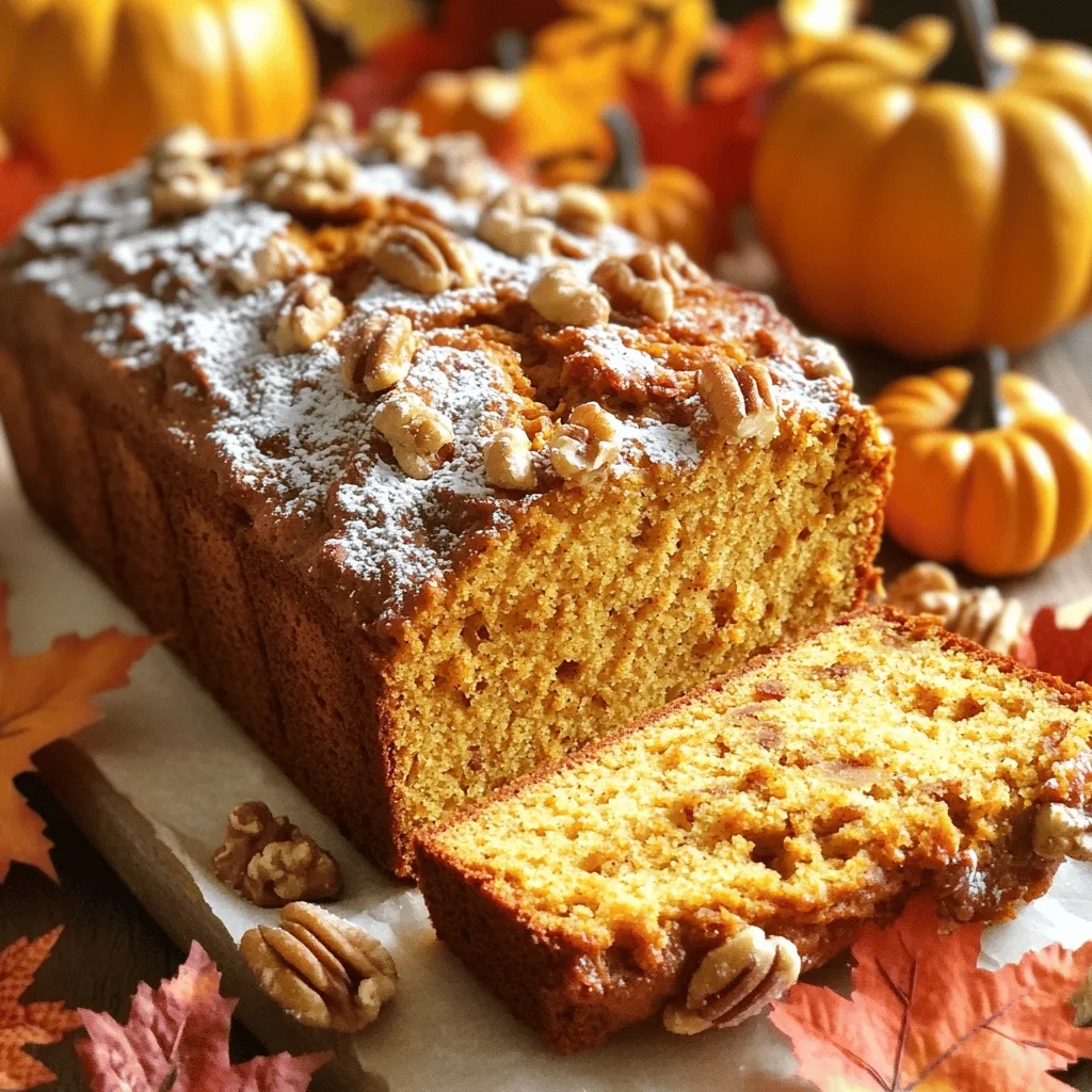 To make vanilla pudding pumpkin bread, you will need: - 1 cup canned pumpkin puree - 1 package (3.4 oz) instant vanilla pudding mix - 2 cups all-purpose flour - 1 teaspoon baking soda - 1 teaspoon baking powder - 1 teaspoon ground cinnamon - 1/2 teaspoon ground nutmeg - 1/2 teaspoon salt - 1/2 cup vegetable oil - 1 cup granulated sugar - 3 large eggs - 1 teaspoon vanilla extract - 1/2 cup chopped walnuts or pecans (optional) You can switch things up with these options: - Use fresh pumpkin instead of canned for a richer taste. - Swap the walnuts or pecans for chocolate chips if you love chocolate. - Try almond or coconut milk instead of vegetable oil for a unique flavor. - Add a pinch of ginger or cloves for extra warmth. When shopping for ingredients, keep these tips in mind: - Choose canned pumpkin with no added sugars or spices for the best flavor. - Check the expiry date on the pudding mix to ensure freshness. - Look for all-purpose flour that is stored in a cool, dry place. - Select eggs that are clean and have no cracks. - If using nuts, buy them whole and chop them yourself for better quality. Selecting fresh ingredients makes your pumpkin bread taste even better! First, set your oven to 350°F (175°C). Grab a 9x5 inch loaf pan and grease it lightly with butter or cooking spray. You can also use parchment paper for easy removal after baking. In a large mixing bowl, add 1 cup of canned pumpkin puree, 1 package of instant vanilla pudding mix, 1/2 cup of vegetable oil, and 1 cup of granulated sugar. Crack in 3 large eggs and add 1 teaspoon of vanilla extract. Use a whisk or an electric mixer to blend these until smooth and creamy. In another bowl, whisk together 2 cups of all-purpose flour, 1 teaspoon of baking soda, 1 teaspoon of baking powder, 1 teaspoon of ground cinnamon, 1/2 teaspoon of ground nutmeg, and 1/2 teaspoon of salt. Make sure they are all mixed well. Gradually add the dry mixture to the wet mixture. Use a spatula or wooden spoon to gently fold them together. Don't overmix, as this can make the bread dense. If you want, fold in 1/2 cup of chopped walnuts or pecans for a nice crunch. Pour the batter into your prepared loaf pan. Use a spatula to smooth the top if needed. This will help the bread bake evenly. Place the loaf pan in your preheated oven. Bake for 55-60 minutes. To check if it's done, insert a toothpick into the center. It should come out clean to show the bread is fully baked. Once baked, take the pan out of the oven and let it cool for about 10 minutes. If you used parchment, carefully lift the bread from the pan. Place it on a wire rack to cool completely. For serving, slice the bread warm or at room temperature. You can dust it with powdered sugar or add a dollop of whipped cream for extra flair. To make it festive, decorate the platter with small pumpkins or colorful leaves. To get the best texture, mix your wet and dry ingredients well. Use a whisk for the wet mix to make it smooth. Fold the dry mix gently into the wet mix. Overmixing can make the bread dense, which you want to avoid. For a lighter bread, let the batter rest for a few minutes before baking. Store leftover bread in an airtight container. This keeps it moist and fresh. You can also wrap it in plastic wrap for extra protection. If you want to keep it longer, freeze the slices. Just ensure they are sealed well to avoid freezer burn. Adding spices makes your bread even better. Use ground cinnamon and nutmeg as in the recipe. You can also try adding a pinch of ginger or allspice for a twist. Don’t be shy to experiment; spices can change the whole flavor profile. Avoid using cold eggs or oil. They should be at room temperature for the best mix. Don’t skip the baking soda and baking powder; they help the bread rise. Lastly, always check the bread with a toothpick. If it comes out clean, you’re good to go! {{image_4}} You can make this bread even sweeter by adding chocolate chips. Use about 1 cup of semi-sweet chocolate chips. Mix them into the batter when you combine the wet and dry ingredients. The rich chocolate pairs well with the warm spices in the pumpkin bread. To make a gluten-free version, swap all-purpose flour with a gluten-free flour blend. Ensure the blend has xanthan gum for better texture. This adjustment keeps the bread moist and delicious, just like the original. To make this recipe vegan, replace the eggs with flaxseed meal. Use 1 tablespoon of flaxseed meal mixed with 2.5 tablespoons of water for each egg. Also, substitute vegetable oil with coconut oil or applesauce. These changes will keep your bread tasty and plant-based. Feel free to get creative! Add 1/2 cup of chopped nuts, like pecans or walnuts, for crunch. You can also mix in dried fruits like raisins or cranberries. These additions will enhance the flavor and texture of your pumpkin bread, making it even more delightful. To store leftover pumpkin bread, let it cool completely. Wrap it tightly in plastic wrap or foil. Place it in an airtight container. This keeps the bread moist and fresh. You can store it at room temperature for up to three days. If you want to keep it longer, refrigeration is an option. However, it may dry out in the fridge. If you have more bread than you can eat, freeze it! Slice the bread before freezing. Wrap each slice in plastic wrap. Then, place the slices in a freezer bag. Make sure to remove as much air as possible. You can freeze the bread for up to three months. When you're ready, just thaw the slices at room temperature. To reheat your pumpkin bread, preheat your oven to 350°F (175°C). Place the bread on a baking sheet. Cover it with foil to prevent over-browning. Heat for about 10-15 minutes. For individual slices, use a microwave. Heat for about 15-20 seconds. This keeps the bread warm and soft for serving. Enjoy your delicious bread fresh again! Yes, you can use fresh pumpkin. Start by roasting the pumpkin. Cut it in half, remove the seeds, and roast it until soft. Then, scoop out the flesh and mash it until smooth. This method gives a fresh taste. Just make sure to measure the same amount as the canned pumpkin. To check if your pumpkin bread is done, use a toothpick. Insert it into the center of the loaf. If it comes out clean, your bread is ready. If it has batter on it, bake for a few more minutes. The edges should look golden brown and firm. Pumpkin bread pairs well with many things. You can serve it with butter or cream cheese for a rich taste. Adding a sprinkle of cinnamon or nutmeg on top can enhance the flavor. For a special touch, serve it with a warm drink like chai tea or apple cider. Pumpkin bread lasts about 3 to 4 days at room temperature. Keep it in an airtight container to keep it fresh. If you want to store it longer, it can last up to 3 months in the freezer. Just wrap it tightly in plastic wrap before freezing. Yes, you can double the recipe easily. Just double all the ingredients. Make sure to use a larger mixing bowl. Also, you may need to bake it longer if you're using a larger loaf pan. Check for doneness with a toothpick as mentioned earlier. To make the perfect pumpkin bread, focus on fresh ingredients, proper mixing, and careful baking. I shared helpful tips for texture, storage, and flavor. You now have options for variations, like gluten-free or vegan. Remember to check the bread for doneness and store it properly. With these skills, your baking will shine. Enjoy sharing your delicious pumpkin bread with friends and family!