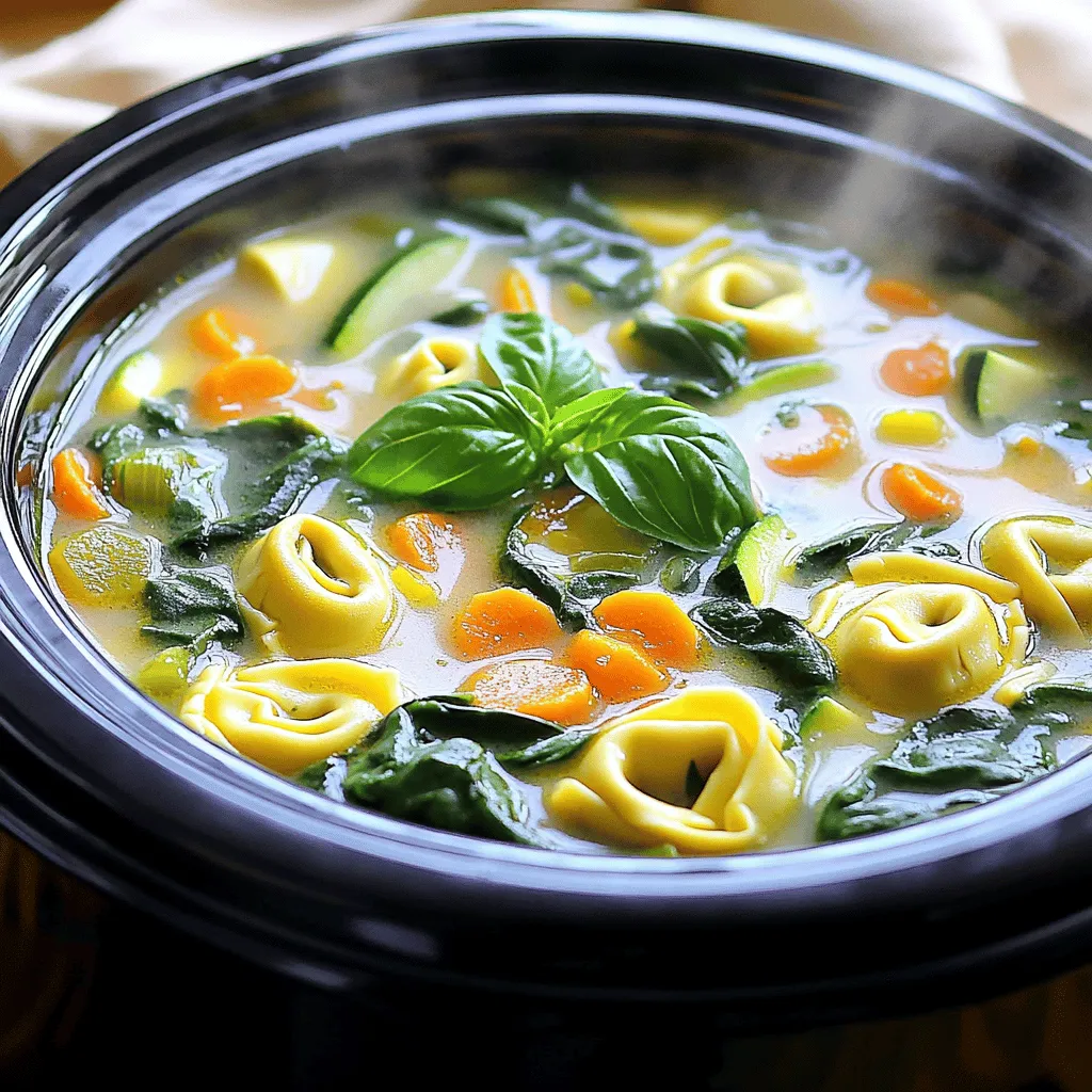 To make this tasty Crockpot Tortellini Soup, you need these simple ingredients: - 4 cups vegetable broth - 1 can (14 oz) diced tomatoes, undrained - 2 cups fresh spinach, roughly chopped - 1 cup sliced carrots - 1 cup zucchini, diced - 1 medium onion, finely chopped - 3 cloves garlic, minced - 1 teaspoon Italian seasoning - 1/2 teaspoon red pepper flakes (optional, for heat) - 2 cups cheese tortellini (either fresh or frozen) - 1 cup heavy cream - Salt and black pepper, to taste - Fresh basil leaves, for garnish You can use either fresh or frozen tortellini in this soup. Fresh tortellini cooks faster and has a soft texture. Frozen tortellini is easy to store and lasts longer. Both options taste great, so the choice is yours. If you're in a hurry, go for fresh. If you want to keep some on hand, choose frozen. Feel free to mix in other vegetables to suit your taste. You can add: - Bell peppers for sweetness - Mushrooms for an earthy flavor - Kale instead of spinach for extra nutrients - Peas for a burst of color and sweetness These swaps can make your soup unique and delicious! To start, grab your crockpot and add 4 cups of vegetable broth. This will be the soup's heart. Next, open a can of diced tomatoes and pour it in without draining. The juices add great flavor. Now it's time for the veggies! Add 2 cups of roughly chopped spinach. Then, toss in 1 cup of sliced carrots and 1 cup of diced zucchini. Next, add 1 medium finely chopped onion and 3 cloves of minced garlic. These ingredients create a tasty base. Sprinkle in 1 teaspoon of Italian seasoning. If you like some heat, add 1/2 teaspoon of red pepper flakes. Mix everything gently to blend the flavors well. Cover your crockpot and set it to cook. Choose low for 6 hours or high for 3 hours. This allows the flavors to come together. About 30 minutes before serving, add 2 cups of cheese tortellini to the pot. Stir gently to ensure they cook evenly. Just before you're ready to serve, pour in 1 cup of heavy cream. Stir again and season with salt and black pepper to taste. Let the soup warm for an extra 5 to 10 minutes. Now you're ready to enjoy your comforting Crockpot Tortellini Soup! For the full recipe, check out the details above. To boost the taste of your soup, use fresh herbs. Fresh basil and parsley add a bright touch. You can also add a splash of lemon juice for a zing. For extra depth, consider using roasted garlic instead of raw. If you like a bit of kick, add more red pepper flakes. If your soup is too thick, add more vegetable broth or water. Stir it well to mix everything together. For a thicker soup, let it cook longer with the lid off. This will help it reduce and become creamier. Serve the soup hot in deep bowls. Garnish with fresh basil leaves for color and flavor. A sprinkle of grated Parmesan cheese can add richness. Pair it with crusty bread for dipping, or a side salad for a complete meal. For a fun twist, add a dollop of pesto on top. Enjoy your comforting bowl of soup! {{image_4}} To make gluten-free tortellini soup, choose gluten-free tortellini. Many brands offer this option. You can also use rice or quinoa instead of tortellini. Just be sure to check labels for gluten-free status. This simple swap keeps the dish tasty and safe for those with gluten intolerance. Adding chicken or sausage makes your soup heartier. If you like chicken, use cooked, shredded chicken. Add it in the last 30 minutes of cooking. For sausage, choose Italian sausage for great flavor. Cook and crumble the sausage before adding. This extra protein boosts flavor and fills you up. To make this soup vegan or vegetarian, swap out the heavy cream. Use coconut milk or cashew cream for a creamy texture. Choose vegetable broth and ensure your tortellini is plant-based. You can also add more veggies like bell peppers or mushrooms for extra nutrition. These changes keep the soup delicious and plant-friendly. You can find the full recipe to get started on your own tasty creation. Once you finish your meal, let the soup cool down. Then, scoop it into airtight containers. Store the soup in the fridge for up to three days. Before serving, check for any signs of spoilage. This soup tastes great even after a day in the fridge! If you want to keep some for later, freezing is a good option. First, let the soup cool completely. Then, pour it into freezer-safe bags or containers. Make sure to leave some space at the top since liquids expand when frozen. You can freeze the soup for up to three months. Label the bags with the date to keep track. To reheat, you can use the stove or microwave. If using the stove, pour the soup into a pot. Heat it over medium heat, stirring occasionally until it's hot. If using the microwave, transfer the soup to a microwave-safe bowl. Heat it in short bursts, stirring in between, until piping hot. Always check that it’s warm enough before serving. Enjoy your comforting bowl of tortellini soup! Yes, you can use different broth types. Chicken broth gives a richer taste. Beef broth adds depth. For a lighter option, use water with seasoning. Each broth changes the flavor and feel of the soup. Feel free to experiment with what you like best! You can store Crockpot Tortellini Soup for up to four days in the fridge. Make sure to keep it in an airtight container. If you want to keep it longer, freeze it. Properly frozen soup can last up to three months. Just label the container with the date to remember! Yes, you can make this soup in advance. It actually tastes better the next day! The flavors meld and become richer. Just make sure to store it properly. Reheat it on the stove or in the microwave before serving. For the best taste, add fresh basil right before you serve it. If you want the full recipe, check the section above! In this post, we covered the key ingredients for the perfect tortellini soup. You learned how to prepare the base, add fresh veggies, and mix in tortellini and cream. We shared tips to boost flavor and adjust the soup’s texture. You also saw variations, including gluten-free and vegan options. Remember to store leftovers properly. This soup is easy to make and delicious. Enjoy making it your own!