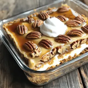 To make Pecan Pie Lasagna, gather the following ingredients: - 1 cup crushed graham crackers - 1/2 cup unsalted butter, melted - 2 cups cream cheese, softened - 1 cup powdered sugar - 2 cups whipped topping (like Cool Whip) - 1/2 cup pure maple syrup - 1 cup chopped pecans - 2 teaspoons vanilla extract - 1 teaspoon ground cinnamon - 1 cup sweetened condensed milk - Extra chopped pecans for garnish You can add some fun twists to your Pecan Pie Lasagna. Here are a few ideas: - Chocolate chips for a sweet surprise - A sprinkle of sea salt for added flavor - A layer of caramel sauce for extra richness Here are some notes on the ingredients: - For a gluten-free option, use gluten-free graham crackers. - If you want a dairy-free version, use dairy-free cream cheese and whipped topping. - Maple syrup can be replaced with agave syrup if needed. - Chopped nuts can vary; walnuts also work well in this recipe. Feel free to get creative! Each change adds a personal touch to your dessert. To start, gather your crushed graham crackers and melted butter. In a mixing bowl, combine them well. You want the mix to be crumbly yet hold together when squeezed. Once ready, press this mixture firmly into the bottom of a 9x13 inch baking dish. Make sure it forms an even and compact layer. This crust is the base of your lasagna, so take your time to get it right. Next, grab a large bowl for the cream cheese layer. Using an electric mixer, beat the softened cream cheese and powdered sugar together until smooth. You shouldn't see any lumps. After that, gently fold in the whipped topping. This will make the mixture light and creamy. Spread this cream cheese mix evenly over the graham cracker crust, using a spatula for a smooth finish. Now it's time for the maple pecan filling. In another bowl, whisk together the pure maple syrup, chopped pecans, vanilla extract, ground cinnamon, and sweetened condensed milk. Mix until everything is well blended. When ready, pour this tasty mixture over the cream cheese layer. Be sure to spread it evenly to cover the entire surface. For the second layer, repeat the same steps for the crust and cream cheese layer. Start by spreading the remaining graham cracker mixture over the filling. After that, add the leftover cream cheese mixture on top. Press down gently on each layer. This helps the layers stick together and keeps everything neat. Once you have built your layers, cover the baking dish tightly with plastic wrap. Place it in the refrigerator and chill for at least 4 hours. For the best results, let it chill overnight. This resting time allows the flavors to meld and the layers to set firmly. It will be well worth the wait! To get great layers in your pecan pie lasagna, use these tips: - Pack the crust: When you press the graham cracker mix into the dish, make sure it's tight. A firm crust will hold the layers better and keep them from mixing. - Smooth the cream cheese layer: Use a spatula to spread the cream cheese mix evenly. This makes it look neat and helps it hold together. - Chill well: After you finish layering, chill it for at least four hours. Overnight is best. This helps the layers set and makes cutting easier. To keep your pecan pie lasagna fresh: - Cover tightly: Use plastic wrap to seal the dish. This keeps the air out and prevents it from drying. - Refrigerate: Store it in the fridge. It can last for up to five days if covered well. - Avoid freezing: This dessert does not freeze well. The texture changes when thawed. Want to make your pecan pie lasagna even better? Here are some ideas: - Add chocolate: Mix in some chocolate chips to the cream cheese layer for a sweet twist. - Use flavored toppings: Try adding caramel sauce or a sprinkle of sea salt on top for extra flavor. - Experiment with nuts: Swap in different nuts like walnuts or hazelnuts to change the taste. {{image_4}} You can easily make Pecan Pie Lasagna gluten-free. Use gluten-free graham crackers instead of regular ones. Check the brand to ensure it fits your needs. This swap keeps the crust tasty and crisp while making it safe for those with gluten issues. Want to change things up? Consider adding chocolate. Mix in some mini chocolate chips with the pecan filling. This adds a rich, sweet note to each bite. You can also use chocolate pudding in place of some cream cheese. It gives a creamy texture with a delightful chocolate taste. Serve the lasagna chilled for the best taste. Pair it with vanilla ice cream or whipped cream. A drizzle of warm maple syrup adds a nice touch too. For drinks, try coffee or a sweet dessert wine. These pairings enhance the flavors and make the dessert feel more special. To keep your Pecan Pie Lasagna fresh, store it in the fridge. Use an airtight container or cover it tightly with plastic wrap. This helps prevent the dessert from drying out. Make sure it is fully cooled before storing. You can also place parchment paper between layers for easy serving later. You can freeze Pecan Pie Lasagna for up to three months. Wrap it tightly in plastic wrap, then aluminum foil. This method prevents freezer burn. When you're ready to enjoy it, move it to the fridge. Let it thaw overnight. For a quicker option, let it sit at room temperature for a few hours. Avoid refreezing once it's thawed, as this can change the texture. In the fridge, Pecan Pie Lasagna lasts about 5 to 7 days. Keep it covered to maintain freshness. If you notice any changes in smell or texture, it's best to discard it. Always trust your senses when it comes to food safety. Enjoy your layered dessert while it's fresh for the best taste! Yes, you can make Pecan Pie Lasagna ahead of time. I recommend preparing it a day before. This gives the layers enough time to chill and set. The flavors develop more, making it taste even better. The best way to cut Pecan Pie Lasagna is to use a sharp knife. Dip the knife in warm water for cleaner cuts. Wipe the knife clean between cuts to keep the layers neat. This helps you serve nice, even squares. Yes, you can use fresh pecans. Just chop them into smaller pieces for even distribution. Fresh pecans can add a great crunch and flavor. Make sure to toast them lightly for extra taste. To make it less sweet, reduce the powdered sugar in the cream cheese layer. You can also use less maple syrup in the filling. Consider adding a pinch of salt to balance the sweetness. If you need a substitute for whipped topping, try using heavy cream. Whip it until it forms soft peaks for a great texture. You can also use yogurt for a tangy twist. Pecan Pie Lasagna combines layers of flavors and textures for a delightful treat. We covered the essential ingredients, step-by-step instructions, and easy tips. You can customize it with different flavors or make it gluten-free. Proper storage ensures it stays fresh for days. This dessert is perfect for gatherings or a sweet treat at home. Enjoy exploring these ideas, and make your version unique!
