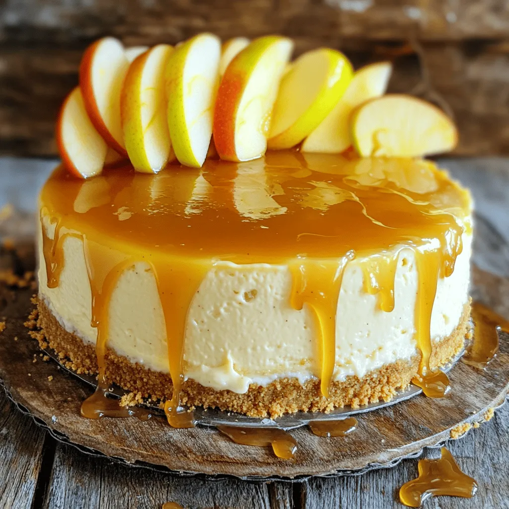 - 1 ½ cups graham cracker crumbs - ½ cup unsalted butter, melted - 2 cups cream cheese, softened to room temperature - 1 cup granulated sugar - ¾ cup apple cider, preferably fresh - 3 large eggs, at room temperature - 2 teaspoons pure vanilla extract - 1 teaspoon ground cinnamon - 1 teaspoon ground nutmeg - ½ teaspoon salt - 1 cup sour cream, at room temperature - Caramel sauce for drizzling (optional) - Fresh apple slices for garnish (optional) You can swap graham cracker crumbs with crushed cookies like Oreos for a fun twist. If you want a lighter taste, use reduced-fat cream cheese. You can replace sour cream with Greek yogurt for a tangy flavor. For a dairy-free option, look for vegan cream cheese and butter. Instead of sugar, consider using maple syrup or honey to sweeten naturally. Using fresh apple cider makes a big difference in flavor. It adds brightness and depth to your cheesecake. Fresh cider has a clean, crisp taste that enhances the apple flavor in your dish. It can create a well-balanced sweetness that store-bought versions often lack. If you have access to local orchards, grab some cider for the best results. Enjoy the taste of autumn in every bite! To start, set your oven to 325°F (160°C). Take a 9-inch springform pan and grease it well. This helps the cheesecake come out easily later. Wrap the bottom of the pan with aluminum foil. This step stops any leaks during baking. In a medium bowl, mix 1 ½ cups of graham cracker crumbs with ½ cup of melted unsalted butter. Stir it well until you have a crumbly texture. Press this mixture firmly into the bottom of the pan. Make sure it is even and solid. In a large bowl, beat 2 cups of softened cream cheese with 1 cup of granulated sugar. Use an electric mixer to make it smooth and creamy. Add ¾ cup of apple cider gradually, then mix in 3 large eggs, one at a time. This keeps the mixture smooth. Next, add 2 teaspoons of vanilla extract, 1 teaspoon of cinnamon, 1 teaspoon of nutmeg, and ½ teaspoon of salt. Mix until everything is well combined. Fold in 1 cup of sour cream gently with a spatula. Then, pour the filling over the cooled crust. Smooth the top if needed. Bake in the oven for 50-60 minutes. The edges should be set, but the center will still jiggle slightly when you shake the pan. After baking, turn off the oven and leave the door slightly open for about an hour. This helps the cheesecake cool slowly and reduces cracks. Once it cools, place it in the fridge for at least 4 hours or overnight. This setting time is key for the best texture. To make a great crust, use fresh graham cracker crumbs. Combine 1 ½ cups of crumbs with ½ cup melted unsalted butter. Mix until they stick together. Press the mixture into the bottom of your springform pan firmly. Bake it for 8-10 minutes at 325°F (160°C) to set it. This will create a solid base for your apple cider cheesecake. Cracking can happen, but you can avoid it. First, cool your cheesecake slowly in the oven. Leave the door ajar for about an hour after baking. This helps the cheesecake cool gradually. Second, don’t overmix your batter. Overmixing adds too much air, which can cause cracks. Lastly, make sure to bake it until the edges set, but the center still jiggles slightly. When serving your cheesecake, presentation matters. Drizzle caramel sauce over the top for extra sweetness. Add fresh apple slices for color and crunch. You can also sprinkle a bit of cinnamon on top for added flavor. Serve it on a nice platter, and decorate with mint leaves for a beautiful touch. This makes your dessert look as good as it tastes! {{image_4}} You can change the taste of your cheesecake with fun spices. Try adding: - Cloves: Just a pinch will give warmth. - Ginger: Fresh ginger adds a nice zing. - Cardamom: This spice brings a floral note. You can also mix in fruit purees. Consider using: - Pumpkin puree: For a fall twist. - Peanut butter: For a nutty flavor. - Chocolate: Melted chocolate can create a rich dessert. These changes keep the cheesecake exciting and new. The crust can change the whole feel of the cheesecake. A graham cracker crust is classic. But you can try: - Oreo crust: Crush Oreos and mix with butter. This will give a rich chocolate flavor. - Nut crust: Use crushed almonds or pecans for a crunchy, nutty taste. - Cookie crust: Use any favorite cookie to switch things up. Each crust option adds a different layer of taste and texture. If you need a gluten-free version, it's easy. Use gluten-free cookies for the crust. Make sure to choose: - Gluten-free graham crackers: They work just like regular ones. - Almond flour: Mix with butter for a nutty crust. - Coconut flour: This can add a unique flavor and texture. For the filling, use gluten-free cream cheese and check labels for other ingredients. These swaps will keep everyone happy and enjoying dessert. To keep your apple cider cheesecake fresh, store it in the fridge. Place it in an airtight container or cover it tightly with plastic wrap. It will stay good for up to 5 days. This way, you can enjoy a slice whenever you want! If you want to save some for later, freezing works well. Wrap the cheesecake tightly with plastic wrap, then foil. This helps prevent freezer burn. You can freeze it for up to 3 months. When you're ready to eat it, let it thaw in the fridge overnight. To reheat your cheesecake, I recommend using the oven. Preheat it to 300°F (150°C). Place the cheesecake on a baking sheet for about 10-15 minutes. This warms it gently and keeps the creamy texture. Avoid microwaving, as it can make the cheesecake rubbery. Enjoy your sweet treat! Yes, you can use store-bought apple cider. It saves time and effort. Look for a fresh brand. Fresh cider adds a vibrant taste. Avoid cider that has added sugars or preservatives. You know the cheesecake is done when the edges are set. The center should still jiggle slightly. This means it will firm up as it cools. Use a toothpick to check if needed. It should come out clean with a little filling on it. If your cheesecake cracks, don’t worry! Here are some tips to fix it: - Cover the crack with whipped cream or fruit. - Serve it with a drizzle of caramel sauce. - You can hide cracks with apple slices for a pretty look. The cheesecake lasts up to five days in the fridge. Store it in an airtight container. It stays fresh and creamy. Always check for any off smells before serving. Enjoy your delicious cheesecake! This guide covers all you need for a great apple cider cheesecake. We looked at key ingredients, easy steps, and helpful tips. We explored variations and how to store leftovers, ensuring your dessert shines. Remember, fresh apple cider makes a big difference. With these skills, you can create a cheesecake that impresses everyone. Now, it’s time to bake and enjoy your delicious treat!