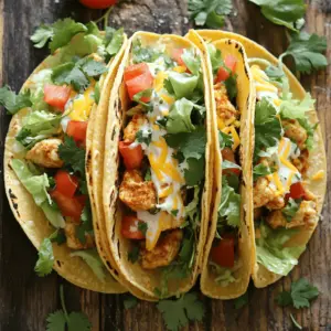 To make Minute Baked Crispy Chicken Tacos, you need some key ingredients. Here’s what you should gather: - 1 lb (450g) chicken breasts, diced into bite-sized pieces - 1 tablespoon olive oil - 8 small corn or flour tortillas - 1 cup shredded romaine or iceberg lettuce - 1 cup diced ripe tomatoes - 1 cup shredded cheese (cheddar or a Mexican blend) These ingredients form the base of your tacos. The chicken provides protein, while the tortillas hold everything together. Lettuce and tomatoes add crunch and freshness. Seasoning is crucial for tasty tacos. Use the following spices to boost flavor: - 1 teaspoon chili powder - 1 teaspoon ground cumin - 1 teaspoon garlic powder - 1/2 teaspoon smoked paprika - Salt and freshly ground black pepper to taste These spices bring warmth and depth to the chicken. They make each bite exciting. Don’t skip the salt and pepper; they enhance all the flavors. Garnishes add a lovely touch to your tacos. You can include: - 1/2 cup sour cream (optional) - Fresh cilantro leaves for garnish (optional) Sour cream gives a creamy texture. It balances the spices well. Fresh cilantro adds brightness and a pop of color. Use these garnishes for a beautiful presentation and extra flavor. First, set your oven to 400°F (200°C). This hot temperature helps the chicken cook fast and get crispy. Line a baking sheet with parchment paper. This prevents the chicken from sticking and makes cleanup easy. In a large bowl, add 1 pound of diced chicken breasts. Pour in 1 tablespoon of olive oil. Then, sprinkle in 1 teaspoon of chili powder, 1 teaspoon of ground cumin, 1 teaspoon of garlic powder, and 1/2 teaspoon of smoked paprika. Season with salt and black pepper. Mix well until every piece is coated with the spices. This step brings out amazing flavors. Spread the marinated chicken on the baking sheet. Make sure the pieces are in a single layer. Bake in the oven for 15-20 minutes. Check that the chicken reaches an internal temperature of 165°F (74°C). It should look golden and crispy on the edges. This is when it's ready to serve. While the chicken bakes, wrap 8 small tortillas in aluminum foil. Place them in the oven for the last 5-7 minutes. This warms them up without making them too crispy. Warm tortillas make the tacos taste even better. When the chicken is done, take it out and let it rest for 5 minutes. Grab a warm tortilla and fill it with the crispy chicken. Add a generous amount of shredded romaine or iceberg lettuce, diced tomatoes, and a handful of shredded cheese. For extra creaminess, add a dollop of sour cream on top. Finish with fresh cilantro for a burst of color and flavor. Enjoy your tasty tacos right away! To get your tacos super crispy, use high heat. Preheat your oven to 400°F (200°C). This temperature helps the chicken crisp up nicely. Spread the chicken pieces in one layer on your baking sheet. Crowding them can lead to steaming instead of crisping. Bake for 15-20 minutes. Keep an eye on them. You want a golden edge, not burnt. Let the chicken rest for five minutes before serving. This helps keep the juices locked inside. You can swap chicken for other proteins. Try diced turkey or shrimp if you like. For a veggie option, use black beans or lentils. These add great flavor and texture. If you want a kick, add hot sauce to the chicken mix. You can also mix in other spices like oregano or cayenne pepper. Don’t hesitate to get creative! Serve your tacos warm for the best taste. Add fresh toppings like avocado or jalapeños for extra flavor. You can also serve them with sides like rice or beans. For a fun twist, try taco night with friends. Set up a toppings bar so everyone can customize their tacos. This way, each person can create their perfect bite. Enjoy the crunch and the flavors! {{image_4}} You can swap chicken for other proteins. Ground beef, turkey, or pork works well. You can also try shrimp or fish for a fun twist. Each option brings its own flavor. Just adjust the cooking time as needed. For a vegetarian meal, use black beans or lentils. They pack protein and taste great. You can also use crumbled tofu or tempeh. For a vegan option, skip the cheese and sour cream. Instead, try avocado or a vegan yogurt. These will keep your tacos creamy and delicious. Tortilla choice can change your taco game. Corn tortillas are classic and gluten-free. Flour tortillas are soft and chewy. You can also try larger tortillas for burrito-style tacos. For a low-carb option, use lettuce wraps instead. Each type adds a unique taste and texture to your taco experience. To store leftover chicken, first let it cool. Place the chicken in an airtight container. You can store it in the fridge for up to three days. If you want to keep it longer, consider freezing it. Proper storage keeps the chicken fresh and safe to eat. Reheat the chicken in the oven for the best results. Preheat the oven to 350°F (175°C). Spread the chicken on a baking sheet. Heat it for about 10-15 minutes, or until warmed through. You can also use a microwave. Place the chicken in a bowl, cover it, and heat for about 1-2 minutes. Stir halfway for even heating. For meal prep, freeze the chicken in portions. Use freezer-safe bags or containers. Label them with the date for easy tracking. The chicken can stay frozen for up to three months. When ready to use, thaw it overnight in the fridge. Then, reheat it before using in your tacos. This method saves time and reduces waste. Yes, you can use frozen chicken for this recipe. Just make sure to thaw it first. Thawing ensures even cooking. You can thaw chicken in the fridge overnight or use the microwave. After thawing, cut it into bite-sized pieces. Then, follow the same steps to season and bake. To check if the chicken is fully cooked, use a meat thermometer. Insert it into the thickest part of the chicken. The internal temperature should reach 165°F (74°C). If you don’t have a thermometer, cut a piece open. The chicken should be white and juicy, not pink. Crispy chicken tacos go well with many sides. Here are some tasty options: - Mexican rice - Refried beans - Corn on the cob - Guacamole and tortilla chips - Salsa or pico de gallo Choose sides you love to make your meal special! You can prepare some parts of the tacos ahead of time. Cook the chicken and store it in the fridge for up to 3 days. You can also prep the toppings like lettuce and tomatoes. Just assemble the tacos right before serving for the best taste and crunch. You learned how to make crispy chicken tacos. We covered main ingredients, seasoning, and garnishes. I provided step-by-step instructions, tips for crispiness, and serving ideas. We also explored variations, storage, and answered key questions. Now, you have the tools to create delicious tacos. Get cooking and enjoy your tasty meal!