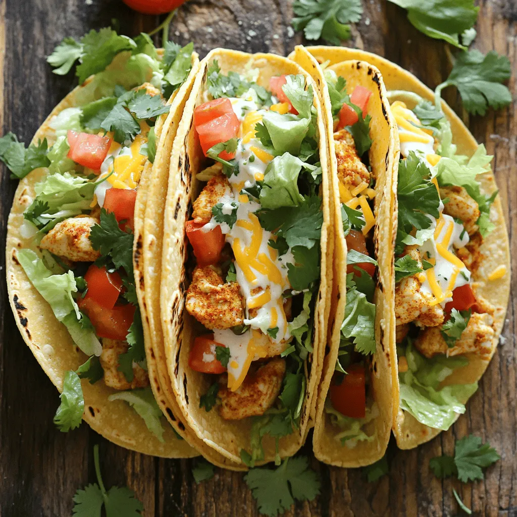 To make Minute Baked Crispy Chicken Tacos, you need some key ingredients. Here’s what you should gather: - 1 lb (450g) chicken breasts, diced into bite-sized pieces - 1 tablespoon olive oil - 8 small corn or flour tortillas - 1 cup shredded romaine or iceberg lettuce - 1 cup diced ripe tomatoes - 1 cup shredded cheese (cheddar or a Mexican blend) These ingredients form the base of your tacos. The chicken provides protein, while the tortillas hold everything together. Lettuce and tomatoes add crunch and freshness. Seasoning is crucial for tasty tacos. Use the following spices to boost flavor: - 1 teaspoon chili powder - 1 teaspoon ground cumin - 1 teaspoon garlic powder - 1/2 teaspoon smoked paprika - Salt and freshly ground black pepper to taste These spices bring warmth and depth to the chicken. They make each bite exciting. Don’t skip the salt and pepper; they enhance all the flavors. Garnishes add a lovely touch to your tacos. You can include: - 1/2 cup sour cream (optional) - Fresh cilantro leaves for garnish (optional) Sour cream gives a creamy texture. It balances the spices well. Fresh cilantro adds brightness and a pop of color. Use these garnishes for a beautiful presentation and extra flavor. First, set your oven to 400°F (200°C). This hot temperature helps the chicken cook fast and get crispy. Line a baking sheet with parchment paper. This prevents the chicken from sticking and makes cleanup easy. In a large bowl, add 1 pound of diced chicken breasts. Pour in 1 tablespoon of olive oil. Then, sprinkle in 1 teaspoon of chili powder, 1 teaspoon of ground cumin, 1 teaspoon of garlic powder, and 1/2 teaspoon of smoked paprika. Season with salt and black pepper. Mix well until every piece is coated with the spices. This step brings out amazing flavors. Spread the marinated chicken on the baking sheet. Make sure the pieces are in a single layer. Bake in the oven for 15-20 minutes. Check that the chicken reaches an internal temperature of 165°F (74°C). It should look golden and crispy on the edges. This is when it's ready to serve. While the chicken bakes, wrap 8 small tortillas in aluminum foil. Place them in the oven for the last 5-7 minutes. This warms them up without making them too crispy. Warm tortillas make the tacos taste even better. When the chicken is done, take it out and let it rest for 5 minutes. Grab a warm tortilla and fill it with the crispy chicken. Add a generous amount of shredded romaine or iceberg lettuce, diced tomatoes, and a handful of shredded cheese. For extra creaminess, add a dollop of sour cream on top. Finish with fresh cilantro for a burst of color and flavor. Enjoy your tasty tacos right away! To get your tacos super crispy, use high heat. Preheat your oven to 400°F (200°C). This temperature helps the chicken crisp up nicely. Spread the chicken pieces in one layer on your baking sheet. Crowding them can lead to steaming instead of crisping. Bake for 15-20 minutes. Keep an eye on them. You want a golden edge, not burnt. Let the chicken rest for five minutes before serving. This helps keep the juices locked inside. You can swap chicken for other proteins. Try diced turkey or shrimp if you like. For a veggie option, use black beans or lentils. These add great flavor and texture. If you want a kick, add hot sauce to the chicken mix. You can also mix in other spices like oregano or cayenne pepper. Don’t hesitate to get creative! Serve your tacos warm for the best taste. Add fresh toppings like avocado or jalapeños for extra flavor. You can also serve them with sides like rice or beans. For a fun twist, try taco night with friends. Set up a toppings bar so everyone can customize their tacos. This way, each person can create their perfect bite. Enjoy the crunch and the flavors! {{image_4}} You can swap chicken for other proteins. Ground beef, turkey, or pork works well. You can also try shrimp or fish for a fun twist. Each option brings its own flavor. Just adjust the cooking time as needed. For a vegetarian meal, use black beans or lentils. They pack protein and taste great. You can also use crumbled tofu or tempeh. For a vegan option, skip the cheese and sour cream. Instead, try avocado or a vegan yogurt. These will keep your tacos creamy and delicious. Tortilla choice can change your taco game. Corn tortillas are classic and gluten-free. Flour tortillas are soft and chewy. You can also try larger tortillas for burrito-style tacos. For a low-carb option, use lettuce wraps instead. Each type adds a unique taste and texture to your taco experience. To store leftover chicken, first let it cool. Place the chicken in an airtight container. You can store it in the fridge for up to three days. If you want to keep it longer, consider freezing it. Proper storage keeps the chicken fresh and safe to eat. Reheat the chicken in the oven for the best results. Preheat the oven to 350°F (175°C). Spread the chicken on a baking sheet. Heat it for about 10-15 minutes, or until warmed through. You can also use a microwave. Place the chicken in a bowl, cover it, and heat for about 1-2 minutes. Stir halfway for even heating. For meal prep, freeze the chicken in portions. Use freezer-safe bags or containers. Label them with the date for easy tracking. The chicken can stay frozen for up to three months. When ready to use, thaw it overnight in the fridge. Then, reheat it before using in your tacos. This method saves time and reduces waste. Yes, you can use frozen chicken for this recipe. Just make sure to thaw it first. Thawing ensures even cooking. You can thaw chicken in the fridge overnight or use the microwave. After thawing, cut it into bite-sized pieces. Then, follow the same steps to season and bake. To check if the chicken is fully cooked, use a meat thermometer. Insert it into the thickest part of the chicken. The internal temperature should reach 165°F (74°C). If you don’t have a thermometer, cut a piece open. The chicken should be white and juicy, not pink. Crispy chicken tacos go well with many sides. Here are some tasty options: - Mexican rice - Refried beans - Corn on the cob - Guacamole and tortilla chips - Salsa or pico de gallo Choose sides you love to make your meal special! You can prepare some parts of the tacos ahead of time. Cook the chicken and store it in the fridge for up to 3 days. You can also prep the toppings like lettuce and tomatoes. Just assemble the tacos right before serving for the best taste and crunch. You learned how to make crispy chicken tacos. We covered main ingredients, seasoning, and garnishes. I provided step-by-step instructions, tips for crispiness, and serving ideas. We also explored variations, storage, and answered key questions. Now, you have the tools to create delicious tacos. Get cooking and enjoy your tasty meal!