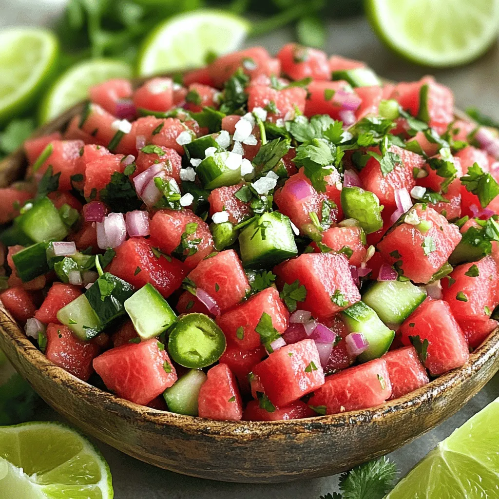- 2 cups diced fresh watermelon (preferably seedless) - 1 small cucumber, peeled and diced - 1 red bell pepper, chopped into small pieces - 1/4 cup red onion, finely chopped - 1 jalapeño, seeds removed and minced (adjust for spice preference) - 1/4 cup fresh cilantro, roughly chopped - Juice of 1 lime (about 2 tablespoons) - Salt, to taste To make a fresh and tasty watermelon salsa, you need a few key ingredients. First, choose a ripe watermelon. It should be firm and heavy for its size. A juicy watermelon gives the best flavor. Next, pick a small cucumber. Peel it first for a smoother texture. Then, chop it into small pieces. The cucumber adds a nice crunch. A red bell pepper adds sweetness and color. Chop it into small bits, just like the cucumber. You also need red onion. It gives the salsa a mild bite. Finely chop the onion to mix well with other ingredients. For heat, use a jalapeño. Remove the seeds if you want less spice. Mince it into tiny pieces. Fresh cilantro adds a bright flavor. Roughly chop it and set it aside for mixing later. Don’t forget the lime juice! It brightens the whole dish. You’ll need the juice of one lime, which is about two tablespoons. Lastly, salt is important. It enhances all the flavors. Add it to your taste. These ingredients work together to create a vibrant salsa. Each brings its own flavor, making the dish fresh and exciting. Start by dicing the watermelon into small cubes. Aim for about half-inch pieces. This size keeps the texture nice. Next, peel and dice the cucumber. It adds crunch and freshness. Chop the red bell pepper into small bits. Then, finely chop the red onion. This gives great flavor without being too strong. Finally, remove the seeds from the jalapeño, then mince it. Adjust the amount based on your spice level. When mixing, use a spatula or wooden spoon. This way, you avoid mashing the watermelon. Gently fold the ingredients together to keep the salsa fresh and bright. Add the diced watermelon, cucumber, red bell pepper, red onion, and minced jalapeño to a large mixing bowl. Mix these first. This order helps keep the watermelon intact. Then, add the chopped cilantro. Gently fold it in. This step is key because it spreads the flavor without bruising the herbs. Now, squeeze the fresh lime juice over the mixture. Use about two tablespoons. Stir everything lightly to coat the ingredients well. This step adds a bright and fresh taste. Next, season with salt. Start with a small pinch, then taste it. Adjust the salt to your liking. This seasoning enhances all the flavors. Let the salsa sit for about 10 to 15 minutes. This time lets the flavors meld beautifully. It makes the dish more vibrant and tasty. Serve it chilled or at room temperature for the best experience. To adjust spice levels, start with your jalapeño choice. Some jalapeños are mild, while others pack heat. If you want less heat, use a milder jalapeño. You can also remove more seeds and membranes. For a different flavor, try a serrano pepper or a poblano. These peppers can add unique tastes. Fresh ingredients greatly improve your salsa. Use ripe watermelon and crisp cucumbers for the best taste. You can also add extra seasoning. A pinch of garlic powder or a dash of cumin can boost flavors. Consider a splash of vinegar for a tangy twist. Fresh herbs like mint or basil can also add depth. Watermelon salsa pairs well with many dishes. It is great with grilled fish or shrimp tacos. You can also serve it with tortilla chips for a fun snack. For a creative touch, use it as a topping on burgers or chicken. Garnish with extra cilantro or lime wedges for a pop of color. {{image_4}} Want to mix things up? You can add mango or pineapple to your salsa. Both fruits bring a sweet twist. Their flavors blend well with watermelon. For a fun summer dish, try seasonal fruits like peaches or berries. Each fruit adds its own charm. Be bold and experiment with what you find at your local market. You can swap herbs to change the taste. Mint is a great choice if you want something fresh. It gives a cool flavor that pairs nicely with watermelon. Also, consider adding other veggies like diced avocado or corn. These swaps keep your salsa exciting and add different textures. Making this salsa gluten-free is easy. All the ingredients are naturally gluten-free, so you’re good to go. If you're vegan or vegetarian, this salsa fits right in. It’s fresh, vibrant, and packed with flavor. This dish can be a side for any meal or a tasty snack. You can enjoy it without worrying about dietary restrictions. To keep your leftover watermelon salsa fresh, store it in an airtight container. Make sure to seal it tightly. This keeps air out and helps maintain its vibrant flavors. You can keep it in the fridge for about 3 days. However, the salsa tastes best when fresh. Over time, the watermelon releases water, which can make the salsa watery. You can freeze watermelon salsa, but it may lose its crunch. If you decide to freeze it, use a freezer-safe container. Make sure to leave some space at the top. This allows for expansion. It’s best to consume frozen salsa within 1 month for the best flavor. When you’re ready to eat it, thaw the salsa in the fridge overnight. This helps maintain some of its texture. If you rush it and use the microwave, the salsa may become mushy. Always remember, fresh is best! Watermelon salsa lasts about 3 to 5 days in the fridge. Keep it in a sealed container. This helps keep it fresh and tasty. If you see any liquid forming, just drain it. The flavors stay vibrant for a few days. Yes, you can make watermelon salsa ahead of time! I recommend preparing it a few hours before serving. This lets the flavors mix well. Just store it in the fridge until you are ready to serve. If making it a day early, wait to add the cilantro and lime juice. This keeps them fresh and bright. Watermelon salsa is great with many dishes! Here are some ideas: - Grilled chicken or fish - Tacos or burritos - Chips or pita bread - Fresh salads - Quesadillas Feel free to get creative! This salsa adds a fun twist to your meals. In this blog post, we explored how to make refreshing watermelon salsa. You learned about key ingredients and how to prepare them. We also discussed tips for adjusting spice levels and flavor enhancements. Remember, you can swap ingredients or store leftovers easily. Enjoy this salsa with your favorite dishes, or get creative with options. Embrace variations based on what’s in season. Now, grab those fresh ingredients and start making your tasty salsa today!