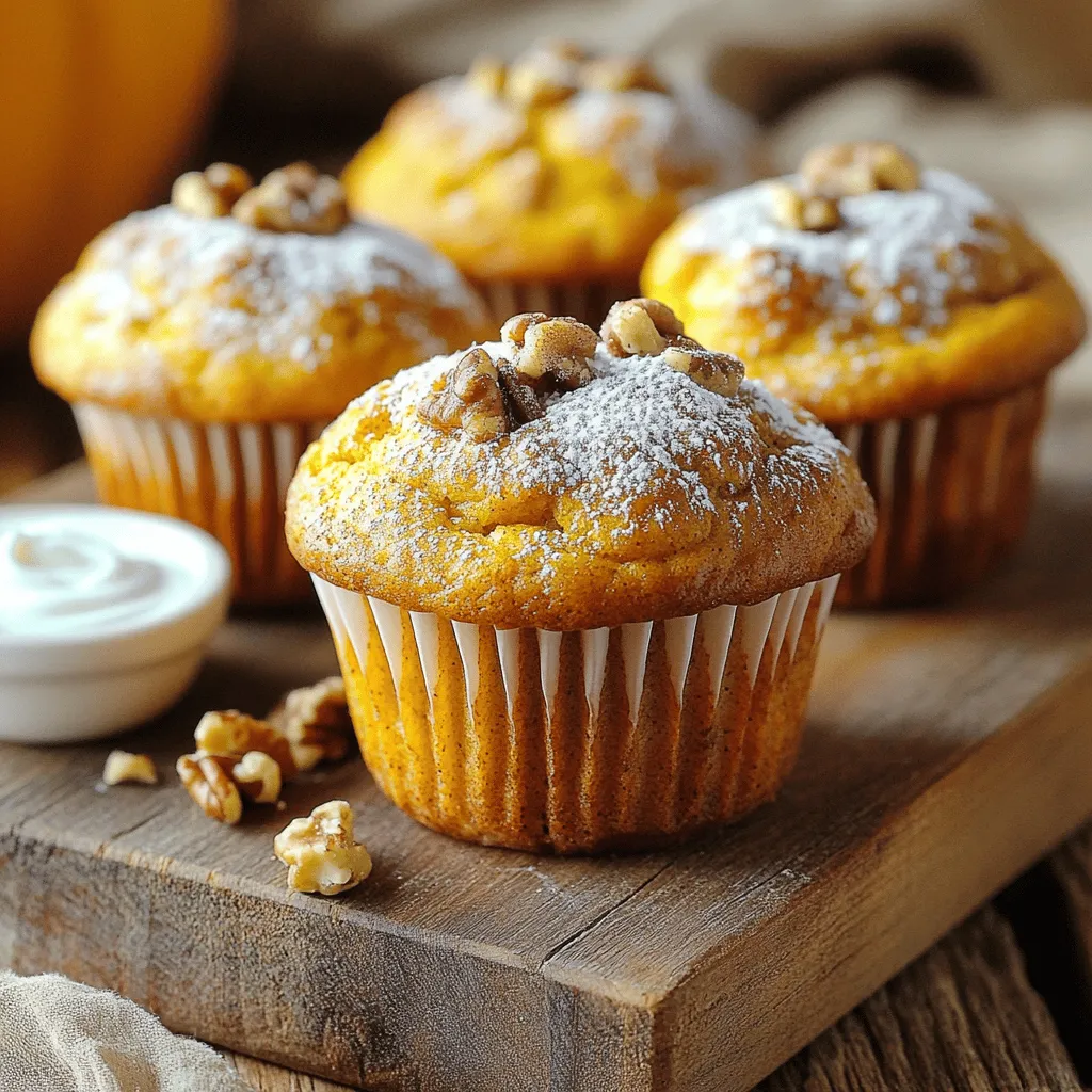 - 1 cup canned pumpkin puree - 1 cup plain Greek yogurt (unsweetened) - 1/2 cup packed brown sugar - 1/4 cup granulated sugar - 2 large eggs - 1/2 cup vegetable oil In this recipe, pumpkin puree adds moisture and flavor. Greek yogurt gives a rich creaminess and boosts protein. The sugars sweeten the muffins while keeping them soft. Eggs bind the ingredients, and oil contributes to a tender texture. - 2 cups all-purpose flour - 1 teaspoon baking powder - 1 teaspoon baking soda - 1 teaspoon ground cinnamon - 1/2 teaspoon ground nutmeg - 1/4 teaspoon ground ginger - 1/2 teaspoon salt The flour forms the base of the muffins. Baking powder and baking soda help them rise. Cinnamon, nutmeg, and ginger add warm, cozy flavors. Salt enhances all the tastes and balances sweetness. - 1/2 cup chopped walnuts or pecans Adding nuts gives a nice crunch and extra flavor. They make each bite even more delicious. You can skip them if you prefer a smoother muffin. First, preheat your oven to 350°F (175°C). This step is key to even baking. Next, prepare your muffin tin by lining it with paper liners. You can also lightly grease the cups with cooking spray. This helps the muffins come out easily after baking. In a large bowl, combine 1 cup of canned pumpkin puree and 1 cup of plain Greek yogurt. Use a whisk or spatula to blend until smooth. Next, add 1/2 cup of packed brown sugar and 1/4 cup of granulated sugar. Don't forget to crack in 2 large eggs. Whisk all these together until well mixed. Then, pour in 1/2 cup of vegetable oil and add 1 teaspoon of pure vanilla extract. Mix until everything is smooth and creamy. In a separate bowl, whisk together 2 cups of all-purpose flour, 1 teaspoon of baking powder, and 1 teaspoon of baking soda. Add 1 teaspoon of ground cinnamon, 1/2 teaspoon of ground nutmeg, 1/4 teaspoon of ground ginger, and 1/2 teaspoon of salt. This helps mix the dry ingredients evenly. Now, gently fold this dry mix into the wet mixture. Use a spatula or a wooden spoon. Avoid overmixing to keep the muffins light and fluffy. Using a spoon or an ice cream scoop, fill each muffin cup about three-quarters full with batter. This allows space for rising. Place the muffin tin in your preheated oven. Bake for 18-20 minutes. To check if they are done, insert a toothpick into the center of a muffin. If it comes out clean or with a few moist crumbs, they are ready. Once baked, let the muffins cool in the tin for about 5 minutes. After that, move them to a wire rack to cool completely. To make the best Greek yogurt pumpkin muffins, avoid overmixing. Mix just until the dry and wet ingredients are blended. Overmixing can make your muffins tough and dense. Checking for doneness is key too. Insert a toothpick into a muffin; it should come out clean or with a few crumbs. If it comes out wet, bake longer. You can serve the muffins warm or at room temperature. They taste great either way. For an extra touch, dust them with powdered sugar. You can also add a dollop of Greek yogurt on the side. This adds creaminess and pairs well with the flavors. You can prepare the batter in advance. Mix it and store it in the fridge for up to one day. When you are ready, just scoop it into the muffin tin and bake. For fresh muffins, bake them right before serving. This keeps them soft and warm, making each bite a delight. {{image_4}} You can add different flavors to your muffins. Try mixing in chocolate chips for a sweet treat. Dried fruit, like cranberries or raisins, adds a nice chew. If you want more spice, consider using pumpkin spice mix instead of individual spices. It gives a warm flavor that pairs well with pumpkin. If you need gluten-free muffins, swap all-purpose flour for a gluten-free blend. Many options work well, so choose one that you like. For non-dairy versions, use coconut yogurt or almond yogurt in place of the Greek yogurt. These will keep your muffins moist and tasty. Want mini muffins? Just adjust the baking time. Fill each mini muffin cup about halfway. Bake for only 10-12 minutes. Check for doneness by inserting a toothpick. The muffins should be firm but springy to the touch. Enjoy these bite-sized treats! To keep your Greek yogurt pumpkin muffins fresh, you can store them in the refrigerator. Place them in an airtight container. This method helps maintain their moisture and flavor. They can last up to a week in the fridge. If you want to store them for longer, freezing is a great option. Wrap each muffin tightly in plastic wrap. Then, place them in a freezer bag. They will stay fresh for up to three months. When it’s time to enjoy your muffins again, reheating is easy. The best methods are using the microwave or the oven. For the microwave, place a muffin on a plate. Heat it for about 15 seconds. Check if it is warm enough; if not, heat in 5-second intervals. For the oven, preheat it to 350°F (175°C). Place the muffins on a baking sheet and heat for 5-10 minutes. This keeps them soft and tasty. At room temperature, your muffins can last for about two days. Make sure to store them in a cool, dry place. Keep them in a container that is not airtight. This way, they won’t get soggy. If you want them to last longer, it’s best to refrigerate or freeze them. Always check for any signs of spoilage before eating! Yes, you can use fresh pumpkin. First, roast or boil fresh pumpkin until soft. Then, mash it until smooth. This will give your muffins a fresh taste. Just be sure to measure it the same as canned pumpkin. Fresh pumpkin may add a slight variation in moisture. To make these muffins healthier, try these tips: - Use whole wheat flour instead of all-purpose flour. - Reduce the amount of sugar. You can cut it by a third. - Add oats or flaxseed for extra fiber. - Swap half the oil for applesauce to cut fat. These changes keep the muffins tasty while boosting nutrition. If you don't have Greek yogurt, use these options: - Regular yogurt works well, but it may change the texture slightly. - Sour cream can add creaminess and flavor. - Silken tofu blended until smooth is a great dairy-free choice. Each option keeps your muffins moist and rich. Yes, you can make the muffins vegan. Here’s how: - Replace the eggs with flax eggs. Mix 1 tablespoon of flaxseed meal with 2.5 tablespoons of water. - Use a plant-based yogurt instead of Greek yogurt. - Substitute vegetable oil with coconut oil or another vegan oil. These swaps keep the muffins delicious and plant-based. To change the sweetness, you have a few options: - Use less sugar according to your taste. - Add mashed bananas or unsweetened applesauce for natural sweetness. - Consider using honey or maple syrup, but cut back on other liquids. These adjustments let you control the sweetness level without losing flavor. You learned how to make tasty Greek yogurt pumpkin muffins from scratch. We covered the main and dry ingredients, optional add-ins, and step-by-step baking instructions. I shared tips for perfecting your muffins and explored fun variations. Plus, I gave you storage info for keeping them fresh. Enjoy these muffins warm or at room temperature. Remember, you can swap ingredients based on your needs or preferences. Happy baking!