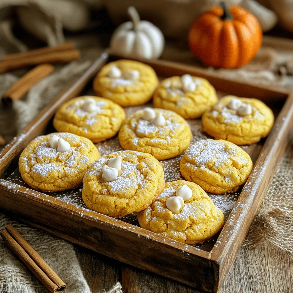 - 1 cup canned pumpkin puree - 1 cup granulated sugar - ¾ cup packed brown sugar - ½ cup unsalted butter, softened - 1 large egg - 1 teaspoon vanilla extract - 2 cups all-purpose flour - 1 teaspoon baking soda - 1 teaspoon baking powder - 2 teaspoons pumpkin pie spice - ½ teaspoon salt - 1 cup white chocolate chips or chopped pecans (optional) You can replace canned pumpkin puree with homemade puree. Just bake and blend fresh pumpkin until smooth. For butter, use coconut oil to make it dairy-free. If you want a lower sugar option, try using coconut sugar instead. You can swap white chocolate chips with dark chocolate for a richer taste. If you don’t have pumpkin pie spice, mix cinnamon, ginger, and nutmeg for a similar flavor. - 1 cup = 240 ml - ¾ cup = 180 ml - ½ cup = 120 ml - 1 teaspoon = 5 ml - 1 tablespoon = 15 ml - 2 cups flour = 240 grams - 1 cup sugar = 200 grams Understanding these conversions helps you adjust recipes easily. Always use the correct measurements for best results. First, you need to preheat your oven to 350°F (175°C). This step is key for baking. While the oven warms up, prepare two baking sheets. Line them with parchment paper to stop cookies from sticking. This makes cleanup easy. In a big bowl, add the softened butter, granulated sugar, and brown sugar. Use an electric mixer to beat them together. Mix until the mixture is light and fluffy. This should take about 2-3 minutes. This step adds air, making your cookies soft. Next, add the canned pumpkin puree, egg, and vanilla extract to the creamed mixture. Mix on medium speed until it is smooth and combined. In a separate bowl, whisk together the flour, baking soda, baking powder, pumpkin pie spice, and salt. Make sure everything is well mixed. Gradually add the dry mix to the wet mixture. Stir gently with a spatula to combine. Be careful not to overmix; this can make cookies tough. If you want, fold in the white chocolate chips or chopped pecans for extra flavor. Now, use a cookie scoop or tablespoon to drop rounded balls of dough onto the baking sheets. Leave about 2 inches of space between each ball. This space helps them spread. Bake in the preheated oven for 12-15 minutes. The edges will set, but the centers should stay soft. They will firm up as they cool. Let the cookies cool on the baking sheets for about 5 minutes. Then, transfer them to a wire rack to cool completely. To make soft pumpkin spice cookies, follow these tips. Use room temperature butter. This helps the butter blend well with the sugars. Cream the butter and sugars until light and fluffy. This adds air and keeps cookies soft. Do not overmix when adding dry ingredients. Overmixing can lead to tough cookies. Bake until the edges are set but the centers are soft. They will firm up as they cool. Pumpkin spice cookies taste great with different flavors. White chocolate chips add a sweet touch. Chopped pecans bring a nice crunch and nutty flavor. You can also add a pinch of sea salt on top for contrast. Try pairing them with chai tea or hot apple cider for a cozy drink. These drinks enhance the warm spices in the cookies. Here are some mistakes to watch out for. Using cold butter can lead to hard cookies. Always use room temperature butter for the best results. Do not skip the parchment paper. This keeps cookies from sticking and helps them bake evenly. Avoid baking too long; they should be soft in the center. Lastly, resist the urge to press down on the dough before baking. Let them puff up as they bake for that perfect soft texture. {{image_4}} You can make these cookies your own by adding fun mix-ins. I love using white chocolate chips. They add sweetness and creaminess. Chopped pecans also work well for a nice crunch. You can even try dark chocolate chips or dried cranberries for a fruity twist. Just remember to fold them in gently. This keeps the dough soft and fluffy. If you need a gluten-free version, it's easy! Swap the all-purpose flour for a gluten-free blend. Make sure the blend has a good mix of flours. This helps keep the cookies soft. You can also use almond flour or oat flour, but they may change the texture. Experiment a bit to find what you like best. Want to switch up the flavor? You can use different spices. Try nutmeg or allspice for a unique taste. Cinnamon is another great choice if you want a warm flavor. Just keep the total spice amount the same. This way, your cookies will still taste amazing. Feel free to play around with spices and see what you enjoy! To keep your soft pumpkin spice cookies fresh, place them in an airtight container. This will help them stay soft and moist for up to one week. If you stack the cookies, separate layers with wax paper. This prevents them from sticking together. You can freeze these cookies for later. First, let them cool completely. Then, place them in a single layer on a baking sheet. Freeze for about an hour until firm. After that, transfer them to a freezer-safe bag or container. They will stay fresh for up to three months. When ready to eat, just thaw them at room temperature. To keep your cookies fresh, store them in a cool, dry place. Avoid placing them near heat sources. If you want to keep them soft longer, add a slice of bread to the container. The bread will help retain moisture and keep your cookies soft and tasty. To make your pumpkin spice cookies fluffier, use baking powder. This helps the cookies rise. Also, do not overmix the dough. Overmixing can make the cookies tough. Mix until just combined for a soft texture. Yes, you can use fresh pumpkin. Just make sure to cook and puree it first. Fresh pumpkin adds a nice flavor. It may have more moisture, so drain it well. This helps keep your cookies from becoming too wet. You can use dark chocolate chips or butterscotch chips. Chopped nuts, like pecans, also work well. They add a nice crunch. You can even skip chips altogether for a more classic cookie. These cookies stay fresh for about a week. Store them in an airtight container. You can also freeze them for up to three months. Just make sure to let them cool first before freezing. We covered the key parts of making pumpkin spice cookies. You learned about the right ingredients, how to mix them, and the steps to bake. We also explored tips for texture, flavors, variations, and storing your cookies. Remember, good preparation and avoiding common mistakes lead to the best results. With this guide, you can create your perfect cookies every time. Enjoy baking and sharing them with friends!
