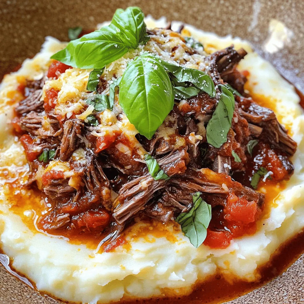 - 2 lbs bone-in beef short ribs - 1 large onion, finely diced - 2 medium carrots, diced - 2 celery stalks, diced - 4 cloves garlic, minced - 1 can (14 oz) crushed tomatoes - 2 cups rich beef broth - 2 teaspoons dried thyme - 1 teaspoon dried oregano - Salt and freshly ground black pepper, to taste - 1 bay leaf To make a great short rib ragu, you need quality beef short ribs. The bone adds flavor and richness. Fresh vegetables like onion, carrots, and celery build a solid base. Garlic brings a delightful aroma that enhances the dish. Crushed tomatoes and beef broth form a savory sauce. Thyme and oregano add warmth and depth. Don't forget salt and pepper for taste. The bay leaf helps tie all the flavors together. - 2 cups creamy mashed potatoes (prepared with butter and milk) - 1/2 cup finely grated Parmesan cheese For the Parmesan mash, start with creamy mashed potatoes. Use good butter and milk for smoothness. Grate fresh Parmesan cheese finely. This cheese adds a rich, nutty flavor that mixes well with the potatoes. The combination makes a perfect pairing with the ragu. - Fresh basil leaves - Additional Parmesan cheese for serving Garnishing your dish makes it look special. Fresh basil leaves add a pop of color and a hint of freshness. A sprinkle of extra Parmesan cheese gives a nice touch of flavor and texture. These garnishes elevate your dish to the next level. - Seasoning the ribs: Start by seasoning the beef short ribs with salt and black pepper. Make sure to cover all sides. This step adds rich flavor. - Searing technique for maximum flavor: Heat the olive oil in a heavy pot over medium-high heat. When the oil shimmers, add the ribs. Sear them for about 8-10 minutes until they turn golden brown. This step locks in flavor and gives a nice crust. - Sautéing onions, carrots, and celery: After searing the ribs, lower the heat to medium. Add the diced onion, carrots, and celery. Cook these vegetables for about 5-7 minutes. Stir frequently until they soften and smell great. - Importance of timing for garlic: Add the minced garlic last, cooking it for just one minute. Garlic can burn quickly, so watch it closely. This brings out its sweet, rich flavor. - Combining all ingredients for a cohesive flavor: Return the seared ribs to the pot. Pour in the crushed tomatoes and beef broth. Add dried thyme, oregano, and a bay leaf. Stir everything together well. - Simmering tips for tender meat: Bring the mixture to a gentle simmer, then cover the pot. Lower the heat and let it cook for 2-3 hours. This slow cooking makes the meat tender and full of flavor. - Shredding the meat off the bones: After cooking, take the ribs out and let them cool. Remove the bones, then shred the meat into bite-sized pieces. - Final cooking to meld the flavors: Put the shredded meat back in the pot. Let it simmer for another 15-20 minutes. This helps all the flavors blend nicely. - Techniques for creamy mashed potatoes: While the ragu simmers, prepare your mashed potatoes. Boil potatoes and mash them well. Use butter and milk for that creamy texture. - Incorporating Parmesan cheese effectively: Fold in the grated Parmesan cheese until it’s mixed in well. This adds a rich, cheesy flavor to the mash. - Spoon the ragu over the mash: To serve, place a generous scoop of ragu on top of your creamy mash. The sauce will soak into the potatoes, creating a delicious bite. - Optional presentation tips: For a nice touch, add fresh basil leaves and a sprinkle of extra Parmesan on top. This makes the dish look great and adds fresh flavor. - Selecting the right cut and quality of beef: Look for bone-in beef short ribs. They add flavor and moisture. Choose ribs with good marbling. This fat keeps the meat tender and juicy. - Necessary cooking times for various textures: For tender meat, simmer your short ribs for 2-3 hours. Low heat helps break down tough fibers. Check for doneness; the meat should fall off the bone easily. - Adding wine or other herbs for depth: Red wine adds complexity. A cup of dry red wine can deepen the taste. Fresh herbs like rosemary or thyme can also boost flavor. - Choosing the right beef broth: Use a rich, low-sodium beef broth. This allows you to control the salt level. Homemade broth is best, but store-bought works too. - Techniques to avoid lumps: Use a potato ricer for smooth mash. If you don't have one, mash the potatoes thoroughly. Make sure to incorporate the warm milk and butter slowly. - Flavor variations (e.g., adding garlic or herbs): Try adding roasted garlic for a sweet touch. Fresh chives or parsley can brighten the flavor. Mix in cheese for extra creaminess; it pairs well with the ragu. {{image_4}} You can cook short rib ragu in different ways. The two most common methods are the slow cooker and the traditional pot. Using a slow cooker makes it easy. You can set it and forget it. Just sear the ribs first, then add all ingredients and let it cook for 6-8 hours. This method gives you tender meat and rich flavor. The traditional pot method is faster. It takes about 2-3 hours on the stove. You get to sauté the veggies and sear the meat, adding depth to the taste. Both methods work well, but choose what fits your schedule. If you want a vegetarian ragu, you can use mushrooms or jackfruit. Mushrooms add a meaty texture. Use a mix of shiitake and portobello for the best flavor. Just sauté them like you would the ribs. Jackfruit is another great choice. It mimics the texture of pulled meat. Use canned young jackfruit and shred it after cooking. Add your spices and let it simmer. Both options create a hearty meal without meat. Seasonal ingredients can change your ragu. In spring, add fresh peas or asparagus. In summer, use zucchini or bell peppers. These add bright flavors and colors. In fall, consider using butternut squash or mushrooms for warmth. In winter, root vegetables like parsnips work well. Adjust the veggies based on what you find at the market. This keeps your dish fresh and exciting all year round. To keep your short rib ragu fresh, store it in the fridge. Use airtight containers to prevent spills and keep moisture in. The ragu will last for about three to four days. Make sure to cool it down before sealing it up. For the mashed potatoes, store them in a separate container. They will stay fresh for about three days too. You can freeze both the ragu and the mashed potatoes. For the ragu, let it cool completely. Then, place it in freezer-safe bags. Squeeze out the air before sealing. This helps avoid freezer burn. The ragu can stay frozen for up to three months. For the mashed potatoes, scoop them into a container. Label it with the date before freezing. They will last about two months in the freezer. When you're ready to enjoy your leftovers, you can reheat them easily. For the ragu, heat it in a pot over medium heat. Stir it often to keep it from sticking. You can add a splash of beef broth if it's too thick. For the mashed potatoes, warm them in the microwave. Stir them halfway through to heat evenly. If they seem dry, mix in a little milk or butter. This will keep them creamy and delicious. It takes about 3 hours and 20 minutes to make this dish. You need 20 minutes for prep and 3 hours for cooking. The long simmer helps the meat become tender and juicy. Yes, you can use other meats like chuck roast or lamb shanks. They will work well and give you nice flavors. Just adjust the cooking time based on the meat's tenderness. Pair this dish with a simple green salad or some crusty bread. A light red wine also enhances the meal nicely. These sides balance the rich flavors of the ragu. To serve more people, simply double the ingredients. Ensure you have a large enough pot to cook everything together. Adjust cooking times slightly if needed, but the process stays the same. Absolutely! You can cook the ragu a day before and refrigerate it. The flavors will improve overnight. Just reheat it gently before serving, and enjoy the rich taste! This blog post covered how to make a delicious short rib ragu and creamy Parmesan mash. We discussed key ingredients, preparation steps, and tips for great flavor. I shared ways to enhance your ragu with optional garnishes and variations like vegetarian options. Cooking can be fun and rewarding. Follow these steps to impress your family and friends. Enjoy your meal, and remember that practice makes perfect!