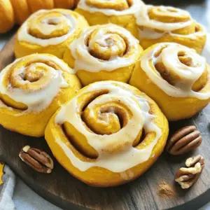 To make fluffy pumpkin cinnamon rolls, gather these key ingredients: - 2 cups all-purpose flour, plus extra for dusting - 1 cup canned pumpkin puree - 1/4 cup warm milk (around 110°F/43°C) - 1/4 cup granulated sugar - 2 1/4 teaspoons active dry yeast (1 packet) - 1/2 teaspoon salt - 1/2 teaspoon ground cinnamon - 1/4 teaspoon ground nutmeg - 1/4 cup unsalted butter, melted - 1 large egg, at room temperature - 1/2 cup packed brown sugar - 1 tablespoon ground cinnamon for filling - 1/4 cup chopped pecans or walnuts (optional, for added crunch) - 1 cup powdered sugar - 2-3 tablespoons milk for icing Each ingredient plays a role in creating that perfect fluffy texture. The all-purpose flour gives structure. The pumpkin puree adds moisture and flavor. The warm milk activates the yeast, helping the dough rise. You can add chopped nuts for a nice crunch. They bring a different texture, making each bite special. Make sure to measure each ingredient carefully. This ensures your rolls turn out just right. A small mistake in measurements can change the final result. Enjoy crafting these delightful treats! 1. Activating the yeast: Start by mixing the warm milk and active dry yeast in a small bowl. Let it sit for about 5 minutes. It should become frothy. This means the yeast is ready to work. 2. Mixing dry ingredients: In a large bowl, whisk together 2 cups of all-purpose flour, 1/4 cup of granulated sugar, 1/2 teaspoon of salt, 1/2 teaspoon of ground cinnamon, and 1/4 teaspoon of ground nutmeg. This will blend the flavors. 3. Combining wet and dry: Add 1 cup of canned pumpkin puree, 1/4 cup of melted unsalted butter, and 1 large egg to the dry mix. Stir until it forms a thick dough. 4. Kneading the dough: Turn the dough onto a floured surface. Knead it for 5 to 7 minutes until it feels smooth and elastic. 5. First rise: Place the dough in a lightly greased bowl. Cover it with a kitchen towel and let it rise in a warm area for about 1 hour. It should double in size. 1. Rolling out the dough: After the dough rises, gently punch it down. Roll it out on a floured surface into a rectangle about 1/4 inch thick. 2. Adding filling: Brush the rolled dough with melted butter. Evenly sprinkle 1/2 cup of packed brown sugar, 1 tablespoon of ground cinnamon, and chopped nuts if you want. 3. Forming cinnamon rolls: Starting from the longer edge, tightly roll the dough into a log. Slice it into 12 equal pieces to create your rolls. 4. Second rise: Arrange the sliced rolls in a greased baking dish. Cover with a towel and let them rise for another 30 minutes. 1. Preheating the oven: While the rolls rise, preheat your oven to 350°F (175°C). 2. Baking the rolls: Bake the rolls in the preheated oven for 20 to 25 minutes. They should turn golden brown on top. 3. Tips for perfect rolls: Keep an eye on the color. They should look golden but not too dark. A toothpick can help check if they are done inside. These steps will lead you to fluffy pumpkin cinnamon rolls that are soft and delicious. Enjoy the process, and let the aroma fill your kitchen! Ensuring yeast activation Always check your yeast. Mix the warm milk and yeast. Wait for 5 minutes. If it’s frothy, it’s ready. If not, your yeast may be dead. Start over for best rolls. Properly measuring ingredients Use measuring cups for dry ingredients. Level them off with a knife. For liquids, use a clear measuring cup. This keeps your dough just right. Too much flour or too little liquid can ruin your rolls. Techniques for optimal dough texture Knead your dough until it feels smooth. Use a floured surface. Kneading helps develop gluten. This makes the rolls light and fluffy. Don’t rush this step; it’s key to great texture. Allowing sufficient rising times Let your dough rise in a warm spot. Cover it with a towel to keep warmth in. The first rise should take about 1 hour. The second rise is about 30 minutes. This time helps the dough grow and become airy. Pairing ideas and presentation tips to enhance flavor Serve warm rolls on a wooden board. Drizzle with icing for a sweet touch. Sprinkle a little cinnamon on top. Adding pecans gives extra crunch. Pair with coffee or tea for a cozy treat. {{image_4}} You can change up the flavor of your pumpkin cinnamon rolls easily. Try adding a pinch of ground ginger or cardamom for a warm twist. You can also use vanilla or almond extract for a rich taste. For the icing, swap milk for cream cheese. This creates a rich, tangy topping. You can also add maple syrup for a sweet, fall vibe. If you need a gluten-free option, use a mix of gluten-free flour. Look for blends that include xanthan gum. This helps keep the rolls fluffy. For a vegan version, replace the butter with coconut oil or vegan butter. Use flax eggs instead of a real egg. To make a flax egg, mix one tablespoon of ground flaxseed with three tablespoons of water. Let it sit for a few minutes to thicken. Pumpkin isn’t the only fall flavor! You can add apples or pears for a fruity touch. Throw in some cranberries for a pop of color and flavor. For holiday gatherings, try adding chocolate chips or caramel bits. Mix in nuts like pecans or walnuts for more crunch. These tweaks make your rolls festive and fun! To keep your fluffy pumpkin cinnamon rolls fresh, store them properly. Place the rolls in an airtight container. You can also wrap them tightly in plastic wrap. This keeps air out and moisture in. For the best taste, eat the rolls within three days. If you need to store them longer, put them in the fridge. They will stay good for about one week in the fridge. You can also freeze them. Wrap each roll in plastic wrap, then in foil. Frozen rolls are best for up to three months. When it’s time to enjoy your rolls again, reheating is key. You can use the microwave or the oven. For the microwave, place a roll on a plate. Heat it for about 15-20 seconds. Check it to make sure it’s warm, not hot. If you want a crispy outside, use the oven. Preheat it to 350°F (175°C). Place the rolls on a baking sheet. Heat for about 10 minutes. This method keeps the texture soft and the flavors bright. For day-old rolls, adding a little butter before reheating helps revive them. This makes them taste fresh again. Enjoy your rolls warm with icing for a perfect treat! Yes, you can prepare the dough a day ahead. Mix the dough and let it rise. After it rises, punch it down and wrap it tightly. Store it in the fridge overnight. The next day, let it come to room temperature, then roll and fill it. You can also bake the rolls, cool them, and store them in an airtight container. They stay fresh for about 2 days. Reheat them in the oven before serving for the best taste. Look for the dough to double in size. It should feel soft and airy. When you poke it lightly with your finger, it should spring back slowly. If it does not spring back, it is ready. Make sure to cover the dough with a towel while it rises. This keeps it warm and moist. Rising time usually takes about 1 hour. If your rolls are too dense, check your yeast. If it is old or inactive, it won’t rise well. Always activate yeast in warm milk before mixing it in. Next, ensure you knead the dough enough. Kneading helps develop gluten, which makes the rolls light. If your dough seems too dry, add a little more milk. In future batches, measure your ingredients carefully. This helps keep the dough light and fluffy. This article covered making perfect cinnamon rolls with pumpkin. You learned about the key ingredients, step-by-step instructions, and useful tips. Remember to activate your yeast and let the dough rise. Try adding nuts or different spices for unique flavors. Store your rolls properly to keep them fresh. Whether for a family treat or a holiday gathering, these rolls are sure to please. Enjoy the process and share your tasty results!