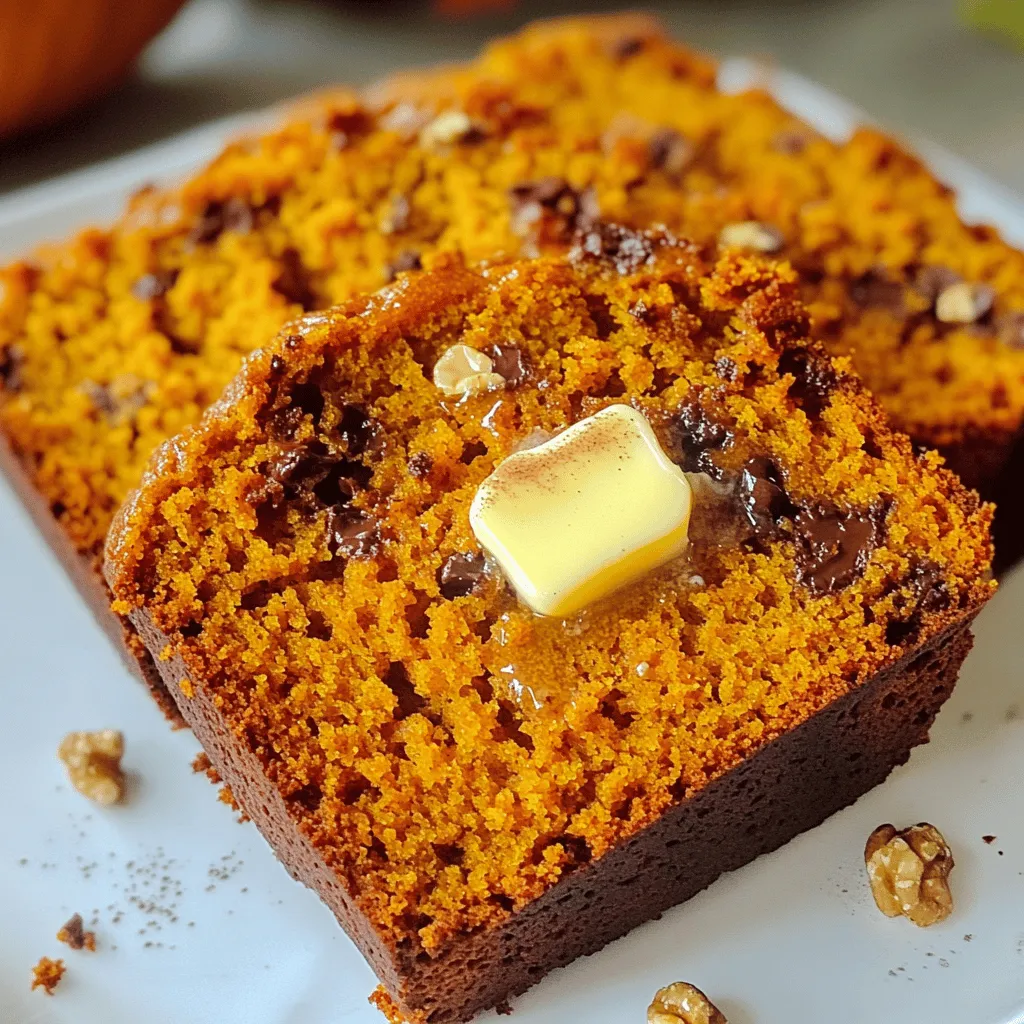 - 1 cup canned pumpkin puree - 1/2 cup vegetable oil - 1/2 cup unsweetened applesauce - 1 cup packed brown sugar - 1/2 cup granulated sugar The main ingredients of this pumpkin bread are quite simple. Canned pumpkin puree is the star. It gives the bread its rich flavor and moist texture. I use vegetable oil and applesauce to keep it tender. The mix of brown and granulated sugars adds sweetness and depth. - 2 cups all-purpose flour - 1 teaspoon baking soda - 1/2 teaspoon baking powder - 1 teaspoon ground cinnamon - 1/2 teaspoon ground nutmeg - 1/4 teaspoon ground ginger - 1/2 teaspoon salt Now, let’s talk about dry ingredients. All-purpose flour provides the structure. Baking soda and baking powder help it rise. The spices add warmth and flavor. Cinnamon, nutmeg, and ginger create a cozy taste. Salt balances the sweetness and brings out the flavors. - 1/2 cup chopped walnuts or pecans - 1/2 cup chocolate chips You can make this bread even better with optional add-ins. Chopped walnuts or pecans add crunch. If you love chocolate, mix in some chocolate chips. They melt and create sweet pockets in the bread. You can customize it to fit your taste! - Preheat the oven to 350°F (175°C). - Prepare a 9x5-inch loaf pan by greasing it with butter or cooking spray. Dust it with flour, or line it with parchment paper. - In a large bowl, combine 1 cup of canned pumpkin puree, 1/2 cup of vegetable oil, and 1/2 cup of unsweetened applesauce. Mix until smooth. - Add 1 cup of packed brown sugar and 1/2 cup of granulated sugar. Stir until the mixture is uniform and lump-free. - Beat in 3 large eggs one at a time. Make sure each egg blends well before adding the next. Finally, stir in 1 teaspoon of vanilla extract. - In another bowl, whisk together 2 cups of all-purpose flour, 1 teaspoon of baking soda, 1/2 teaspoon of baking powder, 1 teaspoon of ground cinnamon, 1/2 teaspoon of ground nutmeg, 1/4 teaspoon of ground ginger, and 1/2 teaspoon of salt. - Gradually add the dry mixture into the wet ingredients. Use a spatula to gently fold until just combined. A few lumps are okay; do not overmix. - If you want, fold in 1/2 cup of chopped walnuts or pecans and/or 1/2 cup of chocolate chips. This step adds extra flavors and textures. - Pour the batter into the prepared loaf pan. Use the spatula to smooth the top for even baking. Using canned pumpkin puree is key. It adds moisture and flavor. Make sure it's pure pumpkin, not pie filling. This gives your bread the right texture and taste. Measuring flour correctly is also crucial. Use a spoon to scoop flour into your measuring cup. Then, level it off with a knife. Avoid packing the flour down. Too much flour makes the bread dry. Do not overmix the batter. Mixing too much can make the bread tough. Stir just until ingredients combine. A few lumps are okay. This keeps the bread soft and moist. When folding in ingredients, use a spatula. Gently lift and turn the batter. This method helps keep the air in the batter. It helps your bread rise nicely. Set your oven to 350°F (175°C). This temperature bakes the bread evenly. Bake for 60 to 70 minutes. Check for doneness by inserting a toothpick into the center. If it comes out clean, your bread is ready. Using a toothpick is simple and effective. It helps you avoid cutting into the bread too soon. Wait until it cools a bit to enjoy its full flavor. {{image_4}} You can make pumpkin bread even better by adding spices. Try allspice or cloves for a warm kick. These spices bring out the pumpkin flavor and make your bread feel cozy. You can also swap in different sugars. Coconut sugar adds a unique taste and a deeper color. It makes your bread slightly caramel-like, which is a delightful twist. Want to make the bread gluten-free? Use almond flour or a gluten-free blend instead of all-purpose flour. This keeps the bread soft and tasty. If you need a vegan option, replace eggs with flax eggs or applesauce. Use almond milk in place of dairy. These swaps maintain the moist texture and flavor you love. Add seasonal ingredients to shake things up! Dried cranberries or raisins add a sweet chewiness. They also bring a pop of color to your loaf. For a chocolate twist, mix in chocolate chips. This creates a rich, decadent bread that’s perfect for any occasion. Each variation allows you to adapt the recipe to your taste and the season. To keep your pumpkin bread fresh for a few days, store it at room temperature. The best way is to use an airtight container. This prevents air from drying out your bread. Place a piece of wax paper or parchment between the bread and the lid for extra moisture. You can also wrap the bread tightly in plastic wrap. This method keeps it soft and delicious. For longer storage, freezing is a great option. Wrap your bread tightly in plastic wrap, then in aluminum foil. This protects it from freezer burn. You can also use a freezer bag. Make sure to squeeze out all the air. When you want to eat it, take it out and let it thaw in the fridge overnight. For a quick fix, you can microwave slices for about 15-20 seconds. Pumpkin bread stays fresh for about 3 to 5 days at room temperature. In the fridge, it can last up to a week. If you freeze it, it can be good for up to 3 months. Signs that your bread has gone bad include mold, a dry texture, or an off smell. Always check before eating! Pumpkin bread gets its moisture from a blend of key ingredients. The canned pumpkin puree is the star here. It has a lot of water and fiber. This helps make the bread soft. Vegetable oil also plays a big role. It keeps the bread rich and moist. Unsweetened applesauce adds even more moisture and flavor. Using both brown and granulated sugars gives a nice texture too. Brown sugar has more moisture than white sugar. Yes, you can change the sugar levels in the recipe. If you want less sugar, use less brown sugar. You can cut it by a quarter cup. For a natural sweetener, try using honey or maple syrup. Remember, these may change the texture a bit. If you use liquid sweeteners, reduce the oil slightly. This keeps the texture right. To check if your pumpkin bread is done, use a toothpick. Insert it into the center of the loaf. If it comes out clean, the bread is ready. If there is batter on the toothpick, bake a bit longer. Keep the oven door closed to avoid losing heat. This method will not harm your loaf. You can use different types of loaf pans for baking pumpkin bread. A metal pan works well and gives a nice crust. Glass pans are good too, but they may need a few extra minutes. If you use a silicone pan, the bread may bake faster. Always remember to grease the pan or line it with parchment paper. This helps the bread come out easily. Ultra moist pumpkin bread is a delight that brings warmth and joy. You learned the key ingredients like canned pumpkin, oils, and sugars. We explored important tips on mixing and baking for the best texture. You can also enjoy various flavors and storage options to keep it fresh. Remember, small changes can make a big difference. So, bake, share, and enjoy your creation with family and friends. Your pumpkin bread can become a favorite in no time!