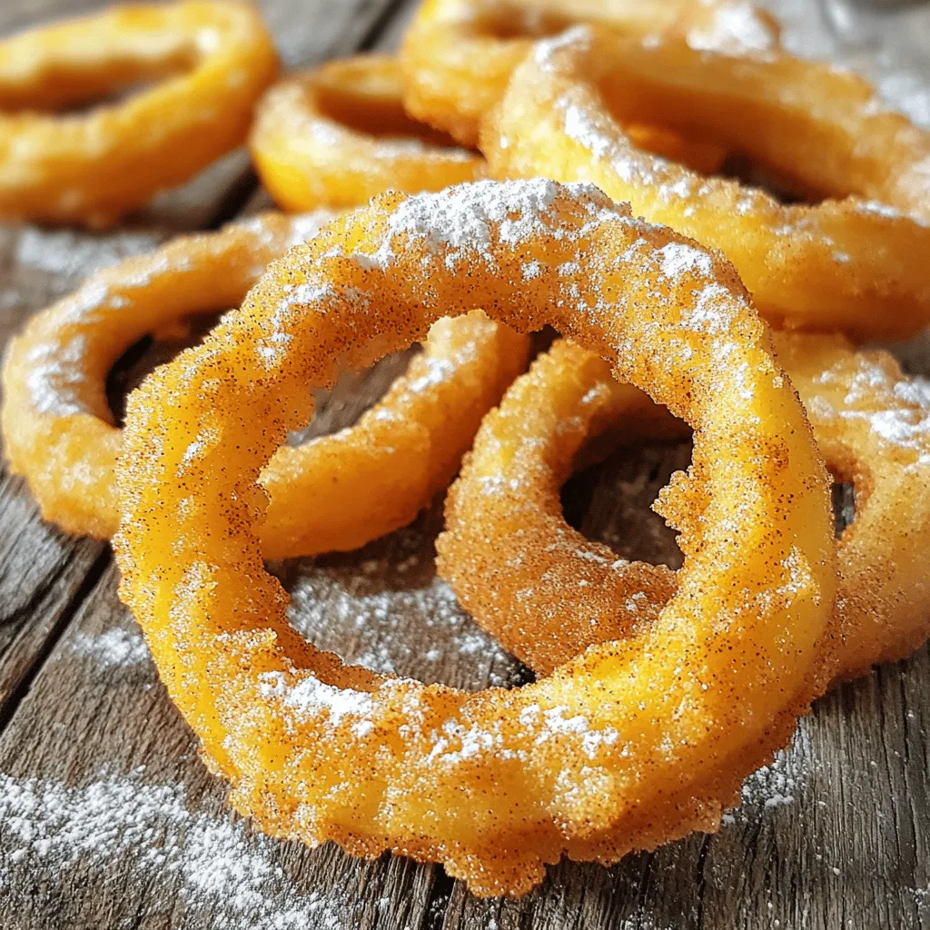 - 3 medium apples (preferably Granny Smith or Honeycrisp) - 1 cup all-purpose flour - 1 teaspoon baking powder - 1 tablespoon ground cinnamon - 1/4 teaspoon ground nutmeg - 1/2 cup granulated sugar - 1/2 cup milk - 1 large egg - 1 teaspoon vanilla extract - Oil for frying (vegetable or canola recommended) - Powdered sugar for dusting (optional) Fried cinnamon apple rings are fun to make. You need fresh apples. Granny Smith or Honeycrisp apples work best. They give a nice tart flavor. The batter is simple. You mix flour, baking powder, cinnamon, nutmeg, and sugar. Next, you add milk, egg, and vanilla extract. This blend makes a smooth batter. The batter should be thick enough to coat the apple rings well. You also need oil for frying. Vegetable or canola oil heats evenly. It creates a nice crispy texture. Don't forget the powdered sugar! It’s optional but adds sweetness. You can dust it over the warm apple rings. For the full recipe, you can check the instructions later. First, grab three medium apples. I like using Granny Smith or Honeycrisp for their crispness. Core and slice each apple into 1/4 inch thick rings. Make sure to remove all the seeds. This step is important to avoid any unpleasant bites when you enjoy your treat. Next, we’ll make the batter. In a large mixing bowl, combine the following dry ingredients: - 1 cup all-purpose flour - 1 teaspoon baking powder - 1 tablespoon ground cinnamon - 1/4 teaspoon ground nutmeg - 1/2 cup granulated sugar In a separate bowl, whisk together the wet ingredients: - 1/2 cup milk - 1 large egg - 1 teaspoon vanilla extract Once mixed, gently combine the wet and dry ingredients. Stir until the batter is thick and smooth. It should have a slightly fluffy texture that will coat the apple rings well. Now, let’s heat the oil. In a deep frying pan, pour enough oil for frying. Heat it to 350°F (175°C). To test if the oil is ready, drop a small spoonful of batter into it. If it sizzles and rises, you’re good to go! Carefully dip each apple ring into your batter. Make sure each ring is fully coated. Gently place the battered rings into the hot oil. Be careful not to overcrowd the pan. Fry each ring for about 2-3 minutes per side. They should turn golden brown and crispy. Once they’re golden brown, use a slotted spoon to remove the rings from the oil. Place them on a plate lined with paper towels. This helps drain any excess oil, keeping them less greasy. For the final touch, mix ground cinnamon and sugar in a small bowl. While the apple rings are still warm, sprinkle this mixture generously over them. You can also toss the rings in the mixture for an even coating. You can find the full recipe for these crispy fried cinnamon apple rings in the earlier sections. Enjoy your delightful treat! - Ensure oil is at the right temperature for even frying. Heat it to 350°F (175°C). - Do not overcrowd the pan while frying. This helps the rings cook evenly and stay crispy. - Serve with powdered sugar and cinnamon sugar for added flavor. The sweetness enhances the taste. - Garnish with thin apple slices for an attractive presentation. This makes your dish look more inviting. - Use a deep frying pan or pot for best results. This gives you enough space for frying. - A slotted spoon is great for easy handling. It helps drain excess oil and keeps the rings crispy. For the full recipe, remember to check the earlier sections! {{image_4}} You can change the taste by using different apple types. Granny Smith apples give a tart flavor. Honeycrisp apples add a sweet crunch. Try Fuji apples for a balance of sweet and tart. Each type brings its own flavor, making your apple rings unique. If you need a gluten-free version, swap the all-purpose flour. Use almond flour or a gluten-free baking mix. These options work well, keeping the rings light and tasty. Just ensure your baking powder is also gluten-free. This way, everyone can enjoy this sweet treat. While cinnamon is classic, you can try other spices. Nutmeg adds warmth and depth. Allspice gives a hint of clove and pepper. You can even mix these spices for a unique blend. Experimenting with flavors makes each batch exciting. To keep your fried cinnamon apple rings fresh, store them in an airtight container. Place a paper towel at the bottom to absorb any moisture. Make sure they cool completely before sealing. This helps prevent sogginess. You can keep them in the fridge for up to three days. If you want them to last longer, freezing is a great option. When it's time to enjoy leftovers, you want them crispy again. Preheat your oven to 350°F (175°C). Place the apple rings on a baking sheet. Bake for about 10 minutes or until they feel warm and crispy. This method works better than the microwave, which can make them soggy. To freeze your fried apple rings, first cool them completely. Arrange them in a single layer on a baking sheet. Freeze for about an hour. Once frozen, transfer them to a freezer-safe bag. Be sure to remove as much air as possible. They can stay good for up to three months. When you're ready to eat, thaw them in the fridge overnight before reheating. For fried apple rings, I recommend using Granny Smith or Honeycrisp apples. These apples have a firm texture and a nice tartness. Their crispness holds up well during frying, giving you a perfect bite. Other good choices include Fuji or Braeburn apples, which offer a sweeter flavor. To make a fluffier batter, use cold milk and a fresh egg. Whisk the wet ingredients separately before adding them to the dry mix. This helps trap air, creating a lighter texture. You can also add a little baking powder to boost the fluffiness. Be careful not to overmix; a few lumps are okay! Yes, you can bake the apple rings for a healthier option. Preheat your oven to 400°F (200°C). Arrange the battered apple rings on a baking sheet lined with parchment paper. Spray them lightly with cooking oil. Bake for about 15-20 minutes, flipping halfway through, until golden brown. Fried cinnamon apple rings stay fresh for about 1-2 days at room temperature. To keep them longer, store them in an airtight container in the fridge. For the best taste, eat them within the first day. I love serving fried cinnamon apple rings warm. They pair well with vanilla ice cream or whipped cream. You can also dust them with powdered sugar for extra sweetness. For a fun twist, try drizzling caramel sauce on top! You can find the full recipe for crispy fried cinnamon apple rings in this article. It's easy to follow and perfect for your next treat! Fried cinnamon apple rings are a tasty treat made with just a few simple ingredients. You learned how to prepare the apples, make the batter, and fry the rings for the perfect crunch. Remember to keep the oil hot and not overcrowd the pan for the best results. You can also personalize these rings by trying different apple types and flour options. Enjoy making and sharing this fun snack with friends and family!