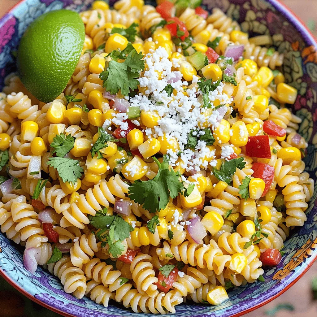 - 8 oz small pasta (elbow or rotini) - 2 cups corn kernels (fresh, frozen, or canned) - 1 red bell pepper, diced - 1/2 red onion, finely chopped - 1 jalapeño, finely diced (seeds removed for desired heat level) - 1/2 cup crumbled cotija cheese - 1/4 cup fresh cilantro, chopped - 1/4 cup mayonnaise - 2 tablespoons sour cream - 1 tablespoon freshly squeezed lime juice - 1 teaspoon chili powder - Salt and pepper, to taste You can add more flavor and color with these: - Extra crumbled cotija cheese - Fresh cilantro leaves - Lime wedges for squeezing - A sprinkle of chili powder If you can’t find something, try these swaps: - Use any small pasta shape you love, like shells. - Swap cotija cheese for feta if needed. - For a dairy-free option, use vegan mayo and sour cream. - Swap lime juice for lemon juice for a different twist. - Use any fresh herbs you like, such as parsley or basil. Start by boiling a large pot of salted water. Once it boils, add 8 oz of small pasta. Cook it for about 8 to 10 minutes until it's al dente. After that, drain the pasta in a colander. Rinse it under cold water. This stops the cooking and cools it down. If you're using fresh corn, brush the ears with olive oil. Grill the corn over medium-high heat for about 10 to 12 minutes until it's charred. Once it's cool, cut the kernels off the cob. For frozen corn, boil it for about 3 to 5 minutes. Drain it well. If you have canned corn, just drain and rinse it under cold water. In a big mixing bowl, combine the cooled pasta with the corn. Add 1 diced red bell pepper, 1/2 finely chopped red onion, and 1 finely diced jalapeño. If you want less heat, remove the jalapeño seeds. Don't forget to add 1/2 cup of crumbled cotija cheese. Stir everything gently to mix the ingredients well. In a small bowl, whisk together 1/4 cup of mayonnaise, 2 tablespoons of sour cream, and 1 tablespoon of freshly squeezed lime juice. Add 1 teaspoon of chili powder, salt, and pepper. Mix until it's smooth and creamy. Taste it and adjust the seasoning if needed. Now, pour the dressing over the pasta and vegetable mix. Use a spatula to fold everything together. Make sure all the pasta and veggies get coated in the creamy dressing. Sprinkle 1/4 cup of chopped cilantro over the salad. Lightly fold it in to keep the cilantro fresh. Cover the salad with a lid or plastic wrap. Place it in the fridge for at least 30 minutes. This helps the flavors to blend and taste even better. To cook pasta just right, start with a large pot of salted water. Bring it to a boil. Once boiling, add your small pasta, like elbow or rotini. Cook it for 8-10 minutes until it feels firm yet tender, also known as al dente. When it's done, drain the pasta in a colander. Rinse it under cold water to stop the cooking. This keeps the pasta from getting mushy. Grilling fresh corn gives the best flavor. Brush it with olive oil and grill on medium-high heat. Turn it often until it becomes charred and tender. This takes about 10-12 minutes. If you use frozen corn, boil it for about 3-5 minutes. Canned corn is easier; just drain and rinse it. Each option works, but fresh corn adds that special smoky taste. You can adjust the flavors to your taste. Want it spicier? Add more diced jalapeño or a pinch of chili powder. If it needs more zest, squeeze in extra lime juice. Taste the dressing and add salt or pepper as needed. Don’t be afraid to experiment! Each adjustment can make your salad unique. {{image_4}} To make this pasta salad vegan, swap the cotija cheese for a plant-based cheese. You can also use vegan mayo instead of regular mayonnaise. This keeps the creamy flavor while making it plant-friendly. Fresh lime juice adds a bright taste. The corn brings sweetness and crunch. You won’t miss the dairy! If you need a gluten-free version, choose gluten-free pasta. There are many types available now, like rice or quinoa pasta. Check the labels to ensure they're truly gluten-free. The rest of the ingredients are naturally gluten-free. This way, everyone can enjoy the salad. To boost the flavor, try adding avocado for creaminess. Chopped green onions give a nice crunch, too. A dash of smoked paprika can add depth to the dressing. For extra zest, mix in a bit of hot sauce. Each of these boosts the taste and adds variety to the dish. To store leftovers, place the salad in an airtight container. Make sure to seal it well. This keeps the flavors fresh and prevents spills. If you have any extra lime wedges or cilantro, store them separately. They can lose their taste when mixed in. This pasta salad tastes best cold. You can serve it straight from the fridge. If you like it warm, microwave it in short bursts. Heat for 10-15 seconds at a time. Stir between each burst to warm it evenly. Be careful not to overheat; this can change the texture. The salad lasts about 3-4 days in the fridge. Keep an eye on the veggies; they can wilt over time. I don’t recommend freezing this salad. The pasta and veggies may become mushy when thawed. Instead, enjoy it fresh for the best taste and texture. Yes, you can make this salad ahead of time. It tastes even better when chilled. I recommend making it a few hours before serving. This way, the flavors blend nicely. If you can't find cotija cheese, use feta cheese. It has a similar crumbly texture and salty taste. You can also try queso fresco for a milder flavor. To add heat, use more jalapeño or add chopped serrano peppers. You can also sprinkle in some cayenne pepper or hot sauce. Start small, then taste as you go. Small pasta works best for this salad. I suggest elbow or rotini. These shapes hold the dressing and mix well with the other ingredients. You can serve it warm, but it tastes best cold. The chill helps the flavors pop. If you prefer warm, mix in the dressing right after cooking. Feel free to get creative! Diced cucumbers, cherry tomatoes, or even avocado can add great flavors. Just make sure to chop them small to mix well. In this blog post, we explored the key ingredients for a delicious pasta salad. We covered the cooking steps, tips for perfect pasta, and variations like vegan options. I also shared storage tips to make your leftovers last. This salad is easy to customize, so don’t be afraid to experiment! Enjoy the flavors of this dish when you make it your own. Dive into your kitchen and start creating your version today. Happy cooking!