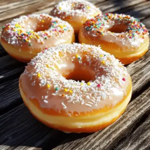 - 2 cups all-purpose flour - 1/2 cup granulated sugar - 1 tablespoon baking powder - 1/2 teaspoon salt - 1/2 teaspoon ground nutmeg These dry ingredients form the base of your fluffy vanilla donuts. The flour provides structure, while the sugar adds sweetness. Baking powder helps them rise, and salt enhances the flavors. Ground nutmeg gives a warm hint of spice. - 2 large eggs - 1/2 cup whole milk - 1/4 cup unsalted butter, melted - 2 teaspoons pure vanilla extract The wet ingredients bring moisture and flavor. Eggs add richness, and whole milk keeps the donuts soft. Melted butter enhances the taste, while pure vanilla extract gives that lovely vanilla aroma. - For the Glaze: - 1 cup powdered sugar - 2 tablespoons milk - 1 teaspoon pure vanilla extract - Optional Toppings: Sprinkles or shredded coconut The glaze makes the donuts shine and adds sweetness. Powdered sugar mixes with milk and vanilla for a smooth finish. You can top your donuts with sprinkles or coconut for extra fun and flavor! Start by preheating your oven to 350°F (175°C). This ensures your donuts bake evenly. While the oven warms up, grease your donut pan. Use cooking spray or melted butter. Make sure to coat every cavity well. This step helps prevent sticking later. In a large mixing bowl, sift together your dry ingredients. You need 2 cups of all-purpose flour, 1/2 cup of granulated sugar, 1 tablespoon of baking powder, 1/2 teaspoon of salt, and 1/2 teaspoon of ground nutmeg. Whisk these together until they look fluffy. This mixing adds air, which is key for fluffy donuts. Now, grab a separate bowl for the wet ingredients. Crack 2 large eggs and beat them lightly. Then add 1/2 cup of whole milk, 1/4 cup of melted unsalted butter, and 2 teaspoons of pure vanilla extract. Mix these until smooth. This helps to blend the flavors well. Carefully pour the wet mixture into the bowl with the dry ingredients. Use a spatula to gently fold them together. Do this until just combined. It’s normal to have small lumps in the batter. Overmixing can lead to dense donuts, so be gentle! Now it’s time to fill the donut pan. Transfer the batter into a piping bag or a zip-lock bag. Snip off one corner of the bag. Fill each donut mold about two-thirds full. This gives them room to rise. Place the donut pan in the oven and bake for 10-12 minutes. They are ready when golden and a toothpick comes out clean. After baking, let the donuts cool for about 5 minutes in the pan. Then, transfer them to a wire rack to cool completely. While they cool, prepare your glaze. In a small bowl, whisk 1 cup of powdered sugar, 2 tablespoons of milk, and 1 teaspoon of vanilla extract until smooth. Dip the top of each cooled donut into the glaze. Let excess glaze drip back into the bowl. Add optional toppings like sprinkles or shredded coconut while the glaze is wet. Let them sit for a few minutes to set. Now, you’re ready to serve these fluffy delights! To get your donuts fluffy, focus on mixing. Sift the dry ingredients well to incorporate air. This helps the donuts rise. When you mix wet and dry ingredients, stir gently. Overmixing can lead to dense donuts. Leaving some small lumps in the batter is okay. It means the donuts will stay light and airy. One common mistake is not measuring ingredients properly. Use the correct measuring cups for both dry and wet ingredients. Another mistake is baking at the wrong temperature. Always preheat your oven. If the oven is too hot, your donuts may brown too fast. Finally, don’t skip greasing the donut pan. This can cause sticking, making them hard to remove. Having the right tools can make a big difference. A good donut pan is essential. Choose one that is non-stick for easy removal. A piping bag helps fill the molds neatly. If you don’t have one, a zip-lock bag with a cut corner works well. A whisk is great for mixing, and a toothpick is handy to check doneness. These simple tools can help you create perfect donuts every time! {{image_4}} You can change up the flavor of your donuts easily. Instead of vanilla, try chocolate. Just swap in cocoa powder for some of the flour. For a fresh twist, add lemon zest to the batter. It gives a bright, zesty flavor. Mix in spices like cinnamon or cardamom for a warm touch. You can even add fruit puree for a fruity taste. The options are endless! The glaze is key for a tasty finish. Instead of the vanilla glaze, try a chocolate glaze. Melt chocolate chips and mix with cream for a rich dip. You can also use a simple lemon glaze by mixing lemon juice and powdered sugar. For a unique twist, add a coffee glaze by mixing brewed coffee with powdered sugar. Use your favorite flavors to make each batch special! Want to make your donuts a bit healthier? Use whole wheat flour instead of all-purpose flour. It adds more fiber and nutrients. You can also use almond milk or oat milk for a dairy-free option. If you want to cut sugar, use a sugar substitute like stevia. These swaps can help you enjoy your treats while staying healthy! To keep your fluffy vanilla donuts fresh, store them in an airtight container. You can use a cake dome or a plastic container with a lid. This helps keep the donuts soft and moist. Place a paper towel at the bottom to absorb any moisture. Donuts taste best when eaten within two days. If you need to keep them longer, consider freezing them. If you want to enjoy your donuts warm, reheating is easy. Place a donut on a microwave-safe plate and warm it for about 10 seconds. Check if it is warm enough, and repeat if needed. You can also reheat them in the oven. Preheat the oven to 350°F (175°C) and heat the donuts for about 5 minutes. This keeps them fluffy and tasty. Freezing donuts is a great way to save them for later. Let the donuts cool completely, then wrap each one in plastic wrap. Place the wrapped donuts in a freezer bag. Squeeze out as much air as possible before sealing. They can stay fresh for up to three months. When ready to eat, thaw them in the fridge overnight or on the counter for a few hours. Reheat them for the best taste! To make your donuts fluffy, follow a few key steps. First, use fresh baking powder. This ingredient helps your donuts rise. Second, don’t overmix your batter. Mixing too much makes the donuts dense. Finally, fill the donut pan only two-thirds full. This allows room for the donuts to puff up as they bake. Yes, you can easily make these donuts dairy-free! Substitute whole milk with almond milk or oat milk. Use dairy-free butter instead of unsalted butter. These swaps work well while keeping the flavor delicious. Your donuts will still be fluffy and tasty. Store leftover donuts in an airtight container. This keeps them fresh. Place a paper towel at the bottom of the container. It helps absorb moisture. You can keep them at room temperature for up to two days. If you need longer storage, freeze them. Wrap each donut tightly before freezing. To avoid overmixing, combine dry and wet ingredients gently. Use a spatula to fold them together. Stop mixing when you see small lumps. These lumps are fine and will help keep your donuts airy. Remember, less is more when it comes to mixing! You learned about the key ingredients and step-by-step instructions to make donuts. We explored tips for fluffiness, common mistakes, and variations like flavors and healthier options. We also went over how to store and reheat your donuts for the best taste. Now, you have the tools to start making great donuts at home. Have fun experimenting and enjoy your tasty creations!