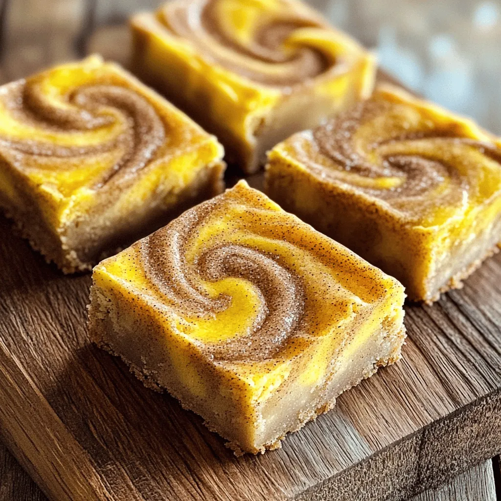 To make the Cinnamon Swirl Snickerdoodle Blondies, you need the following ingredients: - 1 cup unsalted butter, melted - 1 cup packed light brown sugar - 1/2 cup granulated sugar - 2 large eggs, at room temperature - 2 teaspoons pure vanilla extract - 2 cups all-purpose flour - 1 teaspoon baking powder - 1/2 teaspoon baking soda - 1/2 teaspoon salt - 2 teaspoons ground cinnamon - 1/4 teaspoon freshly grated nutmeg (optional) - 1/4 cup granulated sugar (for topping) - 1 tablespoon ground cinnamon (for topping) Using room temperature eggs helps create a smooth batter. It allows the eggs to blend better with the melted butter and sugars. Melted butter adds moisture and richness to the blondies. This combination ensures your blondies bake evenly and develop that soft, chewy texture we all love. For an extra layer of flavor, consider adding freshly grated nutmeg. This spice deepens the warm, cozy notes of the blondies. You can also experiment with toppings or mix-ins. Try adding chocolate chips for a sweet twist or chopped nuts for some crunch. These simple changes can elevate your treats and make them unique to your taste. Want to take it up a notch? You could even drizzle some melted white chocolate on top. It will look fancy and taste amazing! Start by preheating your oven to 350°F (175°C). Then, prepare a 9x13 inch baking dish. Line it with parchment paper. Make sure the paper hangs over the edges. This helps lift the blondies out easily later. In a large mixing bowl, combine 1 cup of melted unsalted butter with 1 cup of packed light brown sugar and 1/2 cup of granulated sugar. Whisk this mixture until it becomes smooth. Next, add 2 large eggs, one at a time. Mix well after each addition. Then, stir in 2 teaspoons of pure vanilla extract. Continue to mix until everything is well combined. Now, in a separate bowl, whisk together the dry ingredients. Combine 2 cups of all-purpose flour, 1 teaspoon of baking powder, 1/2 teaspoon of baking soda, 1/2 teaspoon of salt, and 2 teaspoons of ground cinnamon. Whisking helps ensure even distribution of the ingredients. This step is key for the best flavor and texture. Next, gently fold the dry ingredients into the wet mixture. Be careful not to overmix. The batter should be thick and slightly chunky. To create the perfect swirl, pour half of the batter into your prepared baking dish. Spread it evenly using a spatula. Now, sprinkle half of the cinnamon-sugar mixture over this layer. Set the rest of the mixture aside. Pour the remaining batter on top of the first layer. To create the swirl, use a knife or spatula. Drag it through both layers of batter. Be careful not to over-swish. You want a nice marbled look. After swirling, top with the rest of the cinnamon-sugar mixture. Now, bake your blondies in the preheated oven for 25-30 minutes. Check for doneness by inserting a toothpick in the center. If it comes out clean or with a few moist crumbs, they are ready. After baking, let them cool in the pan for about 10 minutes. Use the parchment paper to lift the blondies onto a wire rack. Once cooled, cut them into squares and enjoy your sweet treat! For the full recipe, refer to the instructions above. - Always check for doneness with a toothpick. Insert it into the center. If it comes out clean or with a few crumbs, you're good! - Ovens can behave differently. Start checking your blondies at 25 minutes. If they are not done, keep an eye on them and add a few minutes if needed. - For a lovely presentation, drizzle melted white chocolate over the blondies. A dusting of powdered sugar also adds charm. - These blondies pair perfectly with vanilla ice cream or a warm cup of coffee. The flavors blend beautifully! - Avoid overmixing the batter. This can make your blondies tough. Mix just until combined. - Let your blondies cool properly before cutting. If you cut them too soon, they may crumble. Patience pays off! For the full recipe to create these delicious treats, check out the full recipe. {{image_4}} You can make these blondies even more exciting! Adding chocolate chips gives a rich twist. You can use semi-sweet or dark chocolate for a deeper flavor. Dried fruits like cranberries or cherries also work great. They add a nice chew and sweetness. If you want a different spin, try a caramel swirl instead of cinnamon. Melt caramel and drizzle it over the batter before baking. Swirl it in gently for a sweet surprise in every bite. You can serve these blondies in many fun ways. For a quick treat, cut them into small bites. These are perfect for parties or snacks. If you prefer a more classic look, slice them into bars. Warm blondies are soft and gooey, which is great for dessert. You can serve them with ice cream for a special touch. Chilled blondies have a firmer texture, making them easy to pack for lunch. Each serving style offers a unique taste experience. For the full recipe, check out the detailed instructions to make these delicious treats! To keep your blondies fresh, store them at room temperature. Place them in an airtight container. This helps maintain their soft texture and rich flavor. You can also layer them with parchment paper to prevent sticking. Enjoy them within a week for the best taste. For long-term storage, you can freeze the blondies. First, cut them into squares. Wrap each piece in plastic wrap, then place them in a freezer bag. This method prevents freezer burn and keeps them tasty. When you’re ready to eat, thaw them in the fridge overnight. You can also warm them in the microwave for a few seconds. This restores their warm, gooey goodness. Enjoy your treats anytime! For the full recipe, refer to the earlier section. Cinnamon swirl snickerdoodle blondies can last about five days when stored properly. Keep them in an airtight container at room temperature. If you want them to last longer, consider freezing them. They can stay fresh in the freezer for up to three months. Just remember to thaw them before enjoying! Yes! You can easily make these blondies gluten-free. Simply substitute the all-purpose flour with a gluten-free blend. Look for a blend that contains xanthan gum, as it helps with texture. You can also use almond flour, but mix it with a little coconut flour for the best results. Definitely! Adding nuts can enhance the texture and flavor. Chopped walnuts or pecans work great. Just fold in about half a cup of your chosen nuts when mixing the batter. You can also sprinkle some on top before baking for extra crunch. Cinnamon Swirl Snickerdoodle Blondies are fun and simple to make. We covered the right ingredients, from room temperature eggs to optional mix-ins. I shared step-by-step instructions to help you get the perfect swirl. We also discussed baking tips, serving ideas, and storage methods. With these tips, you can create delicious blondies and avoid common mistakes. Enjoy experimenting with flavors and make this treat your own. Now, go enjoy your sweet creation!