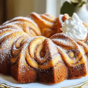 - 2 ½ cups all-purpose flour - 1 ½ teaspoons baking powder - 1 teaspoon baking soda - 1 teaspoon salt - 1 teaspoon ground cinnamon - 1 cup unsalted butter - 1 ½ cups granulated sugar - 4 large eggs - 1 teaspoon vanilla extract - 1 cup buttermilk - ½ cup packed light brown sugar - 2 tablespoons ground cinnamon (for the swirl) - ½ cup chopped pecans or walnuts (optional) Gathering the right ingredients makes all the difference. I love using good quality butter for a rich taste. All-purpose flour gives the cake its perfect texture. Baking powder and baking soda help the cake rise well. Ground cinnamon adds warmth and flavor. Brown sugar brings a nice sweetness and moisture. If you like nuts, pecans or walnuts add a nice crunch. Make sure your butter is at room temperature. This helps it cream nicely with the sugar. If you don’t have buttermilk, you can make some by mixing milk with a little vinegar. This will give a similar tang. Having all these ingredients ready will make your baking smooth. Trust me, it’s worth it! 1. Preheat the oven: Set your oven to 350°F (175°C). This ensures even baking. 2. Grease and flour the bundt pan: Generously coat a 10-cup bundt pan with butter. Then, sprinkle flour inside. This helps the cake come out easily. 1. Combine dry ingredients: In a bowl, mix 2 ½ cups of flour, 1 ½ teaspoons of baking powder, 1 teaspoon of baking soda, 1 teaspoon of salt, and 1 teaspoon of ground cinnamon. Whisk them well and set aside. 2. Cream butter and sugar: In a large bowl, blend 1 cup of softened butter and 1 ½ cups of granulated sugar using an electric mixer. Mix until the color lightens, about 3-4 minutes. 3. Incorporate eggs and vanilla: Add 4 large eggs one at a time. Mix well after each. Then, stir in 1 teaspoon of vanilla extract. 1. Combine wet and dry ingredients: Gradually add the dry mix to the butter mixture. Alternate with 1 cup of buttermilk. Start and end with the flour mix. Mix gently until just combined to keep it light. 2. Prepare the swirl mixture: In a small bowl, mix ½ cup of packed light brown sugar, 2 tablespoons of ground cinnamon, and ½ cup of chopped nuts if you want. Set this aside. 3. Assemble the cake layers: Pour half of the batter into the bundt pan. Sprinkle half of the cinnamon mixture over it. Add the rest of the batter, then the remaining swirl mix. Use a knife to swirl gently. 1. Bake the cake: Place the pan in the oven. Bake for 55-65 minutes. The cake is done when a toothpick comes out clean. 2. Cool the cake: Let the cake cool in the pan for 10-15 minutes. Then, turn it onto a wire rack to cool completely. How to avoid overmixing To keep your cake light, mix the batter gently. After adding the dry ingredients, stir just until combined. If you see flour, that’s okay! Overmixing can make your cake dense. Ensuring even baking Make sure your oven is at the right temperature. An oven thermometer helps check this. When placing the bundt pan, center it on the middle rack. This allows heat to circulate well around the cake. Dusting with powdered sugar After your cake cools, dust the top with powdered sugar. Use a fine sieve for even coverage. This adds a lovely touch and makes it look special. Serving suggestions with whipped cream and beverages Serve each slice with a dollop of whipped cream. It adds creaminess and pairs well with the spices. Enjoy your cake with coffee or herbal tea to enhance the flavors! Incorrect oven temperature If your oven is too hot or too cold, your cake may not bake well. Use an oven thermometer to avoid this issue. This small step can save your cake! Skipping ingredient measurements Always measure your ingredients carefully. Baking is like science! A little too much or too little can change the texture and taste of your cake. Stick to the recipe for the best results. {{image_4}} You can make this cake even better with simple changes. Try adding other spices like nutmeg or cardamom. Just a pinch can give your cake a warm twist. You can also mix in chocolate chips for extra sweetness. The chocolate pairs well with the cinnamon. If you need gluten-free options, use almond flour or a gluten-free blend. They work great in this recipe. For a vegan version, replace eggs with flaxseed meal. Mix one tablespoon of flaxseed with three tablespoons of water. Let it sit for five minutes before adding it to the mix. Adding a cream cheese glaze can elevate your cake. Just mix cream cheese, powdered sugar, and a splash of milk. Drizzle this over the cooled cake for a rich finish. You can also use a chocolate drizzle. Melt some chocolate and pour it over the top for a decadent look. To keep your cinnamon swirl bundt cake fresh, store it at room temperature. Use an airtight container or wrap it in plastic wrap. This keeps the cake moist and prevents it from drying out. If you want to save it for later, freezing is a great option. Slice the cake first, then wrap each piece in plastic wrap. Place the wrapped slices in a freezer bag. This method makes it easy to enjoy a slice any time. At room temperature, the cake lasts about three days. If you freeze it, it can last up to three months. When you are ready to eat it, thaw the cake in the fridge overnight. For quick thawing, leave the slices at room temperature for about an hour. Avoid refreezing once it has thawed, as this can change the texture. Enjoy your cinnamon swirl bundt cake at its best! To check if the cake is done, use the toothpick test. Insert a toothpick into the center of the cake. If it comes out clean or with a few crumbs, your cake is ready. If it has wet batter, bake it a little longer. Keep an eye on the time; it usually takes 55-65 minutes. Yes, you can use other pans. If you lack a bundt pan, a 9x13-inch pan works well. Just adjust the baking time. Check for doneness with the toothpick test. A loaf pan is also an option; it may take longer to bake. A sinking cake can happen for a few reasons. It might be due to overmixing or too much leavening. Make sure to mix just until combined. If your oven is too hot or cold, it can cause sinking too. Use an oven thermometer to check the temperature. Yes! You can make this cake a day or two in advance. Store it tightly wrapped at room temperature. If you want to keep it longer, freeze it. Wrap it well in plastic wrap and foil. It can last up to three months in the freezer. Just thaw it overnight in the fridge before serving. You now have all the key steps to make a delicious cake. From gathering ingredients to using tips for a perfect bake, you should feel ready. Remember to add your twist with flavors or toppings. Baking can be fun, so don’t rush the process. With practice, you’ll see the results improve. Use the storage tips to enjoy your cake longer. I hope you find joy in baking this recipe!