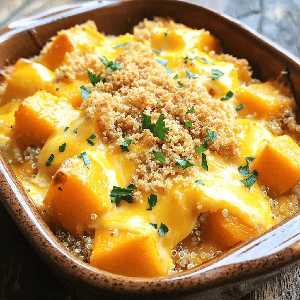 - 1 medium butternut squash, peeled and cut into 1-inch cubes - 1 cup quinoa, thoroughly rinsed under cold water - 2 cups vegetable broth (homemade or low-sodium recommended) - 1 medium onion, finely diced - 2 cloves garlic, minced - 1 teaspoon ground cinnamon - 1/2 teaspoon freshly grated nutmeg - Salt and freshly ground black pepper to taste Butternut squash is the star here. It gives the dish a creamy texture and a sweet flavor. You want to pick a squash that feels heavy for its size and has smooth skin. The quinoa adds protein and a nice bite to the dish. Make sure to rinse it well. This helps remove bitterness and makes it fluffier. The vegetable broth adds depth and aroma. You can use homemade or a good store-bought brand. - 1 cup shredded sharp cheddar cheese (or your preferred cheese variety) - 1/2 cup whole wheat breadcrumbs (for added nutrition) - 2 tablespoons olive oil - Fresh parsley, finely chopped (for garnish) The cheese creates a melty, delicious layer on top. Sharp cheddar works great, but feel free to mix it up. The whole wheat breadcrumbs add crunch and a bit of fiber. Drizzling olive oil on the breadcrumbs helps them crisp up nicely. Fresh parsley not only adds color but also a bright flavor that contrasts well with the squash. - Rinsing quinoa: Rinse it under cold water until the water runs clear. This removes the saponins, which can make quinoa taste bitter. - Selecting the right butternut squash: Look for a heavy squash with smooth skin. Avoid any that feel soft or have blemishes. - Optional seasoning suggestions: You can add herbs like thyme or rosemary for extra flavor. Try using smoked paprika for a hint of smokiness. I love these tips because they help you achieve the best taste and texture. With these ingredients and notes, you’re well on your way to a wonderful butternut squash casserole. For the complete method, check out the Full Recipe. How to peel and cube butternut squash Start by cutting off both ends of the butternut squash. Use a sharp peeler to remove the skin. Cut the squash in half lengthwise. Scoop out the seeds with a spoon. Finally, chop the squash into 1-inch cubes. Properly rinsing quinoa To rinse quinoa, place it in a fine mesh strainer. Run cold water over it for about 1 minute. This helps remove any bitter coating. Shake off excess water before using it in the recipe. Sautéing onions and garlic In a large skillet, heat olive oil on medium heat. Add diced onion and cook for 5 to 7 minutes. Stir until the onion turns soft and slightly golden. Then, add minced garlic and sauté for 2 more minutes. Incorporating spices Next, sprinkle in ground cinnamon and nutmeg. Add a pinch of salt and pepper. Stir well to mix spices with the onion and garlic. This step creates a fragrant base for your casserole. Mixing ingredients and pouring into the baking dish In a big bowl, add cubed butternut squash, rinsed quinoa, and vegetable broth. Pour in the sautéed onion and garlic mix. Stir everything together until well combined. Then, transfer this mixture to a greased 9x13 inch baking dish. Adding cheese and breadcrumbs Sprinkle shredded cheese evenly over the top of the mixture. Follow with breadcrumbs for a crunchy topping. This adds both flavor and texture to the casserole. Covering with foil and cooking time Cover the baking dish tightly with aluminum foil. This keeps moisture inside while baking. Place it in the preheated oven for 30 minutes. Final baking without foil for a golden top After 30 minutes, take off the foil. Bake for an additional 15 to 20 minutes. Watch for a golden top and tender squash. A fork should easily pierce the squash when done. For the complete recipe, check out the Full Recipe. To ensure tender butternut squash, cut it into even 1-inch cubes. This helps it cook evenly. Roast for about 30 minutes to soften it before adding to the casserole. For a crispy breadcrumb topping, toast the breadcrumbs in olive oil before sprinkling them on top. This small step gives your casserole a delightful crunch. You can add herbs or spices to change the taste. Try fresh thyme or sage for a warm, earthy flavor. For a twist, use smoked paprika or chili powder for a kick. You can also swap the cheese. Use mozzarella for a milder taste or feta for a tangy zing. Each cheese brings its own magic to the dish. Serve the casserole straight from the baking dish for a warm feel. For an upgrade, layer extra cheese on top before baking. This enhances both flavor and looks. Garnish with fresh parsley for color. You might also add a sprinkle of chili flakes for a pop of color and heat. {{image_4}} You can easily make this casserole vegetarian or vegan. For a dairy-free version, swap out the cheese. Use nutritional yeast or a dairy-free cheese that melts well. This adds a cheesy flavor without the dairy. You can also add more veggies. Consider adding spinach, mushrooms, or bell peppers. They will mix well with the squash and spices. You can sneak in some extra nutrients, which is always a win! Cranberries or nuts can give your casserole a nice twist. Add a cup of dried cranberries for sweetness. Toasted nuts like pecans or walnuts add crunch and flavor. They also give your dish a festive touch. You might also try seasonal spices. In the fall, cinnamon and nutmeg shine. In spring, you can add fresh herbs like thyme or rosemary for a bright flavor. Adjust the spices to match the season and your taste. Pair your casserole with simple sides. A fresh green salad or roasted vegetables work well. They bring balance to the rich flavors of the dish. Got leftovers? Transform them into a new meal! You can use the casserole as a filling for wraps or tacos. Or, serve it over a bed of greens for a light lunch. The options are endless, and you'll love the variety! For the full recipe, check out the [Full Recipe]. To store leftovers, let the casserole cool first. Once it cools, cover it tightly. You can use plastic wrap or a lid. In the fridge, it stays fresh for up to 4 days. Make sure to check for odors before you eat it again. You can freeze butternut squash casserole before or after baking. If you freeze it before baking, cover it well. Use a freezer-safe container or wrap it with plastic wrap. To freeze after baking, let it cool first, then wrap it. It stays good for about 3 months. To reheat, thaw in the fridge overnight. Bake at 350°F (175°C) until hot. To prevent sogginess, let the casserole cool before storing. Also, avoid covering it too tightly. Use containers that allow some air to escape. Glass or plastic containers with a loose lid work well. This keeps the texture nice and helps the flavors stay fresh. Baking butternut squash casserole takes about 45 to 50 minutes. First, cover it with foil and bake for 30 minutes. Then, remove the foil and bake for another 15 to 20 minutes. This method helps keep it moist and allows the top to get golden brown. Yes, you can prepare the casserole ahead of time. Assemble the dish, cover it, and store it in the fridge for a day. When you are ready to bake, just add a few extra minutes to the cooking time. This makes it easy for busy days. If you want to replace quinoa, try using brown rice or farro. Both options work well and give a nice texture. Just make sure to adjust the cooking time and liquid needed based on what you choose. Yes, butternut squash casserole is quite healthy. It is full of vitamins and minerals from the squash and quinoa. The cheese adds some calcium, while the whole wheat breadcrumbs increase fiber. It is a balanced dish that tastes great too. Yes, you can easily double or halve the recipe. Just adjust the amounts of each ingredient. Use a larger or smaller baking dish based on your serving needs. This flexibility makes it perfect for gatherings or small family meals. This post covered a tasty butternut squash casserole recipe. You learned about each ingredient, from the squash to the toppings. I shared tips on preparation, ensuring perfect texture, and ways to use leftovers. Cooking should be fun and creative. Feel free to experiment with flavors and textures. Enjoy making this dish your own, and share it with others. Happy cooking!