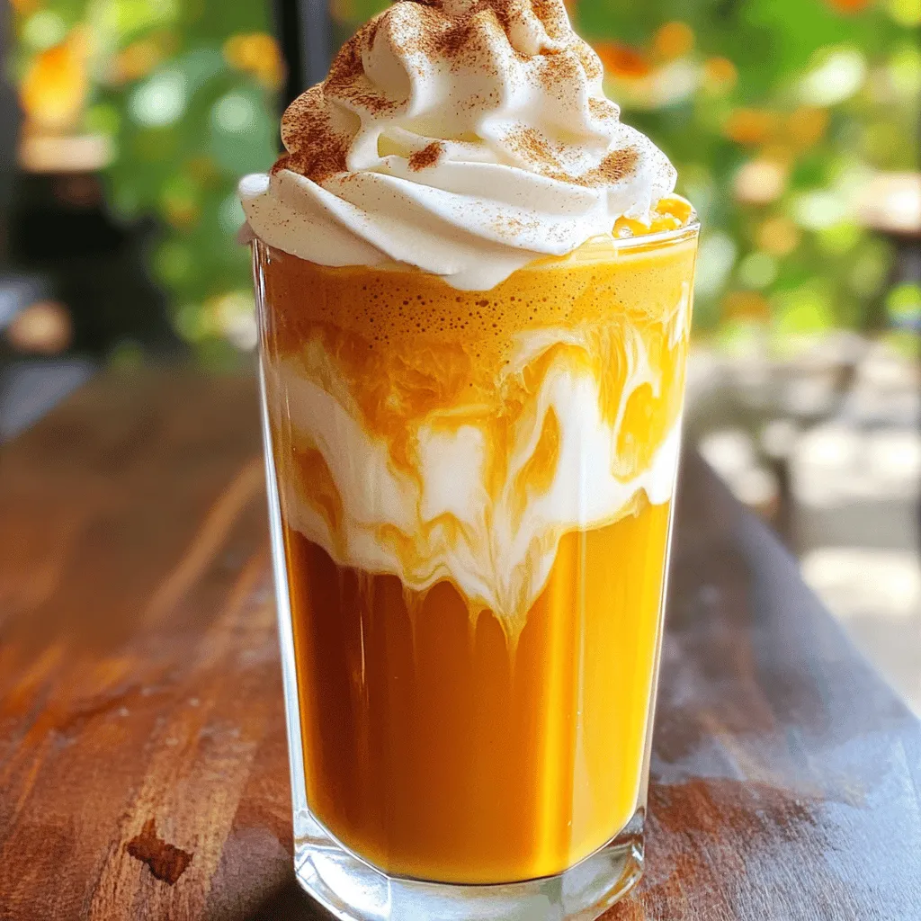 - 1 cup coarsely ground coffee - 4 cups cold water - 1 cup pumpkin puree - 4 tablespoons pure maple syrup - 1 tablespoon pumpkin spice blend - 1 teaspoon pure vanilla extract - Milk or a dairy-free alternative - Whipped cream - Ground cinnamon for garnish To make a great pumpkin spice cold brew, gather these ingredients. The coarsely ground coffee gives a rich flavor. Cold water helps extract the coffee taste over time. Pumpkin puree adds a smooth texture and a sweet taste. Maple syrup sweetens the drink just right. The pumpkin spice blend gives it that classic fall flavor. Vanilla extract adds depth to the taste. For a creamy finish, use your favorite milk or a dairy-free option. If you want to make it extra special, top it off with whipped cream. A sprinkle of ground cinnamon can make it look pretty and taste great! Enjoy each sip of this seasonal delight. - Mixing Coffee and Water: Start by taking 1 cup of coarsely ground coffee. Add this to a large jar. Pour in 4 cups of cold water. Stir gently to mix well. Ensure all the coffee grounds are wet. - Steeping Time Recommendations: Cover the jar. Place it in the fridge. Let it steep for 12 to 24 hours. The longer it steeps, the richer the flavor. - Tools Needed for Straining: After steeping, grab a coffee filter or fine-mesh sieve. You need this to strain the coffee. - Tips for a Smooth Brew: Pour the coffee through the filter slowly. This helps catch all the grounds. Aim for a clear, smooth cold brew. - Heating Techniques: In a small saucepan, add 1 cup of pumpkin puree. Mix in 1 tablespoon of pumpkin spice blend. Add 4 tablespoons of pure maple syrup and 1 teaspoon of vanilla extract. Heat on medium. - Ensuring Flavor Integration: Stir the mixture constantly. Heat until warm, but don’t boil. This helps all the flavors blend well. - Ratios for Balance: In a glass, mix 1 part of the pumpkin mixture with 3 parts of cold brew concentrate. This ratio gives a great balance between coffee and pumpkin. - Adjusting Flavor Intensity: If you want a stronger pumpkin flavor, add more pumpkin mixture. Taste as you go for the best results. - Dairy vs. Dairy-Free Choices: Choose your favorite milk. This could be regular milk or a dairy-free option. - Achieving Creaminess and Texture: Stir in the milk until you reach your desired creaminess. This step makes your cold brew smooth and rich. - Ice Cubes and Glass Choices: Fill a tall glass with ice cubes. Pour your pumpkin spice cold brew over the ice. - Decorative Presentation Tips: Top with whipped cream if you like. A sprinkle of ground cinnamon makes it look nice too. Use clear glasses to show those lovely layers! - Recommended Coffee Types: Use coarsely ground coffee for the best flavor. Look for medium to dark roast beans. They bring out rich notes that shine in cold brew. - Steeping Time Adjustments: Steep your coffee for 12 to 24 hours. A longer steep lets the flavors develop. If you want a milder taste, try steeping for just 12 hours. - How to Adjust Sweetness: Maple syrup works great for sweetness. Start with four tablespoons, then taste. You can always add more if you like it sweeter. - Enhancing Pumpkin Flavor: Add more pumpkin puree for a bolder pumpkin taste. You can also mix in extra pumpkin spice for a stronger kick. - Best Pairings with Food: Enjoy your cold brew with spiced muffins or a slice of pumpkin bread. These treats match well with the drink's flavors. - Seasonal Variations: Try adding a splash of apple cider for a fall twist. You can also switch to peppermint for a winter vibe. {{image_4}} For a vegan twist, swap regular milk for a plant-based option. Almond, oat, or coconut milk work great. These choices add a creamy touch without dairy. When mixing, ensure to stir well for a smooth blend. To enhance creaminess, consider adding a dash of coconut cream. It adds richness and a hint of tropical flavor. You may also use a frother to whip your milk alternative for extra texture. If you prefer natural sweeteners, try using agave syrup or honey instead of maple syrup. Both options add a unique flavor. You can adjust the amount based on your taste. For a different flavor profile, consider adding a pinch of brown sugar or even a splash of vanilla syrup. These sweeteners can enhance the overall taste and complement the pumpkin spice. To serve this drink hot, simply warm the cold brew concentrate on the stove. Mix it with the pumpkin mixture as you would for iced. This method keeps the flavor strong without losing the coffee essence. For iced versions, ensure your cold brew is chilled well. You can also add ice cubes made from the coffee itself. This prevents dilution and keeps the drink flavorful. Adjust the pumpkin mixture to taste, as cold drinks may need a bit more sweetener to shine. - Best Containers for Storage: Use glass jars or airtight plastic containers. These keep the brew fresh and avoid unwanted flavors. - Shelf Life Recommendations: Cold brew concentrate stays good in the fridge for about 1 week. After that, it may lose flavor. - Refrigeration Tips: Store the pumpkin spice mixture in a sealed jar. This keeps it fresh and prevents spills. - Reusing Leftovers: You can use leftover pumpkin spice mixture in oatmeal or smoothies. It adds a nice fall flavor to many dishes. - Safe Methods for Heating: If you want to warm the mixture, use a microwave or a small pot. Heat it gently, so it doesn’t boil. - Maintaining Flavor Quality: Always reheat slowly. Quick heating can change the taste. Enjoy your pumpkin spice cold brew hot or cold! For cold brew, I recommend coarsely ground coffee. It makes a smooth brew. Look for beans with a medium to dark roast. They balance well with pumpkin flavors. Use freshly ground coffee for the best taste. Try different blends to find your favorite. Yes, you can! Make your cold brew and pumpkin mixture in advance. Store the cold brew in a sealed jar. It stays fresh for up to two weeks in the fridge. Keep the pumpkin spice mixture in a separate container. It will last about a week. This way, you can enjoy it whenever you want. To enhance the pumpkin spice flavor, add more pumpkin spice blend. You can also mix in extra cinnamon or nutmeg. Start with half a teaspoon and taste as you go. You can even add a dash of ginger for a kick. Customize until it hits your sweet spot! Yes, Pumpkin Spice Cold Brew can be gluten-free. The main ingredients are coffee, pumpkin, and maple syrup. Always check the labels on your ingredients. Some flavored syrups may have gluten. Stick to pure maple syrup for safety. Absolutely! You can customize the sweetness to fit your taste. Start with the 4 tablespoons of maple syrup. Taste it and add more if you like. You can also use other sweeteners like honey or agave. Mix and match until you achieve your perfect flavor! This guide covered how to make a Pumpkin Spice Cold Brew. We discussed key ingredients like coffee and pumpkin puree, as well as flavor boosters like vanilla. You learned step-by-step instructions for brewing, mixing, and serving this tasty drink. Customization options help you create the perfect drink for your taste. Enjoy making this drink at home. It’s simple, fun, and delicious! Share it with friends for a cozy treat this season.