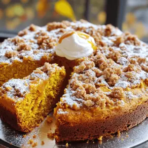 To create a delightful pumpkin streusel coffee cake, you will need these key ingredients: - 1 cup canned pumpkin puree - 1 cup granulated sugar - 1/2 cup brown sugar, packed - 1/2 cup vegetable oil - 3 large eggs - 1 teaspoon vanilla extract - 2 cups all-purpose flour - 2 teaspoons baking powder - 1 teaspoon baking soda - 1 teaspoon ground cinnamon - 1/2 teaspoon ground nutmeg - 1/2 teaspoon salt These ingredients form the base of your cake. The pumpkin puree adds moisture and flavor. The sugars give sweetness and help with browning. If you want to boost the taste, consider adding these ingredients: - 1/2 cup chopped walnuts or pecans These nuts add a nice crunch and a rich flavor. You can leave them out if you prefer a smoother texture. The streusel topping is what makes this cake special. Here’s what you need: - 1/2 cup all-purpose flour - 1/3 cup brown sugar, packed - 1/2 teaspoon ground cinnamon - 1/4 cup cold butter, cubed This mixture creates a crumbly topping. It adds a sweet crunch that pairs well with the soft cake. Start by preheating your oven to 350°F (175°C). This step is key for a well-baked cake. Next, grab a 9x13 inch baking pan. Lightly grease it or line it with parchment paper. This will help you remove the cake later. In a large bowl, mix the canned pumpkin puree, granulated sugar, and brown sugar. Pour in the vegetable oil, then add the eggs and vanilla extract. Whisk until smooth. This batter is the heart of your cake, so mix it well. In a different bowl, combine the all-purpose flour, baking powder, baking soda, ground cinnamon, ground nutmeg, and salt. Whisk these dry ingredients together until no lumps remain. This ensures your cake has a consistent flavor and texture. Now, slowly add the dry mix to the pumpkin batter. Stir gently until just combined. It is important not to overmix. If you want a crunch, fold in the chopped walnuts or pecans. This adds an extra layer of flavor. In a small bowl, mix the flour, brown sugar, and ground cinnamon for the streusel. Add the cold, cubed butter. Using your fingers or a pastry cutter, blend until it looks like coarse crumbs. This topping adds a sweet crunch to your cake. Pour the pumpkin batter into your prepared baking pan. Spread it evenly with a spatula. Next, sprinkle the streusel topping generously over the batter. Make sure it covers the entire surface. Place the pan in the oven and bake for 30-35 minutes. Check it with a toothpick. It should come out clean or with a few moist crumbs. After baking, let the cake cool in the pan for about 10 minutes. Then, transfer it to a wire rack. Cooling it fully will improve the texture. For a special touch, dust the cooled cake with powdered sugar. You can also add whipped cream or caramel sauce on each slice. Enjoy your delicious pumpkin streusel coffee cake! To keep your cake moist, always use canned pumpkin puree. It adds great moisture. Use fresh ingredients, too. Fresh eggs and new baking powder help make a soft cake. Don’t overbake it. Check it a few minutes early. A toothpick should come out with a few moist crumbs. Mix your batter gently. After adding the dry mix to the wet mix, stir lightly. Stop mixing as soon as you see no dry flour. Overmixing makes the cake tough. If you add nuts, fold them in at the end. This keeps the batter light and fluffy. Store your coffee cake in an airtight container. This keeps it fresh longer. If you plan to eat it later, refrigerate it. It will stay good for about a week. For longer storage, freeze the cake. Wrap it tightly in plastic wrap. Then, put it in a freezer bag. Thaw it in the fridge for great taste. {{image_4}} You can make your Pumpkin Streusel Coffee Cake healthier. Here are some tips: - Whole Wheat Flour: Substitute half or all of the all-purpose flour with whole wheat flour. This adds fiber and nutrients. - Less Sugar: Reduce the sugar by 1/4 cup. The pumpkin adds natural sweetness. - Applesauce: Replace half the oil with unsweetened applesauce. This keeps it moist while cutting fat. Get creative with flavors in your Pumpkin Streusel Coffee Cake. Here are some ideas: - Spices: Add ginger or allspice for a warm kick. Just a pinch can make a big difference. - Nut Substitutes: Use almonds instead of walnuts or pecans. Chopped hazelnuts also add a nice crunch. - Chocolate Chips: Fold in some chocolate chips for a sweet twist. They melt and create gooey bites throughout the cake. You can adjust this recipe for various diets. Here’s how: - Gluten-Free: Use a gluten-free flour blend instead of all-purpose flour. This works well and keeps the flavor intact. - Vegan Options: Replace eggs with flax eggs. Combine 1 tablespoon of flaxseed meal with 2.5 tablespoons of water for each egg. - Dairy-Free: Use coconut oil instead of butter. It adds a rich flavor and keeps it dairy-free. These variations make the Pumpkin Streusel Coffee Cake fit for everyone. Enjoy experimenting! You can store your Pumpkin Streusel Coffee Cake at room temperature for about three days. Just keep it covered in plastic wrap or in an airtight container. This keeps it moist and fresh. If you live in a warm place, you may want to refrigerate it. In the fridge, it lasts up to a week. Make sure to wrap it well to avoid drying out. For longer storage, you can freeze the cake. First, cool it completely. Then, wrap it tightly in plastic wrap and foil. This helps prevent freezer burn. You can freeze it for up to three months. When you are ready to eat it, let it thaw in the fridge overnight. To reheat your cake, slice it into pieces. Place them on a microwave-safe plate. Heat for about 15 to 30 seconds. Check if it's warm enough. You can also reheat it in the oven. Preheat the oven to 350°F (175°C). Warm it for about 10 minutes. This method keeps the texture nice and soft. Enjoy your delicious coffee cake as if it were fresh! Yes, you can use fresh pumpkin. Start by roasting a small pumpkin. Cut it in half, scoop out the seeds, and roast it at 350°F until soft. Once cool, blend the flesh until smooth. Use this in place of canned pumpkin. Fresh pumpkin can add a deeper flavor, but make sure it’s well pureed. You can check if the cake is done by inserting a toothpick into the center. If it comes out clean or with a few crumbs, the cake is ready. The edges should pull away from the pan slightly, and the top should spring back when touched. This cake pairs well with coffee or tea. You can also serve it with whipped cream, ice cream, or a drizzle of caramel sauce. A sprinkle of nuts on top adds a nice crunch. For an extra touch, dust the cake with powdered sugar before serving. Once baked, the cake can stay fresh for about three days at room temperature. If you store it in the fridge, it can last up to a week. Always keep it covered to prevent it from drying out. Yes, you can make this cake ahead of time. Bake it a day or two before you plan to serve it. Let it cool, then store it in an airtight container. You can also freeze it for longer storage. Just make sure to wrap it tightly in plastic wrap before freezing. This blog post covered everything you need for Pumpkin Streusel Coffee Cake. We discussed key ingredients, from pumpkin to streusel. I shared step-by-step instructions, so you can bake this cake with ease. Tips and tricks help ensure a moist texture, while variations let you get creative. Finally, I provided storage info for keeping it fresh. Now you can confidently bake and enjoy this delicious treat anytime. Happy baking!