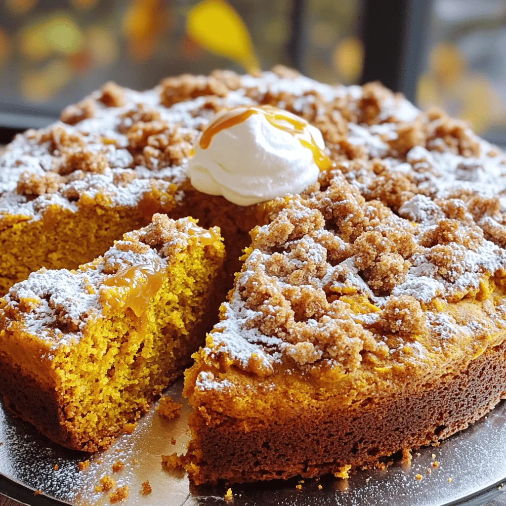 To create a delightful pumpkin streusel coffee cake, you will need these key ingredients: - 1 cup canned pumpkin puree - 1 cup granulated sugar - 1/2 cup brown sugar, packed - 1/2 cup vegetable oil - 3 large eggs - 1 teaspoon vanilla extract - 2 cups all-purpose flour - 2 teaspoons baking powder - 1 teaspoon baking soda - 1 teaspoon ground cinnamon - 1/2 teaspoon ground nutmeg - 1/2 teaspoon salt These ingredients form the base of your cake. The pumpkin puree adds moisture and flavor. The sugars give sweetness and help with browning. If you want to boost the taste, consider adding these ingredients: - 1/2 cup chopped walnuts or pecans These nuts add a nice crunch and a rich flavor. You can leave them out if you prefer a smoother texture. The streusel topping is what makes this cake special. Here’s what you need: - 1/2 cup all-purpose flour - 1/3 cup brown sugar, packed - 1/2 teaspoon ground cinnamon - 1/4 cup cold butter, cubed This mixture creates a crumbly topping. It adds a sweet crunch that pairs well with the soft cake. Start by preheating your oven to 350°F (175°C). This step is key for a well-baked cake. Next, grab a 9x13 inch baking pan. Lightly grease it or line it with parchment paper. This will help you remove the cake later. In a large bowl, mix the canned pumpkin puree, granulated sugar, and brown sugar. Pour in the vegetable oil, then add the eggs and vanilla extract. Whisk until smooth. This batter is the heart of your cake, so mix it well. In a different bowl, combine the all-purpose flour, baking powder, baking soda, ground cinnamon, ground nutmeg, and salt. Whisk these dry ingredients together until no lumps remain. This ensures your cake has a consistent flavor and texture. Now, slowly add the dry mix to the pumpkin batter. Stir gently until just combined. It is important not to overmix. If you want a crunch, fold in the chopped walnuts or pecans. This adds an extra layer of flavor. In a small bowl, mix the flour, brown sugar, and ground cinnamon for the streusel. Add the cold, cubed butter. Using your fingers or a pastry cutter, blend until it looks like coarse crumbs. This topping adds a sweet crunch to your cake. Pour the pumpkin batter into your prepared baking pan. Spread it evenly with a spatula. Next, sprinkle the streusel topping generously over the batter. Make sure it covers the entire surface. Place the pan in the oven and bake for 30-35 minutes. Check it with a toothpick. It should come out clean or with a few moist crumbs. After baking, let the cake cool in the pan for about 10 minutes. Then, transfer it to a wire rack. Cooling it fully will improve the texture. For a special touch, dust the cooled cake with powdered sugar. You can also add whipped cream or caramel sauce on each slice. Enjoy your delicious pumpkin streusel coffee cake! To keep your cake moist, always use canned pumpkin puree. It adds great moisture. Use fresh ingredients, too. Fresh eggs and new baking powder help make a soft cake. Don’t overbake it. Check it a few minutes early. A toothpick should come out with a few moist crumbs. Mix your batter gently. After adding the dry mix to the wet mix, stir lightly. Stop mixing as soon as you see no dry flour. Overmixing makes the cake tough. If you add nuts, fold them in at the end. This keeps the batter light and fluffy. Store your coffee cake in an airtight container. This keeps it fresh longer. If you plan to eat it later, refrigerate it. It will stay good for about a week. For longer storage, freeze the cake. Wrap it tightly in plastic wrap. Then, put it in a freezer bag. Thaw it in the fridge for great taste. {{image_4}} You can make your Pumpkin Streusel Coffee Cake healthier. Here are some tips: - Whole Wheat Flour: Substitute half or all of the all-purpose flour with whole wheat flour. This adds fiber and nutrients. - Less Sugar: Reduce the sugar by 1/4 cup. The pumpkin adds natural sweetness. - Applesauce: Replace half the oil with unsweetened applesauce. This keeps it moist while cutting fat. Get creative with flavors in your Pumpkin Streusel Coffee Cake. Here are some ideas: - Spices: Add ginger or allspice for a warm kick. Just a pinch can make a big difference. - Nut Substitutes: Use almonds instead of walnuts or pecans. Chopped hazelnuts also add a nice crunch. - Chocolate Chips: Fold in some chocolate chips for a sweet twist. They melt and create gooey bites throughout the cake. You can adjust this recipe for various diets. Here’s how: - Gluten-Free: Use a gluten-free flour blend instead of all-purpose flour. This works well and keeps the flavor intact. - Vegan Options: Replace eggs with flax eggs. Combine 1 tablespoon of flaxseed meal with 2.5 tablespoons of water for each egg. - Dairy-Free: Use coconut oil instead of butter. It adds a rich flavor and keeps it dairy-free. These variations make the Pumpkin Streusel Coffee Cake fit for everyone. Enjoy experimenting! You can store your Pumpkin Streusel Coffee Cake at room temperature for about three days. Just keep it covered in plastic wrap or in an airtight container. This keeps it moist and fresh. If you live in a warm place, you may want to refrigerate it. In the fridge, it lasts up to a week. Make sure to wrap it well to avoid drying out. For longer storage, you can freeze the cake. First, cool it completely. Then, wrap it tightly in plastic wrap and foil. This helps prevent freezer burn. You can freeze it for up to three months. When you are ready to eat it, let it thaw in the fridge overnight. To reheat your cake, slice it into pieces. Place them on a microwave-safe plate. Heat for about 15 to 30 seconds. Check if it's warm enough. You can also reheat it in the oven. Preheat the oven to 350°F (175°C). Warm it for about 10 minutes. This method keeps the texture nice and soft. Enjoy your delicious coffee cake as if it were fresh! Yes, you can use fresh pumpkin. Start by roasting a small pumpkin. Cut it in half, scoop out the seeds, and roast it at 350°F until soft. Once cool, blend the flesh until smooth. Use this in place of canned pumpkin. Fresh pumpkin can add a deeper flavor, but make sure it’s well pureed. You can check if the cake is done by inserting a toothpick into the center. If it comes out clean or with a few crumbs, the cake is ready. The edges should pull away from the pan slightly, and the top should spring back when touched. This cake pairs well with coffee or tea. You can also serve it with whipped cream, ice cream, or a drizzle of caramel sauce. A sprinkle of nuts on top adds a nice crunch. For an extra touch, dust the cake with powdered sugar before serving. Once baked, the cake can stay fresh for about three days at room temperature. If you store it in the fridge, it can last up to a week. Always keep it covered to prevent it from drying out. Yes, you can make this cake ahead of time. Bake it a day or two before you plan to serve it. Let it cool, then store it in an airtight container. You can also freeze it for longer storage. Just make sure to wrap it tightly in plastic wrap before freezing. This blog post covered everything you need for Pumpkin Streusel Coffee Cake. We discussed key ingredients, from pumpkin to streusel. I shared step-by-step instructions, so you can bake this cake with ease. Tips and tricks help ensure a moist texture, while variations let you get creative. Finally, I provided storage info for keeping it fresh. Now you can confidently bake and enjoy this delicious treat anytime. Happy baking!