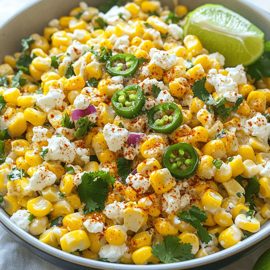 To make a delicious Mexican Street Corn Salad, you need these fresh ingredients: - 4 ears of fresh corn, husked - 1/2 cup mayonnaise - 1/4 cup sour cream - 1 cup feta cheese, crumbled (or for an authentic touch, use cotija cheese) - 1/4 cup fresh cilantro, finely chopped - 1 jalapeño, finely chopped (seeds removed for milder flavor) - 1 teaspoon chili powder - 1 tablespoon fresh lime juice (preferably freshly squeezed) - Salt and pepper to taste - Optional: extra lime wedges for garnish Each ingredient plays a key role in the flavor and texture of the salad. Fresh corn adds sweetness and crunch. Mayonnaise and sour cream give creaminess. Feta or cotija cheese adds a savory kick. Cilantro brings freshness, while jalapeño adds some heat. The chili powder gives a smoky flavor, and lime juice brightens everything. Salt and pepper tie it all together. Optional lime wedges are perfect for an extra zesty touch. Choosing the best ingredients makes a big difference in taste. Fresh corn tastes sweeter and juicier compared to canned. Always aim for quality to make this salad shine! - Preheat the grill to medium-high heat. - Place husked corn on the grill. - Grill for 10-12 minutes, turning often, until charred and tender. - Remove the corn from the grill and let it cool. - Stand each ear in a bowl. - Use a sharp knife to slice off the kernels into the bowl. - In a bowl, mix mayonnaise and sour cream. - Add crumbled feta or cotija cheese. - Stir in chopped cilantro, jalapeño, chili powder, lime juice, salt, and pepper. - Blend until smooth and creamy. - Pour the dressing over the corn in the bowl. - Gently toss the mixture until all the corn is coated. - Cover the salad and refrigerate for at least 20 minutes. - This helps the flavors blend well. - Serve in a bowl or cups, garnished with cilantro and lime wedges. When choosing corn, always look for fresh, bright green husks. This signals that the corn is fresh and sweet. Check for plump kernels, which means they are juicy and ready to eat. Avoid corn with dry or brown husks, as this often means the corn is old. You can easily adjust the spiciness of your salad with jalapeño. If you want less heat, remove the seeds before you chop. For a twist, use different herbs like parsley or basil. This can give your salad a unique flavor. To make your salad creamier, experiment with yogurt or avocado. Both add a rich texture without overpowering the taste. You can also add more lime juice for brightness. This will help the flavors pop and balance the richness of the dressing. {{image_4}} You can boost this salad with protein. Grilled chicken adds a nice touch. Shrimp works well too, lending a seafood flavor. If you prefer a meatless option, use black beans. They pack a good amount of protein while keeping it hearty. Cheese can change the flavor profile. You can use goat cheese for a creamier texture. Mozzarella is another tasty option. For a vegan twist, try dairy-free cheese. This keeps the salad inclusive for everyone. Want to spice things up? Smoked paprika brings a warm, smoky taste. Cumin adds depth and earthiness. For a bold flavor, experiment with roasted garlic. It enhances the salad's richness and adds a unique kick. You can keep Mexican Street Corn Salad in the fridge for about three days. To store it well, use an airtight container. This keeps the salad fresh and tasty. Cover it tightly to avoid any odors from the fridge. The flavors will blend, making it even better after a day. Yes, you can freeze this salad, but it may change. The texture of the corn and dressing can alter when you thaw it. To freeze, place it in a freezer-safe container. When you want to eat it, move it to the fridge to thaw overnight. Reheat it gently in a pan, if needed. Add a splash of lime juice to refresh the flavors before serving. Mexican Street Corn Salad is a vibrant dish inspired by elote, the classic Mexican street food. It features grilled corn mixed with creamy dressing and bold flavors. Key ingredients include fresh corn, mayonnaise, sour cream, and cheese. Cilantro and lime juice add brightness, while chili powder gives it a kick. The salad is creamy, smoky, and zesty, making it a popular choice for gatherings. Yes, you can use canned corn. However, fresh corn gives better taste and texture. Canned corn can be softer and less crunchy. If you choose canned corn, rinse it well to remove excess salt. Drain it thoroughly before mixing it into the salad. This way, you will keep the salad light and fresh. To make this salad dairy-free, swap dairy ingredients for plant-based options. Use vegan mayo and dairy-free yogurt instead of sour cream. For cheese, try using nutritional yeast or a dairy-free cheese alternative. These swaps help maintain a creamy texture and keep the flavors bright. Taste as you go to ensure it remains delicious. This salad pairs nicely with grilled meats like chicken or shrimp. You can also serve it alongside tacos or burritos for a fun meal. It works well as a side dish at barbecues or picnics. For a light meal, enjoy it on its own. The flavor and texture make it a versatile choice for any table. This blog post covered how to make a delicious Mexican Street Corn Salad. We explored the key ingredients, from fresh corn to zesty lime juice. I shared step-by-step instructions, helpful tips for selecting corn, and variations to customize your dish. Remember, you can easily make this salad your own by adding protein or changing up the cheese. I hope you enjoy creating this vibrant dish that pairs perfectly with your favorite meals!