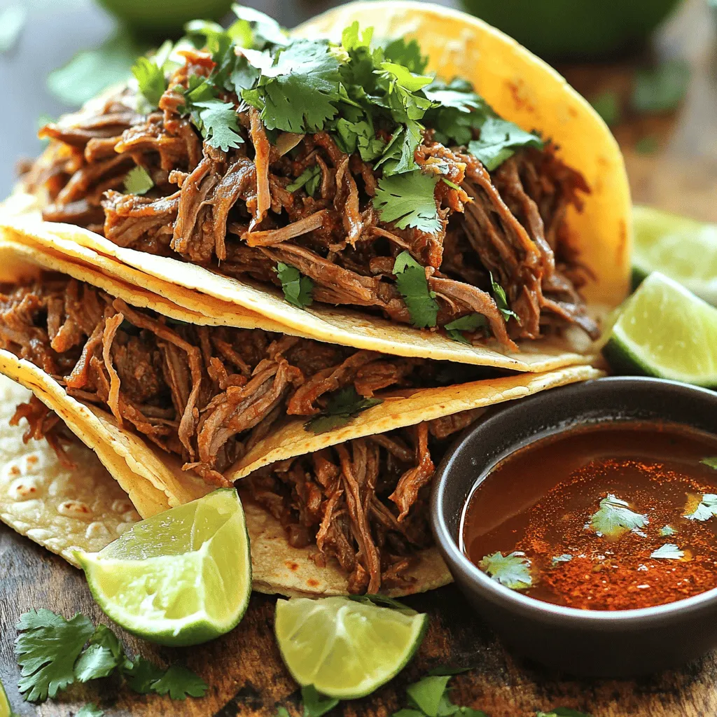 - 2 lbs beef chuck roast - 1 large onion - 4 cloves garlic For this recipe, the beef chuck roast gives the tacos a rich and tender texture. The onion and garlic add depth to the flavor. I like using these basics because they create a strong base for the spices. - 3 dried guajillo chilies - 2 dried ancho chilies - Ground cumin, oregano, smoked paprika The guajillo and ancho chilies bring a smoky and sweet taste. These chilies are key to the dish. Ground cumin, oregano, and smoked paprika add warmth and a complex flavor. Together, they make your tacos sing. - Corn tortillas - Fresh cilantro, lime wedges - Beef broth, apple cider vinegar, salt, and pepper Corn tortillas are perfect for holding the beef. They soak up the juices, making each bite delightful. Fresh cilantro adds a burst of freshness. Lime wedges give it a zesty kick. Don't forget to use beef broth and apple cider vinegar for extra flavor. Salt and pepper enhance everything, making each taste pop. To prepare your chilies, first, grab three guajillo chilies and two ancho chilies. Remove the stems and seeds. Place them in a heatproof bowl. Pour hot water over the chilies, covering them fully. Let them soak for 15 to 20 minutes. This softens the chilies, making them easier to blend. Next, we will make the chili paste. Discard the soaking water and place the chilies in a blender. Add four cloves of minced garlic, one teaspoon of ground cumin, one teaspoon of dried oregano, and one teaspoon of smoked paprika. Pour in one tablespoon of apple cider vinegar and a pinch of salt. Blend until you get a smooth and thick paste. If needed, add a tablespoon of water to help with blending. Now it’s time to cook the beef. Take 2 pounds of beef chuck roast, cut into 2-inch chunks, and layer them in the bottom of the crockpot. Pour the chili paste over the beef, spreading it evenly. Add one quartered onion and pour in two cups of beef broth. Make sure the beef is well immersed in the broth. Sprinkle salt and pepper over the top. Stir gently to mix without breaking apart the beef. Cover the crockpot and cook it on low for 8 hours or high for 4 hours. The beef will be ready when it is fork-tender and easy to shred. After cooking, carefully remove the beef from the crockpot using a slotted spoon. Place it on a cutting board and shred it using two forks. Return the shredded beef back into the crockpot. Mix it well with the remaining broth and juices to keep it flavorful. Now, let’s assemble the tacos! Heat corn tortillas on a skillet over medium heat until they are warm and flexible. Fill each tortilla generously with the birria mixture. Make sure some of the tasty juices soak into the tortilla. To finish, top your tacos with freshly chopped cilantro. Serve with lime wedges on the side for a bright, zesty kick. To make the chili paste, you want the right blend. Start with soft, rehydrated chilies. Blend the chilies with garlic, spices, and vinegar. You need a smooth and thick paste. If it’s too thick, add a bit of water. The flavor should be rich and balanced. This paste will be the heart of your birria. Different slow cookers can have varied heat levels. If your cooker runs hot, check the beef at 3.5 hours on high. For a cooler cooker, it may take up to 9 hours on low. You want that beef fork-tender and easy to shred. Always trust your cooker and adjust as needed. Want to kick up the flavor? Try adding more spices. Consider a pinch of cinnamon for warmth. A touch of chipotle powder adds a nice heat. You can also toss in bay leaves for depth. Fresh herbs like thyme can brighten the dish. Don't hesitate to experiment with flavors you love. {{image_4}} You can make birria tacos vegetarian by using jackfruit or mushrooms. Jackfruit has a meaty texture, making it a great stand-in for beef. Use young green jackfruit packed in water or brine. Simply drain and rinse it, then shred it like meat. For mushrooms, use hearty varieties like portobello or shiitake. Sauté them first to enhance their flavor. Cook them in the same spices and broth as the beef. This way, you keep the rich taste. If you can’t find beef chuck roast, don’t worry! You can use other cuts. Brisket works well and offers a nice balance of fat. You can also try short ribs for a more tender option. These cuts provide great flavor and texture, too. Just remember to adjust cooking times based on the cut. Cook them until they are fork-tender for the best results. Toppings can elevate your birria tacos. Consider adding diced onions and fresh cilantro for crunch. A squeeze of lime brightens the flavors. For a spicy kick, drizzle some salsa or hot sauce on top. You can also serve a small bowl of the broth for dipping. It makes every bite even better! Get creative with your toppings to match your taste. To store leftover birria tacos, first cool them down. Place the meat and broth in a container. Seal it tightly. Keep the corn tortillas separate to avoid sogginess. The leftovers can stay fresh for 3 to 4 days in the fridge. Always check for any off smells before using. To freeze birria, let it cool completely. Then, pack the meat and broth in freezer-safe bags. Try to squeeze out as much air as possible. You can freeze the corn tortillas, too. Just stack them with parchment paper in between. They can last up to 3 months in the freezer. When ready to eat, defrost the meat in the fridge overnight. To reheat, warm the birria on the stove over low heat. Add a splash of broth to keep it moist. For tortillas, heat them on a skillet for a few seconds on each side. This way, you keep the flavors rich and tasty. Enjoy your tacos with fresh toppings! Birria tacos are a tasty Mexican dish. They come from the state of Jalisco. Traditionally, birria uses goat meat. However, beef is now very popular. The dish features tender meat cooked in rich spices. The tacos are often served with a broth for dipping. This makes each bite flavorful and juicy. Yes, you can! If you want to switch the meat, try lamb or pork. Use the same cooking method. Just make sure to adjust the cooking time. Lamb may need a bit less time, while pork can take longer. Always check for tenderness. You want the meat to shred easily. To add heat, use more chilies. You can try adding a few extra guajillo or ancho chilies. For more kick, add jalapeños or serrano peppers. Blend these with your chili paste. Taste the paste before adding it to the meat. This way, you can adjust the spice level to your liking. Birria tacos pair well with several sides. Try serving them with rice or beans for a full meal. A fresh salad can also add a nice crunch. For drinks, consider agua fresca or beer. These drinks balance the rich flavors of the tacos. Don't forget lime wedges for a zesty touch! In this post, we explored the essential ingredients for birria tacos, like beef chuck roast and flavorful spices. I shared step-by-step instructions to create delicious tacos, including tips for perfecting the chili paste and variations for different diets. Remember, cooking is fun, and you can adjust these recipes to suit your taste. Try out new toppings or meat alternatives. Enjoy the process and impress your family and friends with your skill. Happy cooking!