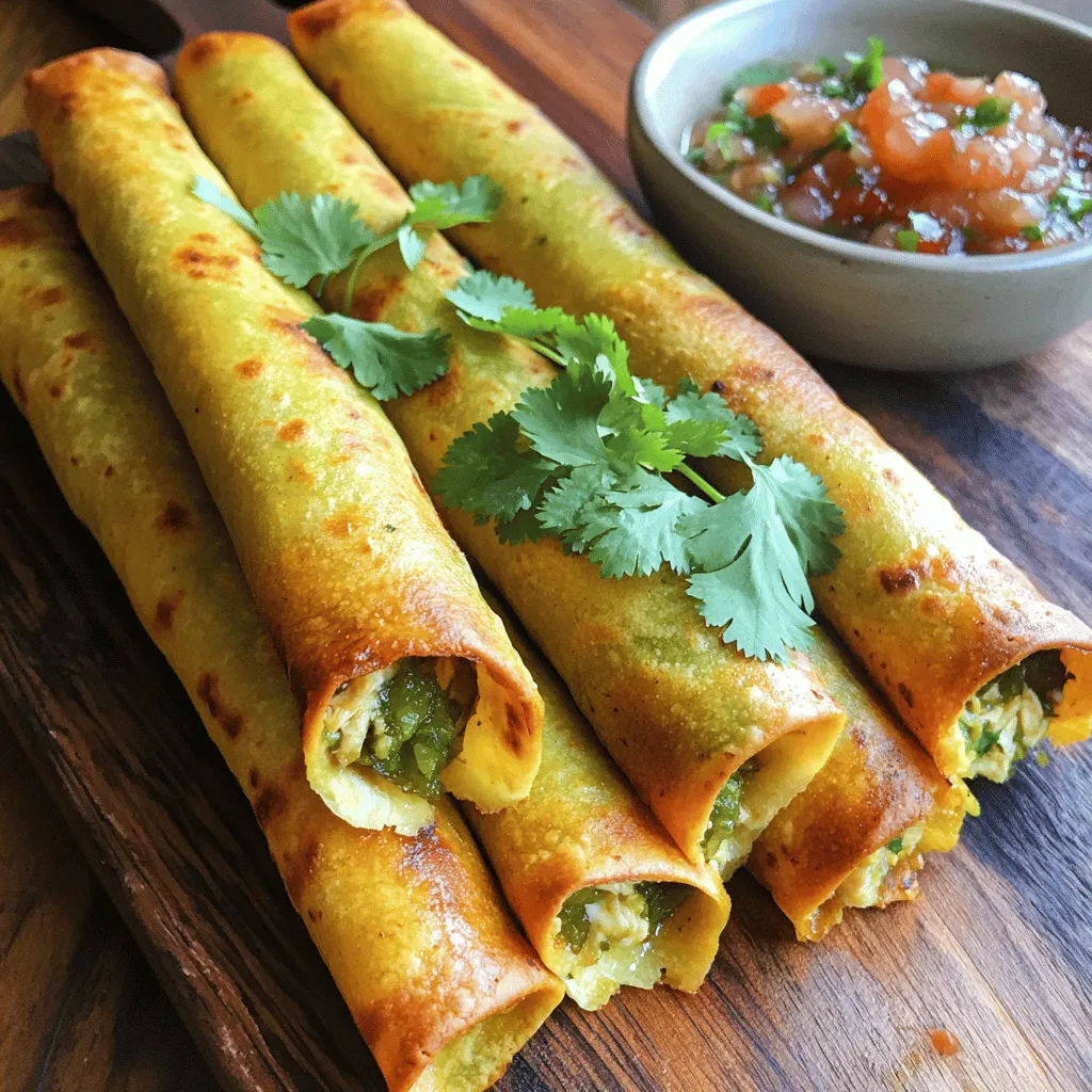 - 2 cups shredded cooked chicken - 1 cup canned green chiles, diced - 1 cup shredded Monterey Jack cheese These main ingredients create a tasty base for our taquitos. The shredded chicken adds protein, while the green chiles provide a mild heat. The Monterey Jack cheese melts beautifully, adding creaminess and flavor. - 1 teaspoon ground cumin - 1 teaspoon garlic powder - 1/2 teaspoon onion powder - 1/4 teaspoon cayenne pepper (optional) - Salt and black pepper to taste These seasonings enhance the dish. Ground cumin adds warmth and depth. Garlic and onion powders boost flavor without being overpowering. If you enjoy spice, add cayenne pepper for a kick. Always taste your filling and adjust salt and pepper as needed. - 12 small corn tortillas - Olive oil spray for crisping - Parchment paper for the baking sheet Small corn tortillas are perfect for rolling. They hold the filling well and crisp up nicely in the oven. Olive oil spray helps achieve that golden color. Parchment paper keeps your baking sheet clean and makes cleanup a breeze. First, you need to heat your oven. Preheat it to 400°F (200°C). This step is key for crispy taquitos. Next, take a baking sheet and line it with parchment paper. This will stop the taquitos from sticking and make cleanup easy. Now let's make the filling. In a large bowl, mix the shredded chicken, diced green chiles, shredded Monterey Jack cheese, and softened cream cheese. Add ground cumin, garlic powder, onion powder, and cayenne pepper if you like it spicy. Stir until everything is combined well. Taste the filling and add salt and black pepper to your liking. It's time to roll the taquitos. Start by warming the corn tortillas. Stack them on a plate and cover with a damp paper towel. Microwave for about 30 seconds until warm. Take a tortilla and place 2 to 3 tablespoons of the chicken filling near one edge. Roll it tightly, tucking in the sides as you go. Repeat this for all the tortillas. Place the rolled taquitos seam side down on the baking sheet. Make sure to space them apart. This helps them cook evenly. Lightly spray the tops with olive oil. This will help them get golden brown. Bake them in your preheated oven for 20 to 25 minutes. Flip them halfway for extra crispiness. Once they are golden and crispy, take them out and let them cool for a few minutes before serving. To make your taquitos nice and crispy, use olive oil spray. Lightly coat the tops before baking. This step helps them achieve a golden color. Flipping the taquitos halfway through baking is key too. It allows even crispness all around. Don’t skip this step if you want that crunch! Adjusting seasonings can really boost flavor. Start with the basic spices: cumin, garlic powder, and onion powder. Taste the filling before rolling. If you like more heat, add cayenne pepper. For a savory touch, sprinkle in more salt and black pepper. Remember, balance is key. You want every bite to burst with flavor. Serving your taquitos beautifully makes them even more appealing. Arrange them on a colorful platter. A sprinkle of fresh cilantro adds a nice touch. You can also add lime wedges for a fresh pop. Serve with salsa on the side for dipping. This not only looks great but also enhances the meal experience! {{image_4}} You can switch up the protein in your taquitos. Try shredded beef or pork instead of chicken. If you're vegetarian, use black beans or lentils for a tasty option. Cheese lovers can swap Monterey Jack with pepper jack for a spicier kick. Need gluten-free options? Use corn tortillas labeled gluten-free. For a dairy-free version, choose a plant-based cream cheese and skip the shredded cheese. Many brands offer good dairy-free cheese that melts well too. Want to add more flavor? Toss in some chopped bell peppers or onions to the filling. You can also sprinkle in smoked paprika or chili powder for a smoky taste. If you like heat, add more cayenne or diced jalapeños. Experimenting with flavors makes each batch unique! Keep any leftover taquitos in the fridge. Place them in an airtight container. They stay fresh for about three days. If you want to enjoy them later, make sure they cool down first. This helps keep them crispy when you reheat them. To freeze taquitos, arrange them in a single layer on a baking sheet. Freeze them for about an hour until firm. Then, transfer them to a freezer-safe bag. You can store them for up to three months. When you’re ready to eat, no need to thaw. Just bake them straight from the freezer. To reheat taquitos and keep them crispy, use the oven. Preheat it to 375°F (190°C). Place the taquitos on a baking sheet. Bake them for about 10 to 15 minutes. You can also use an air fryer for added crunch. Just check that they are hot all the way through before enjoying! Yes, you can use flour tortillas. They are soft and easy to roll. However, corn tortillas add a nice flavor and crunch. Flour tortillas might not get as crispy. If you want a healthier option, stick with corn. Both types can hold delicious fillings well. To add heat, you can use more cayenne pepper. You can also mix in diced jalapeños or hot sauce. For a smoky flavor, try chipotle peppers in adobo sauce. Start with a little and taste as you go. This way, you can find the right heat level for you and your family. Yes, you can make taquitos ahead of time. Prepare the filling and roll the taquitos. Place them in the fridge for up to 24 hours. When ready, bake them straight from the fridge. Just add a few extra minutes to the baking time for best results. This makes meal prep easy and fun! You learned how to make tasty sheet pan green chile chicken taquitos. We covered the main ingredients, pantry staples, and easy-to-follow steps. You now know tips for crispiness and ways to customize your taquitos. Plus, we discussed how to store and reheat leftovers for the best taste. With these tools, you can impress family and friends with delicious taquitos anytime. Enjoy this fun cooking adventure and create your own tasty twists!