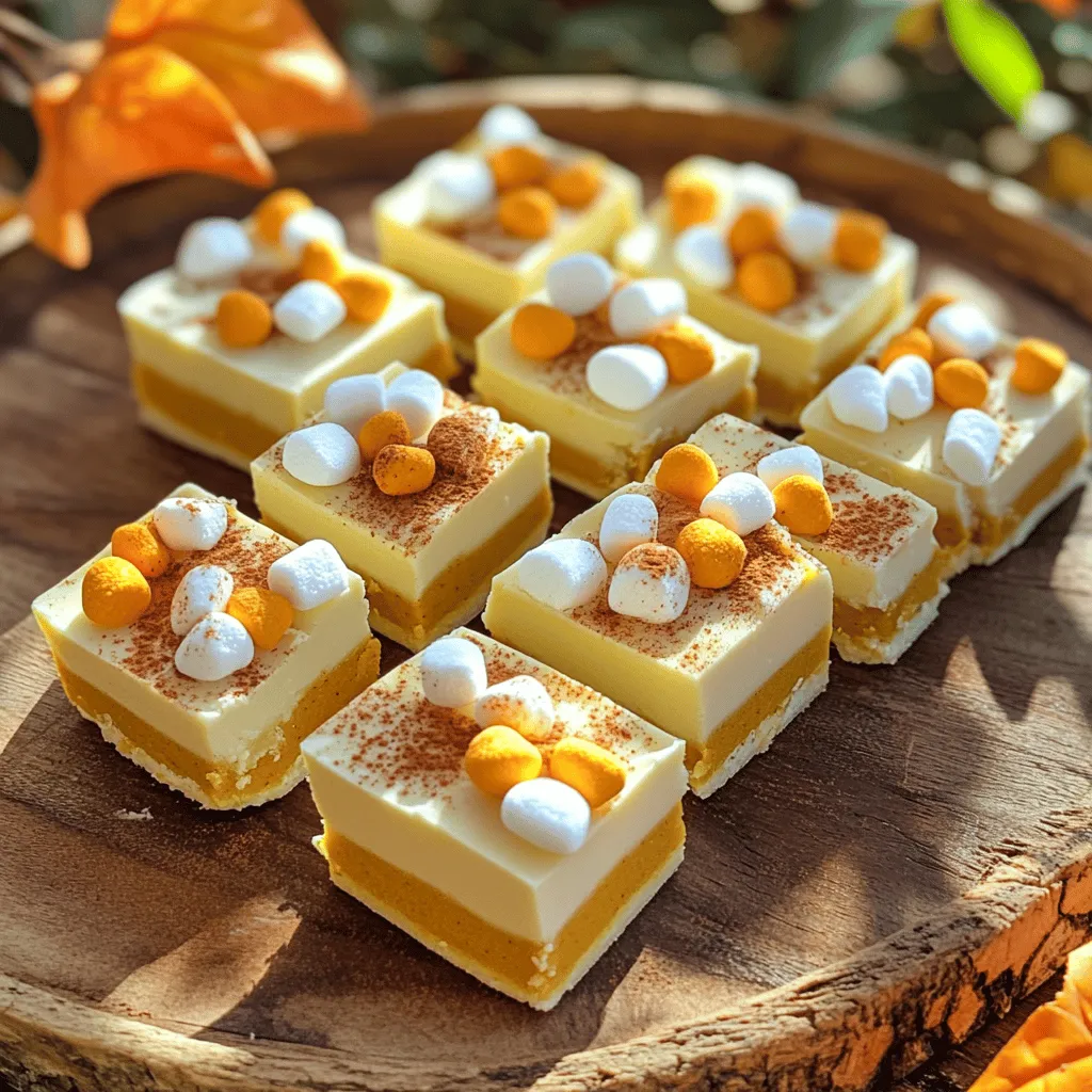 To make Microwave Pumpkin Spice Fudge, you will need: - 2 cups white chocolate chips - 1 cup pumpkin puree - 1 teaspoon pumpkin pie spice - 1/2 teaspoon vanilla extract - 1/4 teaspoon salt - 1/4 cup chopped pecans (optional) - 1/4 cup mini marshmallows (for topping) These simple ingredients make a rich and tasty fudge. The white chocolate blends well with the pumpkin. You can swap some ingredients if needed. Use dark chocolate chips for a richer taste. If you want to keep it dairy-free, try using coconut cream instead of white chocolate. You can also use almond or soy milk for a lighter fudge. Instead of pumpkin puree, you can use sweet potato puree for a different flavor. This keeps the fudge creamy and delicious. To make your fudge even better, try adding some extras. You can mix in a tablespoon of maple syrup for sweetness. A dash of cinnamon or nutmeg adds warmth and spice. Chopped nuts like walnuts or almonds give a nice crunch. You may also add a handful of dried cranberries or raisins for a chewy texture. Each option brings a fun twist to your fudge! Start by gathering your ingredients. You will need: - 2 cups white chocolate chips - 1 cup pumpkin puree - 1 teaspoon pumpkin pie spice - 1/2 teaspoon vanilla extract - 1/4 teaspoon salt - 1/4 cup chopped pecans (optional) - 1/4 cup mini marshmallows (for topping) Make sure your white chocolate chips are fresh. Use pure pumpkin puree for the best flavor. If you want some crunch, chop the pecans now. Grab a large microwave-safe bowl. Mix the white chocolate chips and pumpkin puree. Stir them together until they are just blended. Put the bowl in the microwave. Heat it in 30-second intervals. Stir well after each interval. This should take about 1-2 minutes. Stop when the mixture is smooth and melted. Once melted, add the pumpkin pie spice, vanilla extract, and salt. Stir until everything is well mixed. This is where the magic happens! If you like, fold in the chopped pecans now. This adds a nice crunch to your fudge. Prepare an 8x8 inch baking dish. Line it with parchment paper for easy removal. Pour the fudge mixture into the dish. Use a spatula to spread it evenly. Now, take the mini marshmallows. Sprinkle them over the top of the fudge. Press them down gently so they stick. Place the dish in the refrigerator. Let it chill for at least 2 hours. It should feel firm to the touch when ready. When it’s set, lift the fudge out using the parchment paper. Put it on a cutting board and cut into small squares. Enjoy your sweet treat! To get the best texture, use high-quality white chocolate chips. I find that brands like Ghirardelli or Guittard melt smoothly. Mix the pumpkin puree in well to avoid lumps. Stir the fudge until it is very smooth. If you add nuts, chop them small. This gives a nice crunch without overpowering the fudge. Microwaves can heat unevenly. To prevent burning, heat in small bursts. Start with 30 seconds, then stir. Repeat this until the mix is melted and smooth. This usually takes 1-2 minutes total. If you notice any burning smell, stop and check. You want a creamy texture, not clumps. Dress up your fudge for special occasions. After cutting, place squares on a nice plate. Sprinkle extra pumpkin pie spice on top for flair. Adding whole pecans as a garnish looks great too. You can also wrap fudge in clear bags for gifts. Everyone loves a sweet treat! {{image_4}} You can change the flavor of your fudge with simple swaps. Try using dark chocolate chips instead of white chocolate for a rich taste. You can also add a splash of orange zest for a fresh kick. If you love spice, add a hint of cinnamon or nutmeg. These flavors pair well with pumpkin and make the fudge even more special. To make this fudge nut-free, just skip the pecans. For a vegan option, use dairy-free chocolate chips. The pumpkin puree keeps the fudge moist and creamy. You can also replace the vanilla extract with almond or coconut extract for a unique twist. These small changes make the fudge friendly for everyone. This fudge shines during fall and winter holidays. For Halloween, add candy corn on top instead of marshmallows. During Thanksgiving, mix in some chopped cranberries for a tart bite. For Christmas, sprinkle crushed peppermint candy over the fudge before it sets. Each season offers new ways to enjoy this treat! To keep your Microwave Pumpkin Spice Fudge fresh, store it in an airtight container. Line the container with parchment paper. This helps prevent sticking. Place the fudge in a single layer. If you have more fudge, add parchment paper between layers. You can freeze the fudge if you want to save it for later. Cut it into squares before freezing. Wrap each piece in plastic wrap, then place them in a freezer bag. To thaw, move the fudge to the fridge overnight. This keeps it soft and tasty. When stored properly, the fudge lasts about one week at room temperature. If you keep it in the fridge, it can last up to two weeks. Freezing extends its life to about three months. Always check for any signs of spoilage before enjoying your fudge. You can tell the fudge is set when it feels firm to the touch. After chilling for at least 2 hours, gently press the center of the fudge with your finger. If it springs back and doesn’t leave an indent, it is ready. Look for a shiny surface and a solid texture. You want it to hold its shape well when you lift it from the dish. Yes, you can use dark chocolate! Dark chocolate will give a richer taste. However, the fudge will have a different look and flavor. The pumpkin spice will still shine through, but the overall taste will be less sweet. Just keep an eye on the melting time. Dark chocolate can melt faster than white chocolate. You can add many fun items for texture! Consider adding crushed graham crackers for a crunchy bite. You might also try using chopped nuts like walnuts or almonds. Dried fruits such as cranberries or cherries can add a nice chewiness. Mini chocolate chips can also enhance both texture and flavor. Just mix them in before pouring the fudge into the dish. You learned about key ingredients and options for tasty pumpkin spice fudge. We discussed step-by-step instructions for making it easy. Tips for the perfect texture ensure your fudge stands out. We explored fun variations, including nut-free and seasonal ideas. Lastly, understanding storage helps keep your fudge fresh longer. Enjoy crafting this delicious treat. Your taste buds will thank you!