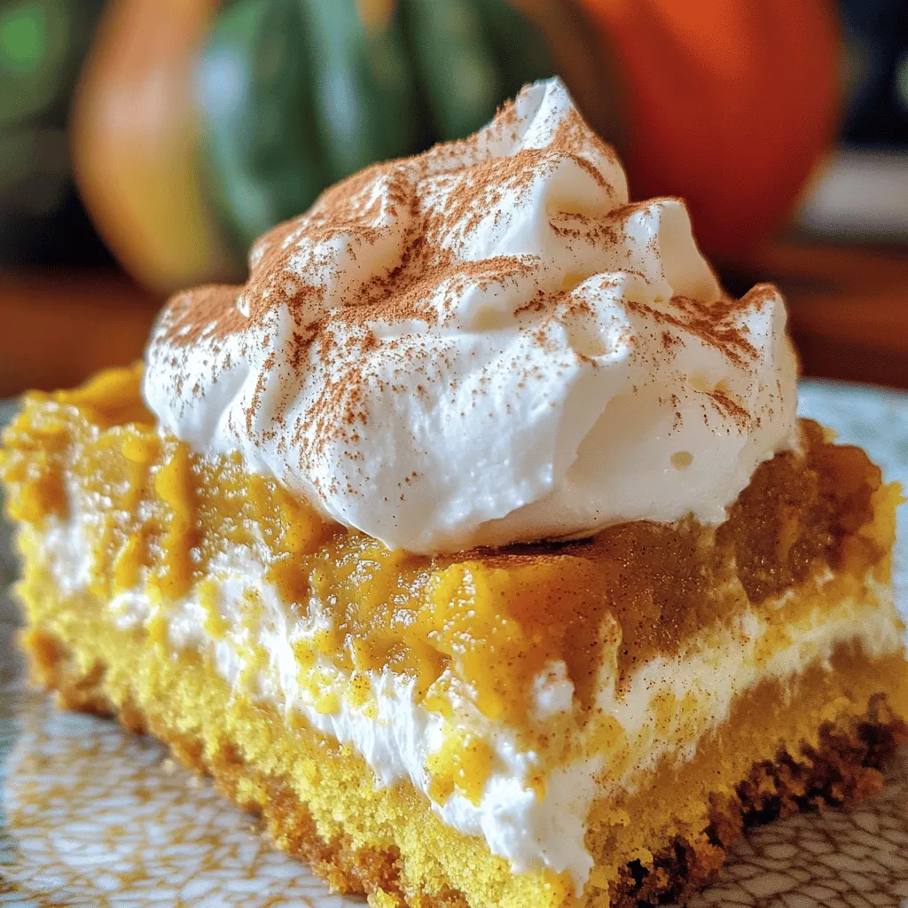 To make Pumpkin Spice Gooey Cake, you need a few simple ingredients. Each one plays a key role in creating that rich and gooey texture. Here’s what you’ll need: - 1 box yellow cake mix - 1/2 cup unsalted butter, melted - 1 large egg, lightly beaten - 1 can pumpkin puree - 3 large eggs (for the gooey layer) - 8 oz cream cheese, softened - 2 cups powdered sugar - 1 teaspoon vanilla extract - 1 tablespoon pumpkin spice blend - 1/2 teaspoon salt - Optional garnish: whipped cream and a sprinkle of ground cinnamon Using these ingredients, you create a delicious blend of flavors that scream fall. The yellow cake mix forms the base, while the pumpkin and cream cheese add that gooey goodness. The pumpkin spice blend gives it that warm, cozy taste we all love. For the full recipe, check the instructions I provided. - Preheat your oven to 350°F (175°C). Grease a 9x13 inch baking dish with butter or cooking spray. This step helps the cake come out easily. - In a large bowl, combine the yellow cake mix, melted butter, and one beaten egg. Stir until you form a crumbly dough. Press this mixture firmly into the bottom of the prepared baking dish to make the crust. - In a separate bowl, mix the pumpkin puree, softened cream cheese, and the remaining three eggs. Add the powdered sugar, vanilla extract, pumpkin spice, and salt. Whisk until the mixture is smooth and creamy. Make sure there are no lumps left from the cream cheese. A smooth mix ensures even baking. - Carefully pour the pumpkin mixture over the crust in the baking dish. Use a spatula to spread it evenly. - Bake in the preheated oven for about 40-45 minutes. The edges should look set, while the center stays slightly gooey. This contrast makes every bite special. - After baking, take the cake out of the oven and let it cool for about 10-15 minutes. Once cooled, cut it into squares for serving. - Enjoy the cake warm or at room temperature. Top with whipped cream and a sprinkle of ground cinnamon for a delightful touch. For the full recipe, you can refer to the instructions above. To make your pumpkin spice gooey cake perfect, follow these tips: - Oven Settings: Preheat your oven to 350°F (175°C). This helps the cake bake evenly. - Pan Recommendations: Use a 9x13 inch baking dish for the best results. Grease it well to prevent sticking. - Ingredient Temperature: Make sure your cream cheese is at room temperature. This helps it mix smoothly with other ingredients. Serving your cake well enhances its flavor. Here are some ideas: - Best Ways to Serve: I love serving this cake warm. It adds to the gooey texture. - Enhancements and Pairings: Top with whipped cream and a sprinkle of cinnamon. You can also add a cinnamon stick for a fun touch. Sometimes, things may not go as planned. Here are solutions to common problems: - Avoiding Overbaking: Keep an eye on your cake while it bakes. The edges should look set, but the center should stay gooey. - Fixes for a Less Gooey Texture: If your cake turns out too firm, try reducing the baking time next time. A gooey texture is key to a great pumpkin spice cake. For the full recipe and detailed instructions, check out the [Full Recipe]. {{image_4}} You can easily make this cake a bit healthier. For a lower sugar version, try using a sugar substitute. Some great options include stevia or monk fruit sweetener. They work well in most recipes. If you want to make it gluten-free, use a gluten-free cake mix. Many brands offer good substitutes that taste great. For those who need dairy-free options, swap cream cheese for a dairy-free version. Brands like Tofutti or Kite Hill offer good alternatives. You can also use coconut cream instead of whipped cream. This will keep the cake creamy without dairy. Adding chocolate chips or nuts can really boost the flavor. I love using semi-sweet chocolate chips. They add a nice contrast to the pumpkin spice flavor. If you want a crunch, add chopped walnuts or pecans. They pair perfectly with the gooey texture. You can also switch up the spices for a unique twist. Try adding a pinch of nutmeg or allspice to the mix. This will give your cake a different but delightful taste. Another idea is to use chai spice instead of pumpkin spice. It will give your cake an exciting new flavor profile. For the full recipe, check out the details above. To keep your Pumpkin Spice Gooey Cake fresh, store it in the fridge. Place the cake in an airtight container. If you do not have one, cover the cake tightly with plastic wrap. This helps to keep it moist and prevents it from absorbing other smells in the fridge. The cake will stay fresh for about 4 to 5 days. If you want to enjoy it warm, just pop a piece in the microwave for a few seconds. Freezing is a great option for long-term storage. To freeze the cake, first, let it cool completely. Cut the cake into squares and wrap each piece tightly in plastic wrap. Then, place the wrapped pieces in a freezer-safe bag or container. This way, they won’t stick together. The cake can last up to 3 months in the freezer. To thaw, simply take out a piece and leave it in the fridge overnight or let it sit at room temperature for a few hours. Enjoy the gooey goodness whenever you crave it! For the full recipe, check out the detailed instructions above. Look for a few signs. The edges should feel firm. The center will be a bit soft but not wet. Use a toothpick to test; it should come out with a few moist crumbs. If it’s too wet, bake a bit longer. This cake needs to stay gooey in the middle, so don’t overbake! Yes, you can use fresh pumpkin! Just be careful. Fresh pumpkin has less water than canned. This can change the cake's texture. If you use fresh, make sure to cook and puree it well. Canned pumpkin is easy and consistent, but fresh can taste better. You get to choose based on what you like! Serve it warm with whipped cream on top. A sprinkle of cinnamon adds a nice touch. You can also add a scoop of vanilla ice cream. For a twist, try serving with caramel sauce. Each of these adds flavor and makes this dessert even more special. Enjoy the full recipe to discover how to make this treat! This blog post covered how to make a Pumpkin Spice Gooey Cake. You learned about essential ingredients and each step of the process. We discussed helpful tips, storage methods, and exciting variations. Baking can be fun and rewarding. With this recipe, you can impress family and friends. Don't hesitate to try your own twists. Enjoy the sweet, warm flavors of autumn! Happy baking!