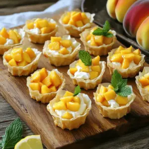 To make these tasty tarts, you need: - 1 package of pre-made phyllo pastry cups (about 15 cups) - 8 oz cream cheese, softened - 1/4 cup powdered sugar - 1 teaspoon vanilla extract - 2 ripe peaches, diced (around 1 cup) - 1 tablespoon fresh lemon juice - Fresh mint leaves for garnish Each ingredient plays a key role. The cream cheese provides a creamy base. The peaches add freshness and sweetness. The powdered sugar and vanilla enhance the flavor. You can add a touch of honey for extra sweetness. This is great if your peaches are less sweet. Fresh mint leaves are also nice for garnish. They give a pop of color and fresh taste. If you don’t have cream cheese, try mascarpone or Greek yogurt. They both give a similar creamy texture. For peaches, you can use ripe nectarines or plums. You can also swap the powdered sugar with coconut sugar for a different flavor. Start by getting your oven ready. Preheat it to 350°F (175°C). This step helps the phyllo cups become crispy. Next, take your package of pre-made phyllo pastry cups. Place them on a baking sheet. If you want to serve them cold, you can skip the baking step. Now, grab a large mixing bowl. Add 8 oz of softened cream cheese. Then, pour in 1/4 cup of powdered sugar and 1 teaspoon of vanilla extract. Use an electric mixer to blend these ingredients. Mix on medium speed for about 2-3 minutes. You want a smooth and creamy texture. In another small bowl, take 2 ripe peaches and dice them. You should have about 1 cup of diced peaches. Toss them with 1 tablespoon of fresh lemon juice. If you like, add 1 tablespoon of honey for extra sweetness. This mix brightens the flavor and stops the peaches from browning. Carefully fold this peach mix into the cream cheese mixture. Ensure the peaches are evenly coated. If you plan to bake, spoon the peach and cream cheese mixture into each phyllo cup. Fill them generously. Place the filled cups on your baking sheet and put it in the oven. Bake for about 10-12 minutes. Look for golden brown edges on the phyllo cups. If you prefer them cold, skip this baking step. After baking, pull the tarts from the oven. Let them cool on the baking sheet for about 5 minutes. If you skipped baking, chill the filled cups in the refrigerator for about 30 minutes. Just before serving, add a fresh mint leaf on top of each tart. This adds color and freshness to your delightful dessert. Enjoy these mini peach cream cheese tarts! To make your phyllo cups crisp, bake them first. Preheat your oven to 350°F (175°C). This step is key for that crunchy texture. Arrange the cups on a baking sheet. Bake them for about 10-12 minutes. When they turn golden brown, they are ready. Let them cool slightly before filling. Choose ripe peaches for the best flavor. They should feel soft but not mushy. Start by washing the peaches under cool water. Cut them in half and remove the pit. Slice each half into small pieces. Toss the diced peaches with fresh lemon juice. Lemon juice keeps them bright and fresh. You can add honey if you want extra sweetness. If you have leftover tarts, store them carefully. Place them in an airtight container in the fridge. They can last for up to two days. To keep the phyllo cups crisp, do not stack them. If you want to enjoy them later, consider freezing the filling separately. When ready to eat, just fill fresh cups and enjoy! {{image_4}} You can swap peaches for other fruits. Strawberries, blueberries, or raspberries work well. Each fruit brings its unique flavor. Try mixing fruits for a colorful treat. Seasonal fruits like apricots or plums are great too. You can even use canned fruits if fresh ones aren't available. Just make sure to adjust the amount of sugar based on the fruit's sweetness. Cream cheese is versatile. You can add flavors to it for a twist. Mix in lemon zest for a fresh taste. Or try almond extract for a nutty flavor. You could even stir in cocoa powder for a chocolate version. Each change can make a new experience. Get creative and find your favorite combinations! If you need gluten-free options, choose gluten-free phyllo cups. They can be found in many stores. For a dairy-free version, use vegan cream cheese. Look for brands that taste great. You can still enjoy these tarts without gluten or dairy. Just remember to check labels to ensure all your ingredients match your needs. To keep your mini peach cream cheese tarts fresh, store them in an airtight container. Place a piece of parchment paper between layers to avoid sticking. Keep them in the fridge. They taste best within three days. If you need to store them longer, freezing is a great option. Freezing these tarts is simple. First, let them cool completely. Then, place them in a single layer on a baking sheet. Freeze until firm, about one hour. After that, transfer them to a freezer-safe bag. Make sure to remove excess air. They can last up to three months in the freezer. When you are ready to enjoy your tarts, preheat your oven to 350°F (175°C). Place the tarts on a baking sheet. Heat for about 10 minutes. This will make the pastry crisp again. If you prefer, you can also microwave them for about 20 seconds. Just be careful, as microwaving may soften the crust. You can replace cream cheese with Greek yogurt for a lighter option. Mascarpone also works well, giving a rich texture. For a vegan choice, try cashew cream or silken tofu blended until smooth. These tarts will stay fresh for about 2-3 days when stored in the fridge. After that, the phyllo cups may become soggy. Enjoy them sooner for the best taste and texture. Yes, you can prepare the filling a day in advance. Store it in the fridge until you're ready to fill the cups. If you bake them, allow them to cool before storing. Serve these tarts chilled or at room temperature. Garnish with mint leaves just before serving for a fresh touch. They are great for summer parties or casual gatherings. You can find pre-made phyllo pastry cups at most grocery stores. They are often located in the frozen food aisle, near the desserts. Look for brands that offer easy-to-use options. Mini peach cream cheese tarts are easy and fun to make. We covered key ingredients, steps, and tips. You learned how to prep the oven, make the cream cheese mix, and fill the pastry cups. Variations let you use different fruits or flavors too. Storing and reheating practices ensure your tarts stay fresh. Enjoy exploring this tasty recipe! It's a great way to impress guests with your baking skills. Don't hesitate to try new flavors and toppings. You'll create delightful treats for any occasion!
