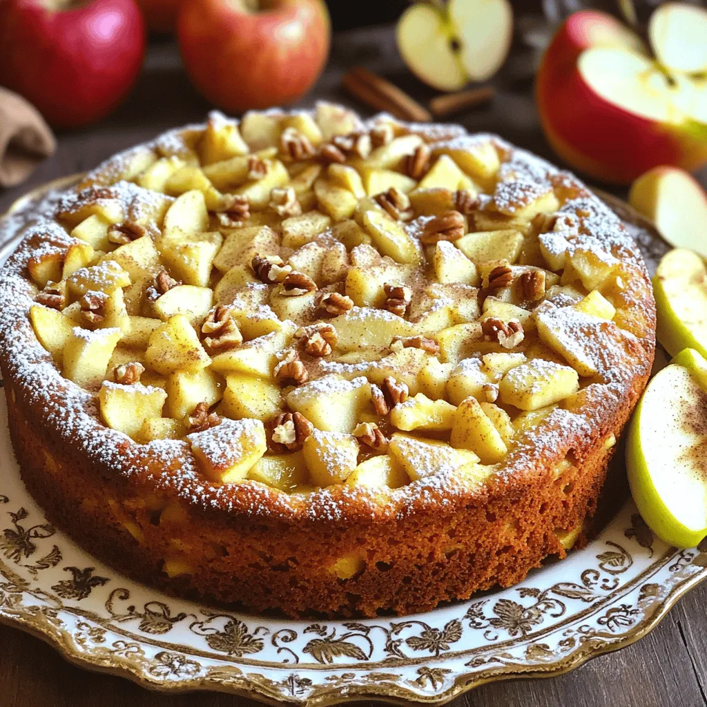 To make this quick cinnamon apple cake, you will need: - 2 medium apples, peeled and diced into bite-sized pieces - 1 cup granulated sugar - 1/2 cup unsalted butter, softened to room temperature - 2 large eggs, at room temperature - 1 teaspoon pure vanilla extract - 1 1/2 cups all-purpose flour - 1 teaspoon baking powder - 1/2 teaspoon baking soda - 1 teaspoon ground cinnamon - 1/4 teaspoon fine salt These ingredients create the perfect mix of sweet and spice. To add a nice crunch to your cake, consider using: - 1/2 cup chopped walnuts Walnuts enhance the flavor and texture, making each bite delightful. You can skip them if you prefer a softer cake. If you find yourself missing an ingredient, don't worry! Here are some substitutes: - Use brown sugar instead of granulated sugar for a richer flavor. - Swap unsalted butter with coconut oil for a dairy-free option. - For gluten-free options, use a 1-to-1 gluten-free flour blend. These swaps will keep your cake tasty while fitting your needs. 1. Preheat your oven to 350°F (175°C). This step is key for even baking. 2. Grease and flour an 8-inch round cake pan. This helps the cake come out clean. 3. In a large bowl, mix the softened butter and sugar. Use a mixer to blend until light and fluffy. 4. Add the eggs, one at a time. Mix well after each addition. Then, stir in the vanilla extract. 5. In another bowl, whisk together the flour, baking powder, baking soda, cinnamon, and salt. This makes sure everything is evenly mixed. 6. Gradually mix the dry ingredients into the wet mixture. Use a spatula to combine gently. Do not overmix, or the cake may be tough. 7. Fold in the diced apples and walnuts, if using. Ensure they are evenly spread in the batter. 8. Pour the batter into the prepared cake pan. Use a spatula to smooth it out. 9. Bake in the preheated oven for 30-35 minutes. 10. To check if the cake is done, insert a toothpick into the center. If it comes out clean, the cake is ready. 11. Once baked, let the cake cool in the pan for 10 minutes. Then, transfer it to a wire rack to cool completely. 12. After cooling, dust the top with powdered sugar. This adds a sweet finish to your cake. Start by creaming the butter and sugar. Use a mixer for best results. Mix until light and fluffy. This step adds air to the batter, making it rise. Add the eggs one at a time. Mix well after each. This keeps the cake smooth and even. When you add the dry ingredients, do it slowly. Mix just until you see no dry flour. Overmixing can make the cake tough. You can change the flavor with different spices. Try nutmeg or allspice with the cinnamon. For a fun twist, add vanilla bean paste instead of extract. If you love nuts, use pecans or almonds instead of walnuts. Add raisins or dried cranberries for sweetness. Fresh lemon zest can brighten the taste. Get creative with what you have on hand. Let the cake cool completely before serving. This helps with cutting nice slices. Dust the top with powdered sugar for a sweet touch. Serve it on a pretty plate to impress guests. You can add thin apple slices on top for decoration. A sprinkle of cinnamon around the edges looks great too. For a warm treat, serve with whipped cream or vanilla ice cream. {{image_4}} You can switch out apples for other fruits. Pears add a soft touch, while berries give a fresh burst. Peaches bring a sweet, juicy flavor too. Just remember to adjust the sugar if you use very sweet fruits. Each fruit will change the cake's look and taste. Want more flavor? Try adding spices like nutmeg or cardamom. A splash of almond extract can also brighten the cake. You can mix in chocolate chips for a rich twist. For a nutty flavor, add chopped pecans or almonds. These small changes can make a big difference. To make this cake gluten-free, replace all-purpose flour with a gluten-free blend. Make sure it has xanthan gum to help with texture. You can also use almond flour for a nutty taste. Adjust the baking time as needed, since gluten-free cakes may bake differently. Enjoy every bite without worry! To store leftover Quick Cinnamon Apple Cake, let it cool completely. Place the cake in an airtight container. You can also wrap it tightly in plastic wrap. Store it at room temperature for up to three days. If you want it to last longer, keep it in the fridge for about a week. To freeze the cake, make sure it is fully cooled. Wrap the cake tightly in plastic wrap, then in aluminum foil. This prevents freezer burn. You can freeze it for up to three months. When you’re ready to enjoy it, just thaw it in the fridge overnight. To reheat slices, place them in a microwave-safe dish. Heat for about 15-20 seconds. For a crispier texture, preheat your oven to 350°F (175°C). Place the cake on a baking sheet and warm it for about 10 minutes. This will refresh the cake's flavors and texture. Yes, you can make this cake without eggs. You can use unsweetened applesauce or mashed bananas as a substitute. Use 1/4 cup of applesauce or banana for each egg. This will help keep the cake moist, just like eggs do. I recommend using tart apples like Granny Smith or Honeycrisp. They add a great balance of sweetness and tartness. You can also try Fuji or Gala apples. Just make sure they are firm and fresh for the best flavor. Once baked, the cake stays fresh for about 3 to 4 days at room temperature. Store it in an airtight container to keep it moist. If you want it to last longer, you can refrigerate it for up to a week. Yes, you can use different sweeteners. Brown sugar or coconut sugar works well. If you prefer a sugar-free option, try using stevia or monk fruit sweetener. Just keep in mind that the texture may change slightly, but it will still taste great. This post covered the key ingredients, step-by-step baking, and useful tips for your cake. You learned about custom flavors, storage, and even gluten-free options. With these insights, you can create a delicious cake that suits your taste. Remember, baking is about experimenting and having fun. So go ahead, mix and match ingredients! Enjoy your cake-making journey.
