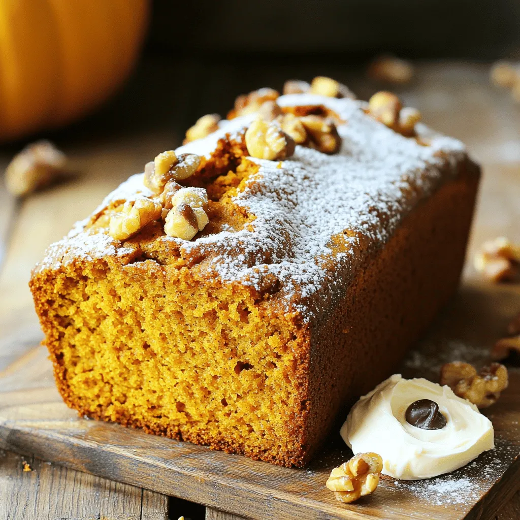 To make this warm and tasty pumpkin bread, you need these main ingredients: - 1 cup canned pumpkin puree - 1 cup granulated sugar - 1/2 cup light brown sugar, firmly packed - 1/2 cup vegetable oil - 2 large eggs, at room temperature - 1 teaspoon vanilla extract - 1 3/4 cups all-purpose flour, sifted - 1 teaspoon baking soda - 1/2 teaspoon baking powder - 1 teaspoon ground cinnamon - 1/2 teaspoon ground nutmeg - 1/4 teaspoon ground cloves - 1/4 teaspoon ground allspice - 1/2 teaspoon salt Each of these ingredients plays a key role. The pumpkin puree gives moisture and flavor. The sugars add sweetness and help with browning. The oil keeps the bread tender. For extra taste, consider adding these: - 1/2 cup chopped walnuts or pecans - 1/2 cup semi-sweet chocolate chips These optional ingredients add texture and a sweet touch. You can mix and match based on your taste. Using high-quality ingredients makes a big difference. Choose pure pumpkin puree, not pumpkin pie filling. Fresh spices give a stronger flavor than old ones. If you can, buy organic eggs and natural sugars. This will enhance the taste and health of your pumpkin bread. First, preheat your oven to 350°F (175°C). While the oven heats, grab a 9x5 inch loaf pan. Grease it with butter or cooking spray. Then, dust it lightly with flour. This step keeps the bread from sticking. In a large mixing bowl, add 1 cup of canned pumpkin puree. Next, mix in 1 cup of granulated sugar and 1/2 cup of light brown sugar. Pour in 1/2 cup of vegetable oil. Crack in 2 large eggs at room temperature. Finally, add 1 teaspoon of vanilla extract. Whisk everything together until it is smooth and well blended. In another bowl, sift together 1 3/4 cups of all-purpose flour, 1 teaspoon of baking soda, and 1/2 teaspoon of baking powder. Add 1 teaspoon of ground cinnamon, 1/2 teaspoon of ground nutmeg, 1/4 teaspoon of ground cloves, and 1/4 teaspoon of ground allspice. Don’t forget to add 1/2 teaspoon of salt. Sifting helps mix the dry ingredients evenly. Now, slowly mix the dry ingredients into the wet mixture. Use a wooden spoon or spatula to stir gently. Be careful not to overmix; a few lumps in the batter are fine. If you want extra flavor, fold in 1/2 cup of chopped walnuts or pecans and 1/2 cup of semi-sweet chocolate chips. Then, pour the batter into your prepared loaf pan. Use a spatula to smooth the top. Bake in the preheated oven for 60 to 70 minutes. Check for doneness at the 60-minute mark. A toothpick should come out clean or with a few moist crumbs. Once done, take the loaf out of the oven. Let it cool in the pan for about 10 minutes. Then, move it to a wire rack to cool completely. For serving, slice the bread and enjoy it warm. You can dust the top with powdered sugar or add a cream cheese spread for extra flavor. To get the best texture in your pumpkin bread, use room temperature eggs. Cold eggs can make the batter thick and lumpy. Whisk your wet ingredients until smooth. Then, gently mix in the dry ingredients. Overmixing makes the bread tough. A few lumps are okay; they help keep the bread soft. One common mistake is not measuring your flour correctly. Use the spoon-and-level method to avoid too much flour. Another mistake is skipping the cooling time. Letting the bread cool helps it set properly. If you cut it too soon, it may fall apart. Spices make pumpkin bread shine. Use fresh ground spices for a bold taste. I love adding a little extra cinnamon or nutmeg for warmth. You can also mix in a pinch of ginger for a little kick. Don't hold back on flavor; it makes the bread even better! {{image_4}} You can make this pumpkin bread gluten-free! Use a gluten-free flour blend instead of all-purpose flour. Look for blends with xanthan gum, as it helps with texture. The taste stays rich, and you won’t miss the gluten at all. To make this bread vegan, swap the eggs for flax eggs. Mix 1 tablespoon of flaxseed meal with 2.5 tablespoons of water. Let it sit for 5 minutes to thicken. Replace the vegetable oil with coconut oil or applesauce. This makes a moist and tasty loaf without any animal products. You can add fun flavors to your pumpkin bread! Here are some ideas: - Chopped nuts: Use walnuts or pecans for crunch. - Chocolate chips: Add semi-sweet or dark chocolate for sweetness. - Dried fruit: Try raisins or cranberries for a chewy bite. - Spices: Experiment with cardamom or ginger to boost the flavor. Mix and match these options to create a loaf that is truly your own! To keep your pumpkin bread fresh, let it cool completely first. Wrap it in plastic wrap or foil. This keeps the bread moist. You can store it at room temperature for up to three days. If you want to keep it longer, use the fridge. In the fridge, it stays good for about a week. Freezing is a great way to save pumpkin bread for later. Slice the bread before freezing. Wrap each slice in plastic wrap. Then put the slices in a freezer bag. Squeeze out the air before sealing. This helps prevent freezer burn. Your pumpkin bread will stay fresh for up to three months in the freezer. To enjoy your pumpkin bread again, you can reheat it easily. If it’s frozen, let it thaw in the fridge overnight. For quick warming, use a microwave. Heat each slice for about 15-20 seconds. You can also use the oven. Preheat it to 350°F (175°C) and warm the slices for about 10 minutes. Enjoy your bread warm for the best taste! Yes, you can use fresh pumpkin. Just cook and puree it first. You need about 1 cup of fresh pumpkin. Make sure it’s smooth like canned puree for the best texture. Pumpkin bread can last up to five days at room temperature. Keep it in an airtight container to keep it fresh. If you want it to last longer, you can freeze it. Yes, you can substitute some ingredients. Use applesauce instead of oil for a healthier option. You can swap out the nuts or chocolate chips based on your taste. Just keep the main ingredients the same for the best results. Pumpkin bread tastes great with a spread of cream cheese. You can also enjoy it with butter or a sweet glaze. Pair it with a warm drink like coffee or tea for a cozy treat. Check the bread at 60 minutes. Insert a toothpick in the center. If it comes out clean or with a few moist crumbs, it’s done. If not, bake for a few more minutes and check again. This blog post gave you a complete guide to making the perfect copycat Starbucks pumpkin bread. We covered essential ingredients, step-by-step instructions, and tips to enhance flavor and texture. You can even explore gluten-free and vegan options. Store your bread well to enjoy it longer. Remember, baking is fun and can be shared! Enjoy your warm slices with friends, coffee, or a cozy evening at home. Happy baking!