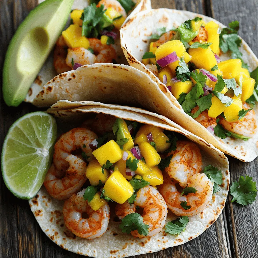 - 1 lb large shrimp, peeled and deveined - 2 tablespoons olive oil - 1 teaspoon smoked paprika - 1 teaspoon ground cumin - 1 teaspoon chili powder - 1/2 teaspoon salt - 1/4 teaspoon cayenne pepper (adjust according to spice preference) - 8 small corn tortillas Large shrimp form the base of these tacos. They bring a sweet, juicy taste. Olive oil helps the spices stick and adds richness. The spices—smoked paprika, cumin, and chili powder—bring heat and depth to the dish. Adjust the cayenne pepper for your desired spice level. Corn tortillas wrap around the shrimp, adding a nice texture. - 1 ripe mango, diced into small cubes - 1/2 red onion, finely chopped - 1 jalapeño, seeded and minced - 1/4 cup fresh cilantro, chopped - Juice of 1 lime - Additional salt to taste The mango salsa complements the shrimp. Ripe mango adds a sweet and fruity note. Red onion gives crunch and bite. Jalapeño adds a fresh heat, while cilantro offers a burst of flavor. Lime juice brightens the mix and adds zest. This salsa balances the spicy shrimp perfectly. - Avocado slices - Lime wedges Adding avocado slices brings creaminess to the tacos. Lime wedges offer an extra citrus kick. Both make each bite even more delightful. Feel free to customize your tacos with these options for added texture and flavor! First, take 1 pound of large shrimp. Peel and devein them if needed. In a medium bowl, add the shrimp with 2 tablespoons of olive oil. Then, sprinkle in 1 teaspoon of smoked paprika, 1 teaspoon of ground cumin, and 1 teaspoon of chili powder. Add 1/2 teaspoon of salt and 1/4 teaspoon of cayenne pepper. Mix well to coat all shrimp. Let them marinate for 15 minutes. This time helps the shrimp soak up the flavors. While the shrimp marinates, let's make mango salsa. Dice 1 ripe mango into small cubes. Chop 1/2 red onion finely. Seed and mince 1 jalapeño. In a bowl, combine the mango, onion, and jalapeño. Add 1/4 cup of chopped cilantro. Squeeze in the juice of 1 lime and a pinch of salt. Mix gently and set aside for the flavors to blend. This salsa adds a fresh, sweet touch to your tacos. Next, heat a non-stick skillet over medium-high heat. Once hot, add the marinated shrimp in a single layer. Cook for about 2-3 minutes on each side. You'll know they are ready when they turn pink and opaque. Be careful not to overcook them. Perfectly cooked shrimp should be tender and juicy. Now, let’s warm the corn tortillas. Use a dry skillet and heat each tortilla for about 30 seconds on both sides. They should be pliable and slightly toasted. Warm tortillas make it easy to fold your tacos without breaking. It’s time to build your tacos! Take a warm tortilla and add a few shrimp on top. Generously spoon the mango salsa over the shrimp. If you like, add sliced avocado for a creamy finish. The combination of flavors and textures is delightful. For a beautiful presentation, arrange your tacos on a colorful platter. Sprinkle some extra cilantro on top for a fresh look. Serve with lime wedges on the side for an extra burst of flavor. Enjoy your tasty creation with friends and family! How do I adjust the spice level? You can easily change the heat by adjusting the cayenne pepper. Start with a little and add more if you like it spicier. Remember, you can always add heat, but you cannot take it away! What other spices can I use? You can try adding crushed red pepper or even chipotle powder for a smoky twist. Both options can enhance the flavor without overpowering the dish. What size shrimp should I use? I recommend large shrimp for tacos. They hold up well and are easy to eat. Look for shrimp that are fresh and firm to the touch. Should I use fresh or frozen shrimp? Fresh shrimp tastes great, but frozen shrimp is also good. Just make sure to thaw frozen shrimp in the fridge before cooking. This keeps them juicy and tender. What herbs can I use? Fresh cilantro adds a bright flavor. You can also use parsley or mint for a different taste. Experiment until you find your favorite! What toppings can I add? Slices of creamy avocado bring a nice texture. You can also try crumbled feta cheese or pickled onions for extra flavor. {{image_4}} If you want a change from shrimp, try chicken or fish. For chicken, use boneless, skinless thighs. Marinate them in the same spices as the shrimp. Grill or sauté until fully cooked. For fish, select white fish like tilapia or cod. Cook it with the same method. If you prefer a vegetarian option, consider using grilled portobello mushrooms. Slice them and marinate in olive oil and spices. They add a great texture and flavor. You can switch up the mango salsa for a pineapple salsa. Dice fresh pineapple, red onion, and jalapeño. Add cilantro and lime juice for zing. This gives a sweeter taste that pairs nicely with spicy proteins. Another fun idea is avocado salsa. Mash ripe avocados with lime juice, diced onions, and chopped cilantro. This creamy salsa adds richness to your tacos. For tortillas, you can use flour or corn. Corn tortillas are classic for tacos. They have a nice flavor and texture. Flour tortillas are softer and can hold more filling. If you need a gluten-free option, look for corn tortillas. They work well and keep the taco true to its roots. Check labels to ensure they are gluten-free. To keep your spicy shrimp and mango salsa fresh, follow these steps: - Place leftover shrimp in an airtight container. - Store the salsa in a separate container. - Refrigerate both items within two hours of cooking. Your shrimp should last for up to three days in the fridge. The salsa will stay fresh for about two days. When it’s time to enjoy your leftovers, you can reheat the shrimp and tortillas easily: - Shrimp: Heat a skillet over medium heat. Add a bit of oil and cook for 1-2 minutes until warmed. - Tortillas: Warm tortillas in a dry skillet for about 20 seconds on each side. Avoid overcooking the shrimp. It’s best when it’s just heated through. You can freeze shrimp tacos if you want to save them for later: - Yes, you can freeze them! - Wrap each taco tightly in plastic wrap. Then place them in a freezer bag. To thaw, place the tacos in the fridge overnight. Reheat on the stove as directed above. This keeps the shrimp tasty and the tortillas soft. You can tell shrimp are cooked by their color and texture. Cooked shrimp turn pink and opaque. Their shape also curls slightly. If the shrimp are firm to the touch, they are ready. Usually, this takes about 2-3 minutes per side. Avoid overcooking; it makes shrimp tough. Yes, you can make mango salsa ahead of time. It tastes even better after sitting. Just mix the diced mango, onion, jalapeño, cilantro, lime juice, and salt. Store it in the fridge for up to one day. This allows the flavors to blend nicely. Remember to stir it before serving. You can enjoy shrimp tacos with many side dishes. Some good options are: - Black beans - Mexican rice - Grilled corn - Chips and guacamole - Fresh salad For drinks, try: - A cold beer - Fresh lemonade - A fruity margarita Yes, shrimp tacos are a healthy choice. Shrimp are low in calories and high in protein. They also provide important nutrients like selenium and vitamin B12. The mango salsa adds vitamins and fiber from mangoes and vegetables. Overall, these tacos are a tasty and nutritious meal. Spicy shrimp tacos are a fun and tasty dish. You learned about key ingredients, like large shrimp and ripe mango. I shared easy steps to marinate shrimp, prepare salsa, and cook it all. Don’t forget garnishes like avocado. You can also swap in chicken or fish if you prefer. For a delightful meal, always pick fresh ingredients. Enjoy your cooking adventure with these shrimp tacos and make them your own.