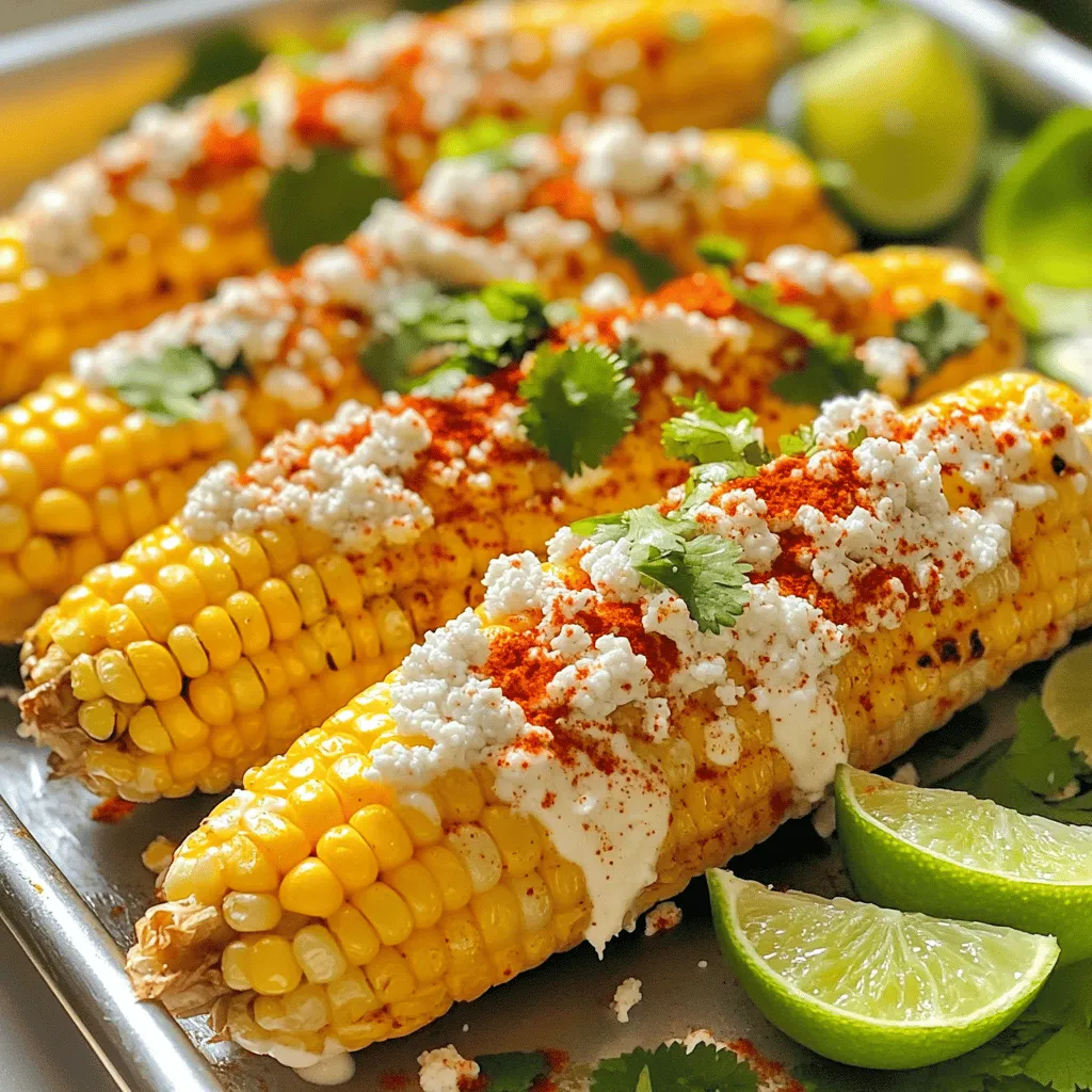 For the best Easy Mexican Street Corn, gather these key ingredients: - 4 ears of ripe fresh corn, husked - 1/2 cup creamy mayonnaise - 1/2 cup crumbly cotija cheese - 1 teaspoon vibrant chili powder - 1 teaspoon fragrant garlic powder - 1 tablespoon freshly squeezed lime juice - 1/4 teaspoon smoky paprika - Fresh cilantro, finely chopped (for garnishing) - Lime wedges (for serving) These ingredients work together to create a rich and tasty dish. The corn gives you sweetness, while the mayonnaise adds creaminess. Cotija cheese brings a salty bite, and the spices give depth. Want to make your corn even more special? Here are some optional add-ins: - A pinch of cayenne pepper for heat - Chopped green onions for a fresh crunch - A drizzle of hot sauce for added spice - Grated Parmesan cheese for a different cheese flavor Feel free to mix and match these add-ins. Each one can take your corn to the next level. No cotija cheese? No problem! Here are some good substitutes: - Feta cheese offers a similar salty flavor. - Queso fresco is another great choice. - Vegan mayo can replace regular mayonnaise for a dairy-free option. Adjust the recipe to fit what you have at home. Cooking should be fun and flexible. If you want the full recipe to try this dish, check out the detailed steps. Start with fresh corn. You need four ears, husked and cleaned. Husked corn means you remove the green leaves and silk. This way, the corn can grill evenly. Rinse the corn under cool water to remove any dirt. Dry it with a clean towel. While the corn is drying, mix the sauce. In a bowl, combine half a cup of mayonnaise with one tablespoon of lime juice. Add one teaspoon of chili powder and one teaspoon of garlic powder. For a smoky taste, include a quarter teaspoon of paprika. Stir well until it is smooth. This sauce will add a zesty kick to your corn. Now, preheat your grill to medium-high. Place the corn directly on the grates. Grill for about 10 to 15 minutes. Turn the corn often. You want nice grill marks and tender corn. When it’s done, take the corn off the grill and let it cool for a minute. Once the corn is cool enough to touch, it’s time to assemble. Use a brush or the back of a spoon to spread the creamy sauce all over the corn. Don’t be shy! Next, sprinkle half a cup of crumbled cotija cheese on top. Finally, add fresh cilantro for garnish. Serve with lime wedges on the side. This adds a fresh burst of flavor. Enjoy this tasty dish with your friends and family. For the full recipe, check the details above! To get great corn, start with fresh ears. Look for bright green husks. Hot grills make the best marks. Aim for medium-high heat. Grill the corn for 10-15 minutes. Turn it often to cook evenly. You want a nice char but avoid burning. That sweet, smoky taste makes all the difference. You can make this dish just how you like it. Want it spicy? Add more chili powder or a dash of cayenne. For a milder taste, cut back on the spice. You can also mix in some paprika for flavor without too much heat. Taste your sauce as you go. Adjust the spice until you are happy. Serve your Mexican street corn hot off the grill. It pairs well with grilled meats or fish. You can also serve it as a tasty side for tacos. For a fun twist, try it with nachos or quesadillas. Don’t forget the lime wedges! They add a fresh kick. For more flavor, sprinkle extra cotija cheese on top. This dish is perfect for summer barbecues or casual get-togethers. Check out the Full Recipe for more tips on serving. {{image_4}} You can switch up the cheese for a new taste. Try feta cheese for a salty kick. Parmesan cheese works too, adding a nutty flavor. If you want more creaminess, use cream cheese. Each choice gives you a unique twist on this dish! You can enjoy this dish without dairy. Use vegan mayo as a base. Instead of cheese, try nutritional yeast for a cheesy flavor. Add a sprinkle of lime juice for that zesty kick. This way, you can savor the taste while sticking to a vegan diet. Want more heat? Add diced jalapeños to the creamy sauce. You can also sprinkle cayenne pepper for a fiery touch. For a smoky flavor, use chipotle powder instead of chili powder. Each addition raises the excitement of this tasty corn dish! For the full recipe, check out the details above. To store your leftover Mexican street corn, wait for it to cool. Then, wrap each ear in plastic wrap or place it in an airtight container. This helps keep the corn fresh. You can store it in the fridge for up to three days. Make sure to check for any signs of spoilage before using it. When you're ready to enjoy your leftovers, reheating is key. The best way to reheat corn is on the grill or in a skillet. This keeps the corn juicy and enhances the flavors. Heat it for about five minutes, turning occasionally to avoid burning. If you want, add a little extra mayo and cheese to boost the taste. Leftover Mexican street corn can add a fun twist to other meals. You can slice the corn off the cob and mix it into salads for a crunchy bite. It also works well in tacos or burritos, adding a zesty touch. You can even stir it into soups for added flavor. The possibilities are endless, and it's a great way to use what you have! For the full recipe, check out the Easy Mexican Street Corn Delight. The best time to grill corn is during summer. Fresh corn is at its peak then. Look for corn with bright green husks and plump kernels. Grilling during warm days brings out the sweet flavor. Yes, you can make parts of this recipe ahead of time. You can grill the corn a few hours before serving. Just keep it warm in foil. Mix the sauce in advance too. Store it in the fridge until you are ready to use it. This way, it stays fresh and tasty. You can use frozen corn but the texture will be different. Frozen corn may not get the same char as fresh corn. If you use frozen corn, thaw and drain it first. Then, grill it in a pan or on a grill to get some color. If you can't find cotija cheese, try feta cheese. Feta has a similar crumbly texture. You can also use queso fresco or even Parmesan cheese. Each option will give a nice flavor to your dish. Easy Mexican street corn is simple to make with the right ingredients and steps. We covered key components, optional add-ins, and substitutions to suit your taste. I shared tips for grilling and customizing flavors, plus fun variations for all diets. Remember to store leftovers properly and use them in new dishes. Mexican street corn is a fun way to enjoy summer flavors anytime. Now, it’s time to get cooking and savor this tasty treat!