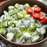 - Greek yogurt - Cucumbers - Fresh dill - Lemon juice - Garlic - Olive oil - Salt and pepper - Optional: Cherry tomatoes for garnish Tzatziki cucumber salad is simple and refreshing. To make it, gather these key ingredients. First, you need Greek yogurt. This yogurt adds a rich, creamy texture. Next, grab some cucumbers. The crunch of fresh cucumbers gives the salad its bite. Use fresh dill for a bright flavor. Lemon juice brings a zesty kick. Garlic adds depth and a savory note. Olive oil enhances the richness. Finally, season with salt and pepper to taste. If you like, include cherry tomatoes for a pop of color and sweetness. These ingredients work together to create a tasty dish. With these basics, you can make a salad that shines! To start, you need to prepare the cucumbers. First, peel them if you'd like a smoother texture. Then, chop them into small, bite-sized pieces. Place the diced cucumbers in a strainer. Sprinkle a bit of salt over them. This helps remove extra moisture. Let them sit for about 10 to 15 minutes. After resting, rinse the cucumbers under cold water. This step washes away the salt. Finally, pat them dry with a paper towel to remove excess water. While the cucumbers rest, it's time to mix the yogurt dressing. In a medium bowl, combine one cup of Greek yogurt, two finely chopped garlic cloves, and two tablespoons of fresh dill. Add one tablespoon of lemon juice and one tablespoon of olive oil. Stir the mixture well until it becomes smooth and creamy. This creamy base will coat your cucumbers perfectly. Now comes the fun part! Gently fold the cucumbers into the yogurt mixture. Make sure every cucumber piece gets a nice coat of the dressing. After that, taste it! You may want to add a pinch of salt and pepper to enhance the flavor. Once seasoned to your liking, cover the bowl. Place it in the fridge for at least 30 minutes. This helps the flavors blend together beautifully. If you want, you can add halved cherry tomatoes right before serving for a burst of color and flavor. - Prepping ingredients in advance: Chop the cucumbers and garlic a day early. Store them in the fridge. This saves you time when you're ready to make the salad. - Making the dressing ahead of time: Mix the yogurt, dill, lemon juice, and garlic a few hours before serving. This allows the flavors to blend well. - Best pairings with grilled meats or pita: This salad goes great with grilled chicken, lamb, or fish. Serve it alongside warm pita bread for a tasty meal. - How to garnish beautifully: Use fresh dill on top to add color. A drizzle of olive oil makes it look fancy. You can also add halved cherry tomatoes for a pop of color. - Recommended seasoning adjustments: Taste your salad before serving. Add more salt or pepper if needed. A little extra lemon juice can brighten the flavors too. - Adding additional herbs or spices: Try adding mint or parsley for a fresh twist. A pinch of cumin can give a new flavor kick. {{image_4}} You can switch the yogurt type for your Tzatziki salad. Non-dairy yogurts work well if you're vegan or lactose-free. They provide a similar creaminess. Just check for plain flavors to keep it fresh. You can also use full-fat, low-fat, or Greek yogurt. Full-fat gives a richer taste, while low-fat is lighter. Each option brings a unique flavor and texture. Adding ingredients can change the taste of Tzatziki. Try mixing in olives or crumbled feta cheese for a salty kick. These add a savory depth. You can also use fresh herbs like mint or parsley. These herbs add a fresh aroma and flavor. Experiment with spices like paprika or cumin for extra warmth. Each tweak creates a new dish you can love! Seasonal veggies can brighten your salad. In summer, add diced tomatoes or bell peppers. In fall, try roasted beets or shredded carrots. Each season offers unique tastes and textures. Adjust your ingredients based on what you find at local markets. This way, your salad stays fresh and exciting. Enjoy exploring the flavors of each season! To keep your Tzatziki Cucumber Salad fresh, use an airtight container. Glass containers work well, as they do not absorb odors. You can also use plastic containers if they seal tightly. Store your salad in the fridge. It stays good for about 3 days. After that, the cucumbers may get soggy. Always check for freshness before eating leftovers. Can you freeze Tzatziki Cucumber Salad? I do not recommend it. Freezing changes the texture of the cucumbers. They can become mushy once thawed. If you want to store it longer, consider freezing just the yogurt mixture. You can thaw and mix fresh cucumbers later. This keeps the crunch in your salad. Tzatziki Cucumber Salad can last for about 3 to 5 days in the fridge. It stays fresh if you store it in an airtight container. As time passes, the cucumbers may release more water, which can make the salad watery. To keep it fresh longer, try to eat it sooner rather than later. Yes, you can make Tzatziki Cucumber Salad ahead of time. It tastes even better after sitting for a while. The flavors mix together nicely when you let it chill in the fridge for at least 30 minutes. However, if you plan to store it for more than a day, add the cucumbers just before serving to keep them crisp. Tzatziki Cucumber Salad offers many health benefits. Here are some key points: - Low in Calories: This salad is light, making it a great option for snacking. - High in Protein: Greek yogurt provides protein, which is great for muscles. - Rich in Vitamins: Cucumbers are full of vitamins A and C, which help your body. - Hydrating: Cucumbers are mostly water, keeping you hydrated. - Digestive Aid: Garlic and yogurt are good for your gut health. Enjoy the fresh and tasty benefits of this simple salad! Tzatziki Cucumber Salad blends fresh ingredients into a tasty dish. We covered each step, from prepping cucumbers to creating the yogurt dressing. With the right tips, you can save time and make it even better. Feel free to try different yogurt and flavor variations, or adjust the recipe based on the season. Store leftovers properly to keep them fresh. Enjoy this salad as a great side with grilled meats or pita. It’s simple, healthy, and always a hit at any meal.