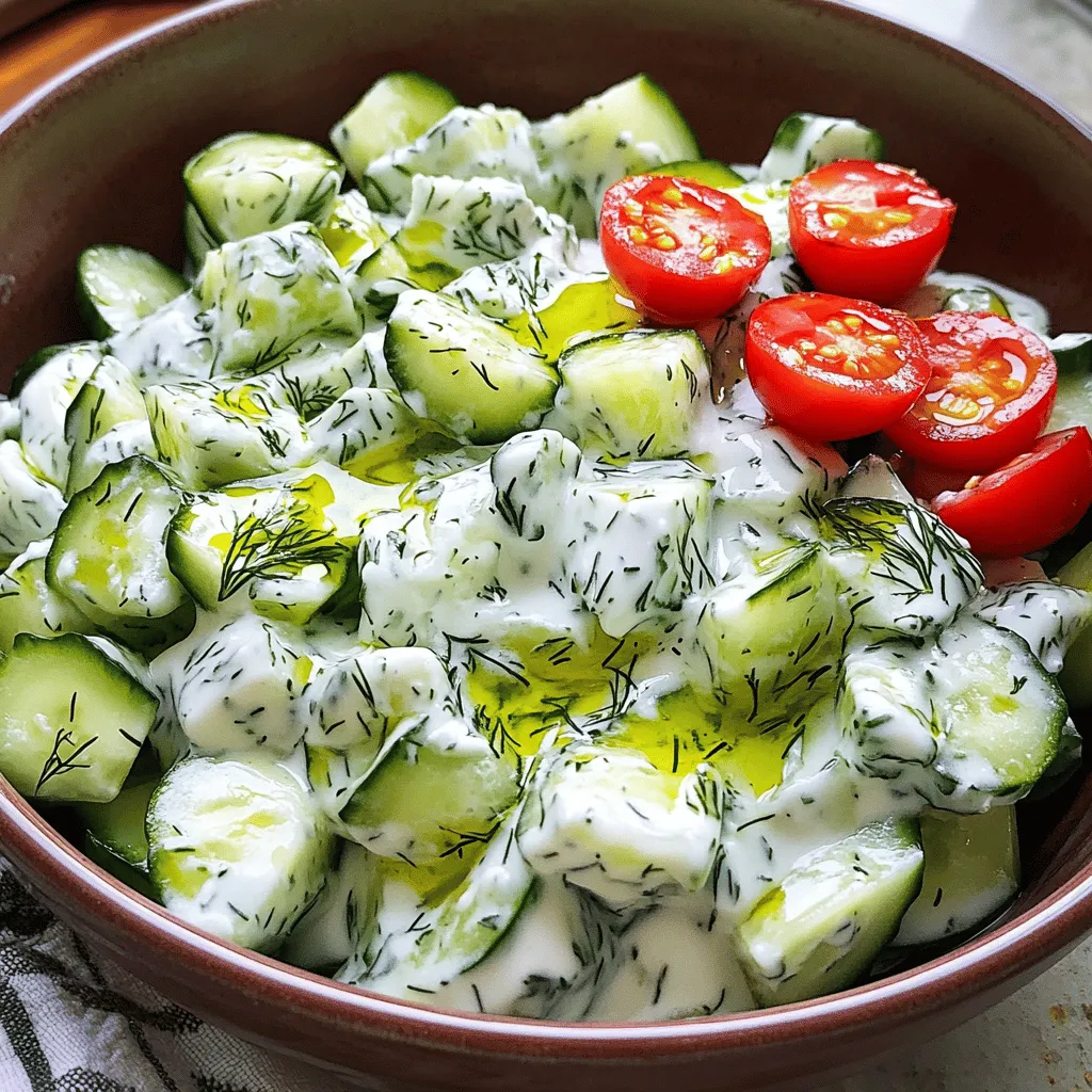 - Greek yogurt - Cucumbers - Fresh dill - Lemon juice - Garlic - Olive oil - Salt and pepper - Optional: Cherry tomatoes for garnish Tzatziki cucumber salad is simple and refreshing. To make it, gather these key ingredients. First, you need Greek yogurt. This yogurt adds a rich, creamy texture. Next, grab some cucumbers. The crunch of fresh cucumbers gives the salad its bite. Use fresh dill for a bright flavor. Lemon juice brings a zesty kick. Garlic adds depth and a savory note. Olive oil enhances the richness. Finally, season with salt and pepper to taste. If you like, include cherry tomatoes for a pop of color and sweetness. These ingredients work together to create a tasty dish. With these basics, you can make a salad that shines! To start, you need to prepare the cucumbers. First, peel them if you'd like a smoother texture. Then, chop them into small, bite-sized pieces. Place the diced cucumbers in a strainer. Sprinkle a bit of salt over them. This helps remove extra moisture. Let them sit for about 10 to 15 minutes. After resting, rinse the cucumbers under cold water. This step washes away the salt. Finally, pat them dry with a paper towel to remove excess water. While the cucumbers rest, it's time to mix the yogurt dressing. In a medium bowl, combine one cup of Greek yogurt, two finely chopped garlic cloves, and two tablespoons of fresh dill. Add one tablespoon of lemon juice and one tablespoon of olive oil. Stir the mixture well until it becomes smooth and creamy. This creamy base will coat your cucumbers perfectly. Now comes the fun part! Gently fold the cucumbers into the yogurt mixture. Make sure every cucumber piece gets a nice coat of the dressing. After that, taste it! You may want to add a pinch of salt and pepper to enhance the flavor. Once seasoned to your liking, cover the bowl. Place it in the fridge for at least 30 minutes. This helps the flavors blend together beautifully. If you want, you can add halved cherry tomatoes right before serving for a burst of color and flavor. - Prepping ingredients in advance: Chop the cucumbers and garlic a day early. Store them in the fridge. This saves you time when you're ready to make the salad. - Making the dressing ahead of time: Mix the yogurt, dill, lemon juice, and garlic a few hours before serving. This allows the flavors to blend well. - Best pairings with grilled meats or pita: This salad goes great with grilled chicken, lamb, or fish. Serve it alongside warm pita bread for a tasty meal. - How to garnish beautifully: Use fresh dill on top to add color. A drizzle of olive oil makes it look fancy. You can also add halved cherry tomatoes for a pop of color. - Recommended seasoning adjustments: Taste your salad before serving. Add more salt or pepper if needed. A little extra lemon juice can brighten the flavors too. - Adding additional herbs or spices: Try adding mint or parsley for a fresh twist. A pinch of cumin can give a new flavor kick. {{image_4}} You can switch the yogurt type for your Tzatziki salad. Non-dairy yogurts work well if you're vegan or lactose-free. They provide a similar creaminess. Just check for plain flavors to keep it fresh. You can also use full-fat, low-fat, or Greek yogurt. Full-fat gives a richer taste, while low-fat is lighter. Each option brings a unique flavor and texture. Adding ingredients can change the taste of Tzatziki. Try mixing in olives or crumbled feta cheese for a salty kick. These add a savory depth. You can also use fresh herbs like mint or parsley. These herbs add a fresh aroma and flavor. Experiment with spices like paprika or cumin for extra warmth. Each tweak creates a new dish you can love! Seasonal veggies can brighten your salad. In summer, add diced tomatoes or bell peppers. In fall, try roasted beets or shredded carrots. Each season offers unique tastes and textures. Adjust your ingredients based on what you find at local markets. This way, your salad stays fresh and exciting. Enjoy exploring the flavors of each season! To keep your Tzatziki Cucumber Salad fresh, use an airtight container. Glass containers work well, as they do not absorb odors. You can also use plastic containers if they seal tightly. Store your salad in the fridge. It stays good for about 3 days. After that, the cucumbers may get soggy. Always check for freshness before eating leftovers. Can you freeze Tzatziki Cucumber Salad? I do not recommend it. Freezing changes the texture of the cucumbers. They can become mushy once thawed. If you want to store it longer, consider freezing just the yogurt mixture. You can thaw and mix fresh cucumbers later. This keeps the crunch in your salad. Tzatziki Cucumber Salad can last for about 3 to 5 days in the fridge. It stays fresh if you store it in an airtight container. As time passes, the cucumbers may release more water, which can make the salad watery. To keep it fresh longer, try to eat it sooner rather than later. Yes, you can make Tzatziki Cucumber Salad ahead of time. It tastes even better after sitting for a while. The flavors mix together nicely when you let it chill in the fridge for at least 30 minutes. However, if you plan to store it for more than a day, add the cucumbers just before serving to keep them crisp. Tzatziki Cucumber Salad offers many health benefits. Here are some key points: - Low in Calories: This salad is light, making it a great option for snacking. - High in Protein: Greek yogurt provides protein, which is great for muscles. - Rich in Vitamins: Cucumbers are full of vitamins A and C, which help your body. - Hydrating: Cucumbers are mostly water, keeping you hydrated. - Digestive Aid: Garlic and yogurt are good for your gut health. Enjoy the fresh and tasty benefits of this simple salad! Tzatziki Cucumber Salad blends fresh ingredients into a tasty dish. We covered each step, from prepping cucumbers to creating the yogurt dressing. With the right tips, you can save time and make it even better. Feel free to try different yogurt and flavor variations, or adjust the recipe based on the season. Store leftovers properly to keep them fresh. Enjoy this salad as a great side with grilled meats or pita. It’s simple, healthy, and always a hit at any meal.