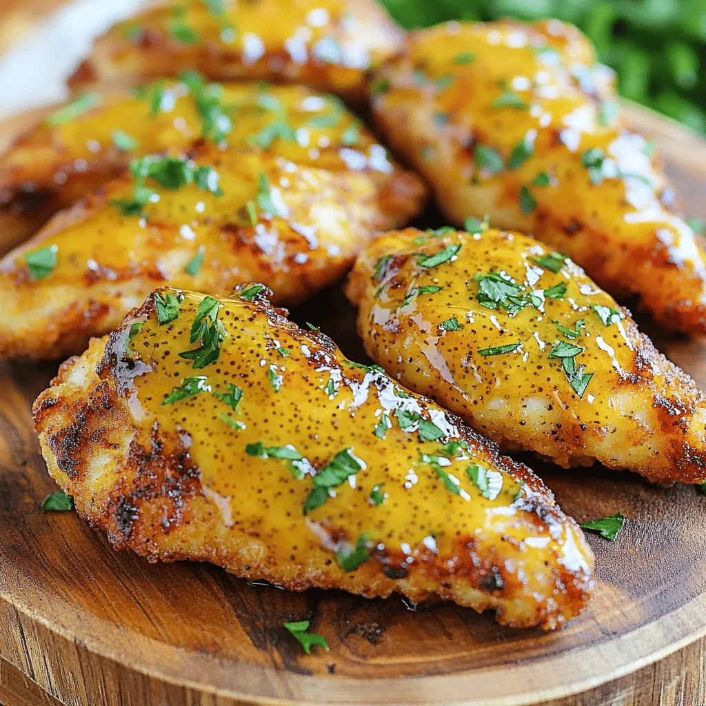- 1 lb chicken tenders - 1/4 cup Dijon mustard - 1/4 cup honey - 1 tablespoon olive oil - 1 teaspoon garlic powder - 1 teaspoon onion powder - 1/2 teaspoon smoked paprika - Salt and pepper to taste - 1/2 cup panko breadcrumbs - Fresh parsley, chopped (for garnish, optional) To create the best Air Fryer Honey Mustard Chicken Tenders, you need fresh and quality ingredients. I always pick out chicken tenders that are tender and juicy. The honey and Dijon mustard blend gives a sweet and tangy flavor that makes these tenders shine. For seasoning, I love adding a mix of garlic powder and onion powder. They add depth without being too strong. Smoked paprika gives a light smoky taste that brings out the other flavors. Remember to season with salt and pepper to make everything pop. Panko breadcrumbs are key for a crunchy texture. They crisp up nicely in the air fryer. If you want to add a fresh touch, a sprinkle of chopped parsley on top looks great and adds a hint of color. With these ingredients, you're set to make a dish that is both simple and delicious. In a medium bowl, I start by mixing the Dijon mustard, honey, and olive oil. I then add garlic powder, onion powder, smoked paprika, and a good pinch of salt and pepper. I whisk it all together until it is smooth and well mixed. This marinade adds a sweet and tangy flavor to the chicken. Next, I add the chicken tenders to the bowl. I make sure each tender is fully coated in the honey mustard mixture. I cover the bowl with plastic wrap and place it in the fridge. I let it marinate for at least 30 minutes. For the best flavor, I recommend marinating for up to an hour or even overnight. I preheat my air fryer to 400°F (200°C) for about 5 minutes. While it heats, I pour the panko breadcrumbs into a shallow dish. After marinating, I take each chicken tender from the bowl and dredge it in the breadcrumbs. I press gently to help the crumbs stick. Then, I place the breaded tenders in the air fryer basket in a single layer. I make sure to leave space between them for even cooking. I air fry the chicken tenders for 10-12 minutes, flipping them halfway through. They are done when they are golden brown and reach an internal temperature of 165°F (74°C). Once cooked, I remove them carefully and let them rest for a few minutes. This helps keep them juicy. If I want to add a nice touch, I garnish them with fresh parsley before serving. Marinate the chicken longer for a deeper flavor. I suggest at least one hour. If you have time, let it sit overnight. This way, the chicken absorbs all the yummy honey mustard goodness. A longer marination makes every bite burst with flavor. Use panko breadcrumbs for extra crunch. They give a great texture to the chicken tenders. Regular breadcrumbs work, but panko takes it to another level. When you coat the chicken, press the panko into the meat. This helps it stick better and makes the tenders crispier. Monitor the internal temperature to ensure chicken is cooked through. Chicken should reach 165°F (74°C). Use a meat thermometer for best results. When you cut into the chicken, it should be juicy and tender, not dry. This step is key for safe and delicious chicken tenders. {{image_4}} You can switch up your coating for these chicken tenders. Consider using regular breadcrumbs or crushed cornflakes. Both options add great texture. They give a different crunch but still taste amazing. Experiment to find your favorite! Want to spice things up? Try different mustards like spicy brown or whole grain. You can also add a pinch of cayenne for heat. This will give your tenders a nice kick. Mixing flavors keeps your meals exciting and fresh. These chicken tenders shine when paired with tasty sides. A fresh salad or steamed veggies work well. You can also serve them with your favorite dips. Honey mustard, ranch, or barbecue sauce are all great choices. Enjoying different sides makes each meal feel special! Keep any leftover chicken tenders in an airtight container. They stay fresh in the fridge for 3-4 days. Make sure to let them cool before sealing up the container. This helps keep them tasty. For the best results, reheat your chicken tenders in the air fryer. Set it to 350°F (175°C). Cook them for about 5-7 minutes. This way, they stay crispy and delicious. You can freeze both uncooked and cooked tenders. If you freeze uncooked ones, coat them in the honey mustard mix and breadcrumbs first. Place them in a freezer bag. When ready to cook, just air fry them from frozen. Cook for a few extra minutes. If you freeze cooked tenders, let them cool before packing them away. Enjoy them later for a quick meal! Marinate the chicken for at least 30 minutes. Ideally, let it sit for 1 hour or even overnight. This extra time helps the flavors soak into the meat. The longer you marinate, the better the taste! Yes, you can use chicken breasts. Just remember to adjust the cooking time. Chicken breasts take longer to cook through than tenders. Make sure they reach an internal temperature of 165°F (74°C). Great dips for honey mustard chicken tenders include: - Honey mustard - Ranch - Barbecue - Buffalo sauce These dips enhance the flavor and make eating more fun. Enjoy experimenting with different combinations! This blog post covered how to make tasty honey mustard chicken tenders. You learned about the key ingredients, from chicken to seasonings and coatings. I shared step-by-step instructions, helpful tips for flavor and crunch, and options for variations. Finally, remember to store leftovers properly and reheat them for the best taste. Making these tenders is easy, and you can customize them to your liking. Enjoy your cooking!
