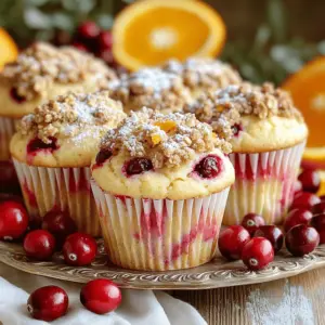 To make bakery-style cranberry orange streusel muffins, gather these key ingredients: - 2 cups all-purpose flour - 1 cup granulated sugar - 2 teaspoons baking powder - 1/2 teaspoon baking soda - 1/2 teaspoon salt - 1/2 cup unsalted butter, melted - 1 large egg - 1 cup buttermilk - Zest of 1 large orange - 1 cup fresh or frozen cranberries, halved - 1/2 teaspoon vanilla extract For the streusel topping, you will need: - 1/3 cup all-purpose flour - 1/4 cup brown sugar, packed - 1/4 cup rolled oats - 2 tablespoons unsalted butter, cold and cubed - 1/2 teaspoon ground cinnamon Each ingredient plays a big role. The all-purpose flour gives the muffins structure. Granulated sugar adds sweetness and a nice crust. Baking powder and baking soda help the muffins rise. Salt enhances overall flavor. Unsalted butter provides richness, while eggs and buttermilk create a moist texture. The orange zest brings a bright note, and cranberries add a tart burst. Vanilla extract gives a warm flavor. The streusel topping adds a crunchy, sweet layer that makes these muffins special. You can change ingredients based on what you have. Use whole wheat flour for a healthier option. Adjust the sugar if you prefer less sweetness. The muffins are versatile, so feel free to get creative! 1. First, preheat your oven to 375°F (190°C). Prepare your muffin tin by lining it with paper liners or greasing it with non-stick spray. 2. Next, mix your dry ingredients. In a large bowl, combine 2 cups of all-purpose flour, 1 cup of granulated sugar, 2 teaspoons of baking powder, 1/2 teaspoon of baking soda, and 1/2 teaspoon of salt. Whisk them well until they are evenly mixed. 3. Now, combine your wet ingredients. In another bowl, whisk together 1/2 cup of melted unsalted butter, 1 large egg, 1 cup of buttermilk, the zest of 1 large orange, and 1/2 teaspoon of vanilla extract until smooth. 4. Gradually pour the wet mixture into the dry ingredients. Use a spatula or wooden spoon to gently fold them together. Mix just until combined. Be careful not to overmix, as this can make the muffins dense. 5. Finally, add in the cranberries. Gently fold in 1 cup of halved cranberries, making sure they are spread evenly throughout the batter. 1. In a medium bowl, mix together 1/3 cup of all-purpose flour, 1/4 cup of packed brown sugar, 1/4 cup of rolled oats, and 1/2 teaspoon of ground cinnamon. 2. Add 2 tablespoons of cold, cubed butter into the dry mixture. Use your fingertips to rub the butter into the mix until it forms coarse crumbs. 1. Fill your muffin cups with the batter. Divide the batter evenly among the cups, filling each about 2/3 full. Then, generously sprinkle the streusel topping over each muffin. 2. Place your muffin tin in the preheated oven. Bake for 18-22 minutes. To check for doneness, insert a toothpick into the center of a muffin. If it comes out clean, they are ready. 3. Once baked, let the muffins cool in the pan for about 5 minutes. Then, transfer them to a wire rack to cool completely. This helps ensure they have the best texture. - Avoiding overmixing the batter: Overmixing makes muffins dense. Mix gently until just combined. Use a spatula or wooden spoon for this step. - Ensuring even cranberry distribution: Fold in halved cranberries carefully. You want them spread throughout the batter. This helps each muffin have a burst of cranberry flavor. - Optimal baking times and temperatures: Bake at 375°F (190°C) for 18-22 minutes. Check for doneness by inserting a toothpick. If it comes out clean, the muffins are ready. - Dusting with powdered sugar: After cooling, lightly dust the muffins with powdered sugar. This adds a nice touch and looks inviting. - Creative serving suggestions: Serve muffins warm on a decorative platter. Add fresh cranberries and orange slices around them. This makes for a beautiful display and invites everyone to enjoy! {{image_4}} You can easily change the flavors in these muffins. Try using different fruits like blueberries or raspberries. Both add a fun twist. If you want crunch, add nuts like walnuts or pecans. You can also mix in chocolate chips for a sweet touch. Just make sure to keep the same amount of fruit or chocolate as cranberries. This way, you maintain the muffin's balance and texture. For those needing gluten-free options, use gluten-free all-purpose flour. It works well in this recipe. Just be sure the other ingredients are also gluten-free. If you want to make these muffins vegan, replace the egg with a flaxseed egg. Mix one tablespoon of ground flaxseed with three tablespoons of water and let it sit for five minutes. You can also use almond milk instead of buttermilk. These swaps keep the muffins tasty and moist while meeting dietary needs. You can store your muffins at room temperature. Place them in an airtight container to keep them fresh. This method works best for up to three days. If you want to enjoy them warm, simply pop them in the microwave for about 10 seconds. For longer storage, freezing is a great option. Wrap each muffin tightly in plastic wrap. Then, place them in a freezer-safe bag. These muffins can last up to three months in the freezer. When you’re ready to enjoy them, remove the muffins and let them thaw at room temperature. Reheating recommendations are simple. For a warm muffin, heat it in the microwave for 15 to 20 seconds. If you prefer a crispy top, use an oven. Preheat the oven to 350°F, then bake the muffin for 5 to 10 minutes. This way, you get the best taste and texture every time. Yes, you can use frozen cranberries in these muffins. Just toss them in flour before adding them to the batter. This helps prevent them from sinking. Using frozen cranberries gives you the same tart flavor as fresh ones. To make these muffins healthier, consider these options: - Replace some all-purpose flour with whole wheat flour. - Use less sugar or substitute with honey or maple syrup. - Swap buttermilk for Greek yogurt for added protein. These changes keep the muffins tasty while boosting their nutrition. To ensure your muffins rise well: - Use fresh baking powder and baking soda. - Don’t overmix the batter; mix until just combined. - Fill muffin cups about 2/3 full to allow room to rise. These steps help create fluffy, bakery-style muffins. You can prepare the batter in advance. Store it in the fridge for up to 12 hours. Just remember to give it a gentle stir before filling the muffin cups. Baking fresh muffins in the morning makes for a delightful start to the day. You’ve learned how to make delicious cranberry muffins from scratch. We covered the ingredients, step-by-step instructions, and handy tips to help you succeed. Remember, avoid overmixing and have fun experimenting with flavors. These muffins are easy to store and great to share. With a few variations and simple adjustments, you can make them fit your taste. Enjoy the process and the tasty results! Happy baking!