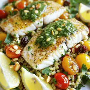 - 4 fillets of firm white fish (like cod or hake) - 1 cup fresh parsley, finely chopped - 1 cup fresh cilantro, finely chopped - 4 cloves of garlic, minced - Zest and juice of 1 large lemon - 1/2 cup cherry tomatoes, halved - 2 teaspoons ground cumin - 2 teaspoons ground coriander - 1 teaspoon smoked paprika - 1 teaspoon cayenne pepper (adjust for heat) - 1/4 cup extra-virgin olive oil - Salt and freshly ground black pepper, to taste - 1 cup couscous - 1 1/4 cups vegetable broth - 1/4 cup raisins - 1/4 cup almonds, toasted and coarsely chopped - Extra sprigs of fresh herbs - Lemon wedges for a splash of color To start, grab a medium mixing bowl. Add 1 cup of finely chopped parsley and 1 cup of finely chopped cilantro. Next, mince 4 cloves of garlic and toss them in. Sprinkle in 2 teaspoons of ground cumin, 2 teaspoons of ground coriander, 1 teaspoon of smoked paprika, and 1 teaspoon of cayenne pepper. Adjust the cayenne to your taste if you like it less spicy. Now, zest and juice 1 large lemon and add it to the mix. Pour in 1/4 cup of extra-virgin olive oil. Whisk everything together until it blends well. Don’t forget to add salt and freshly ground black pepper to taste. Take your 4 fillets of firm white fish, like cod or hake. Place them in a shallow dish or a resealable plastic bag. Pour half of your chermoula marinade over the fish. Make sure each fillet gets coated well. Cover the dish or seal the bag and put it in the fridge. Let it marinate for at least 30 minutes. This helps the flavors soak in. In a medium pot, bring 1 1/4 cups of vegetable broth to a gentle simmer over medium heat. Once it simmers, remove the pot from the heat. Add 1 cup of couscous to the broth and cover it with a lid. Let it sit for about 5 minutes. This allows the couscous to absorb all the broth. After that, fluff the couscous gently with a fork to separate the grains. Preheat your oven to 400°F (200°C). Line a baking sheet with parchment paper for easy cleanup. Arrange the marinated fish fillets on the baking sheet. Bake them in the preheated oven for about 15 to 20 minutes. The fish should become opaque and flake easily with a fork when done. To serve, spoon a generous portion of the herb couscous onto each plate. Place a baked fish fillet on top of each serving. Drizzle the remaining chermoula marinade over the fish to boost the flavor. For a fresh touch, add extra sprigs of fresh herbs or lemon wedges on the side. This adds color and a burst of flavor. Marinating fish is key to great flavor. Use fresh herbs like parsley and cilantro for the best taste. I find that mixing the chermoula marinade a day ahead boosts the flavor even more. Make sure to coat each fillet well with the marinade. Let the fish sit in the fridge for at least 30 minutes, but up to 2 hours is even better. This helps the fish soak up all those tasty spices and herbs. Cooking couscous is simple. Start by bringing vegetable broth to a low boil. Once it bubbles, take it off the heat. Add the couscous, cover it, and let it sit for about 5 minutes. This step is crucial. It lets the couscous absorb all the broth. After it sits, fluff it with a fork for the best texture. Add cherry tomatoes, raisins, and almonds for a burst of flavor. A pinch of salt and pepper will enhance it further. Serve the baked fish on a bed of herb couscous. Drizzle the remaining chermoula sauce over the fish for extra flavor. You can also add a few lemon wedges on the side. This adds a bright touch and a burst of freshness. Garnish with extra sprigs of fresh herbs for a lovely look. Enjoy this dish with a light salad or steamed vegetables for a complete meal. {{image_4}} You can switch the fish to suit your taste. Cod and hake work well, but other firm white fish can also shine. Try tilapia, snapper, or even salmon for a richer flavor. Each fish gives a unique taste and texture to the dish. Just remember to adjust the cooking time based on the thickness of your fish. If you want a veggie twist, you can make the couscous meat-free. Replace the fish with roasted vegetables. Zucchini, bell peppers, and eggplant blend nicely with the flavors. You can also add chickpeas for protein. They add heartiness and a creamy texture. This way, everyone can enjoy the delight of the dish. Feel free to play with flavors in the chermoula. Add fresh mint or dill for a different herbal note. You could also add spices like turmeric or saffron for warmth. If you like it spicy, try adding more cayenne or even a dash of harissa. This can make the dish more vibrant and fun. Experiment with your favorite flavors to find your perfect mix. Store your leftover Moroccan chermoula baked fish in an airtight container. Keep it in the fridge for up to three days. Make sure the fish cools to room temperature before sealing it. This will help maintain its flavor and texture. For the herb couscous, also place it in a separate airtight container. It can last in the fridge for up to four days. Just like the fish, let it cool before sealing. To freeze the fish, wrap each fillet tightly in plastic wrap. Then place them in a freezer bag. This way, they stay fresh for up to three months. Write the date on the bag for easy tracking. For the couscous, let it cool first, then spread it out on a baking sheet. Freeze for one hour before transferring it to a freezer bag. This prevents clumping. Herb couscous can also freeze well for up to three months. When ready to eat, thaw the fish overnight in the fridge. For quick reheating, place it in the oven at 350°F (175°C) for about 10-15 minutes. This helps keep the fish moist. To reheat couscous, add a splash of water. Heat it in a pot over low heat, stirring often. You can also microwave it for one to two minutes. Just remember to cover it to keep it from drying out. Enjoy your delicious Moroccan dish again! Chermoula is a tasty sauce from North Africa. It mixes herbs, spices, and oil. The key ingredients include fresh parsley, cilantro, garlic, cumin, coriander, and lemon. It gives fish a bold flavor. You can marinate fish in Chermoula to boost taste. It’s also great for grilled meats and veggies. Yes, you can use frozen fish fillets. Just make sure to thaw them first. Thaw the fillets in the fridge or under cold water. This helps them cook evenly and keeps them moist. Once thawed, follow the same marinating steps. This keeps the flavor strong and delicious. To adjust spice levels, you can change the cayenne pepper. Use less for a milder dish or skip it entirely. If you like heat, add more cayenne or some chili flakes. Taste the Chermoula before using it on the fish. This way, you can find the right balance for your taste. You can serve this dish with herb couscous, as it pairs perfectly. Add a side salad for freshness. Roasted vegetables also make a great side. You could try grilled zucchini or bell peppers. For a refreshing touch, serve lemon wedges or extra herbs on the side. This blog post shared key steps to make Moroccan Chermoula Baked Fish. You learned about fresh ingredients, pantry staples, and optional garnishes. I detailed how to prepare the marinade, marinate the fish, and cook the couscous. Plus, I offered tips for perfect results and fun variations. In closing, you have tools to make this dish shine. Enjoy exploring flavors and make it your own!