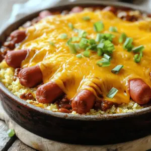- 1 lb hot dogs, sliced - 1 can (15 oz) chili (no beans) - 1 cup riced cauliflower - 1 cup shredded sharp cheddar cheese - 1/2 cup finely diced onion - 1 teaspoon garlic powder - 1 teaspoon smoked paprika - Salt and black pepper to taste - 1 tablespoon olive oil - 2 green onions for garnish Gathering the right ingredients is key for a rich and flavorful Keto Chili Dog Casserole. The main ingredients include hot dogs, chili, and riced cauliflower. I always use quality hot dogs for a better taste. The chili should be a no-bean variety to keep it low-carb. Riced cauliflower acts as a great substitute for traditional grains, giving the dish a nice texture. Next, we have flavor enhancers. Sharp cheddar cheese adds depth and creaminess. Finely diced onions bring a sweet crunch, while garlic powder boosts the overall flavor. For seasoning, smoked paprika adds a hint of smokiness. Do not forget salt and black pepper to taste. Olive oil plays a vital role in sautéing the onions for that perfect base. Finally, thinly sliced green onions give a fresh pop of color and flavor when serving. This combination of ingredients creates a deliciously satisfying dish that you will want to make again. - Preheat the oven to 350°F (175°C). - Sauté the onions until translucent. Start by setting your oven to 350°F. This way, it is hot when you bake the casserole. In a medium skillet, heat a tablespoon of olive oil over medium heat. Add the finely diced onion and cook for about 3-4 minutes. You want the onion to turn soft and clear. This step adds a sweet flavor to the dish. - Brown the sliced hot dogs with sautéed onions. Add the sliced hot dogs to the skillet with the onions. Cook them for 5-7 minutes. Stir often to ensure they brown evenly. The hot dogs should have a light golden color by the end. This step enhances the flavor of the dish and gives it a nice texture. - Mix hot dog and cauliflower, adding seasoning. - Layer in a baking dish and add chili. Lower the heat and mix in the riced cauliflower. Sprinkle in garlic powder, smoked paprika, salt, and black pepper. Stir everything well and cook for about 3-4 minutes until the cauliflower is heated through. Now, take a baking dish and spread the hot dog mixture evenly across the bottom. Pour the canned chili over this layer. Make sure the chili covers the hot dogs and cauliflower well. - Top with cheddar cheese. - Bake for 20-25 minutes until bubbly. Sprinkle the shredded sharp cheddar cheese generously on top of the chili. This cheese will melt beautifully as it bakes. Place the dish in your preheated oven. Bake for 20-25 minutes. Watch for the cheese to get bubbly and turn a lovely golden brown. This marks the perfect moment to take it out and enjoy! To make sure the hot dogs cook evenly, cut them into similar sizes. This helps them brown at the same rate. When cooking riced cauliflower, don't skip the sauté step. Lightly cooking it before mixing adds flavor and helps it blend well. For the best melt, use sharp cheddar cheese. It has great flavor and melts nicely. If you want a twist, try pepper jack for some heat or mozzarella for a milder taste. Garnish your casserole with fresh green onions for a pop of color and taste. You can also serve it with sour cream for creaminess or sliced jalapeños for a spicy kick. Enjoy this dish with a side salad for a complete meal. {{image_4}} You can change the meat in this dish. Try turkey or chicken hot dogs for a lighter option. They both work well and add unique flavors. If you want a vegetarian meal, use plant-based hot dogs. These are tasty and fit well in the casserole. Want to spice things up? Add cayenne or chili flakes to the mix. They can give your casserole a nice kick. You can also mix in veggies like bell peppers or zucchini. These add color and extra nutrients. Plus, they keep the dish fresh and vibrant. If you want to reduce carbs, swap in low-carb bean options. They can add fiber without adding too many carbs. You can also use alternative sauces or toppings. Look for low-sugar or keto-friendly sauces. These small changes keep the dish delicious while sticking to your diet. To keep your Keto Chili Dog Casserole fresh, store any leftovers in airtight containers. This helps keep moisture in and prevents odors. Glass or plastic containers work well. Let the casserole cool completely before sealing it up. It will stay good in the fridge for three to four days. For the best results, reheat your casserole in the oven. Preheat it to 350°F (175°C). Place the casserole in an oven-safe dish and cover it with foil. Heat for about 15-20 minutes until warm. If you prefer, use a microwave. Heat in 30-second intervals, stirring in between, until heated through. After reheating, serve with a sprinkle of fresh green onions or a dollop of sour cream for added flavor. You can freeze leftovers for later. First, let the casserole cool completely. Then, cut it into individual portions. Wrap each piece in plastic wrap and place them in a freezer-safe bag. This way, you can grab just what you need. When ready to eat, thaw in the fridge overnight. To re-bake, preheat the oven to 350°F (175°C) and bake for 25-30 minutes, or until hot and bubbly. Enjoy your meal anytime! Yes, you can use turkey or chicken hot dogs. They fit well in this dish. The flavor may change a bit. Turkey hot dogs are often leaner. Chicken hot dogs can be a bit milder. Both options keep it keto-friendly. Just make sure they fit your taste. This casserole is great for meal prep. You can make it ahead and store it. Once cooked, let it cool before storing. Use airtight containers to keep it fresh. It stays good in the fridge for 3-4 days. You can also freeze it for up to a month. Reheat in the oven or microwave when ready to eat. Meal prep makes enjoying this dish easy! To add spice, try a few methods. Mix in diced jalapeños or chili peppers. You can also sprinkle in cayenne pepper or chili flakes. Another option is to use spicy chili. Adjust the amount to match your heat level. Adding these elements gives your casserole a nice kick! This blog covered a simple hot dog casserole recipe with key ingredients and steps. You learned how to cook hot dogs, mix them with riced cauliflower, and layer with chili and cheese. I shared tips for perfecting the dish and variations to try. With this recipe, you can easily impress at dinner. Enjoy experimenting with flavors and find what you love best. Happy cooking!