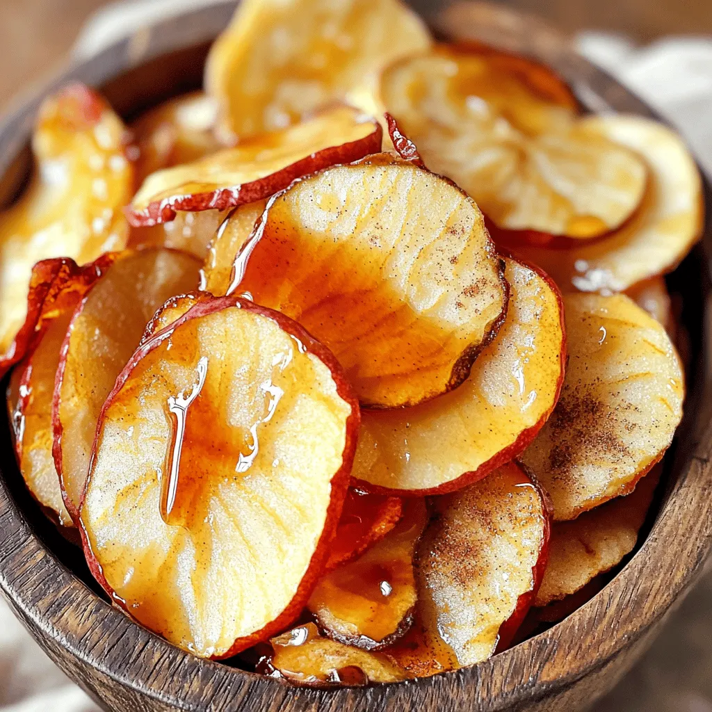 To make crispy air fryer maple apple chips, you will need a few simple ingredients. Here’s what you should gather: - 2 large apples (Honeycrisp or Fuji recommended) - 2 tablespoons pure maple syrup - 1 teaspoon ground cinnamon - 1/4 teaspoon sea salt - Optional: 1 teaspoon vanilla extract These ingredients create a sweet and crunchy snack. The apples give the chips their base, while maple syrup adds natural sweetness. Ground cinnamon offers warmth, and sea salt enhances the flavors. If you want extra richness, add vanilla extract. Choosing the right apples is key. Honeycrisp and Fuji apples are sweet and crisp. Their texture helps create the perfect chip. The maple syrup and spices turn simple apples into a delightful treat. As you prepare, remember to use fresh ingredients for the best flavor. Enjoy making these tasty chips! Start by washing the apples well. This step removes any wax or dirt. Next, slice the apples very thin, about 1/8 inch thick. Uniform thickness is key. This ensures that all the slices cook evenly. If you have a mandoline, use it for perfect slices. If not, a sharp knife works too. Be sure to remove any seeds from the slices. In a medium bowl, mix together the pure maple syrup, ground cinnamon, sea salt, and optional vanilla extract. Stir well until all the ingredients blend smoothly. This mixture adds a sweet and warm flavor to the chips. After mixing, add the thin apple slices to the bowl. Gently toss the slices to coat them evenly. You want every piece to soak up that tasty maple goodness. First, preheat your air fryer to 300°F (150°C). This step takes about 5 minutes. Preheating helps to crisp the chips nicely. Once it's hot, arrange the apple slices in a single layer in the air fryer basket. Make sure the slices do not overlap. This helps them cook evenly. You may need to cook in batches if your air fryer is small. Air fry the apple slices for 15-20 minutes. Flip them halfway through to ensure even crispiness. Keep an eye on them. Different air fryers may cook at different speeds. You want the slices to turn a beautiful golden brown. When done, carefully take them out and place them on a wire rack. Let them cool completely. They will become even crispier as they cool. Store any leftover chips in an airtight container. They can last up to a week while keeping their crunch. To get the best crispiness from your apple chips, avoid overcrowding the basket. When you pack too many slices together, they steam instead of crisp. This can leave you with chewy chips instead of crunchy ones. It's better to cook them in batches if your air fryer is small. Also, keep an eye on the doneness. Different air fryer models can cook at different speeds. You want your chips to turn a lovely golden brown. Flip the slices halfway through cooking to help them crisp evenly. This simple step can make a big difference in texture. To make your apple chips even more exciting, consider adding other spices. Nutmeg or ginger can give your chips a warm twist. You can also try a pinch of cayenne for a spicy kick. If you love chocolate, a light dusting of cocoa powder can work wonders. For serving, presentation matters. Place your chips in a nice bowl or on a plate. A sprinkle of cinnamon on top adds a pretty touch. These apple chips are great for snacking or as a healthy dessert. They look great and taste even better! {{image_4}} You can use honey or agave syrup in place of maple syrup. Both options add a unique taste. Honey gives a floral note, while agave syrup is milder. Just keep the same amount when substituting. This way, you still keep your apple chips sweet and delicious. Choosing the right apples matters for crispness and flavor. Honeycrisp and Fuji apples are great for this recipe. They bring a natural sweetness and a satisfying crunch. Other good choices include Granny Smith for a tart bite or Gala for a sweeter flavor. Experiment with different apples to find your favorite mix! Apple chips pair well with other dried fruits. Try mixing them with banana chips or dried cranberries. This adds color and different tastes. You can create a fun snack mix or a beautiful fruit platter. Get creative and combine your favorite dried fruits! To keep your crispy air fryer maple apple chips fresh, use airtight containers. Glass or plastic containers with tight lids work best. Avoid leaving them open to air, as this can make them soggy. You can also use resealable bags, but squeeze out as much air as possible before sealing. To maintain their crispness, add a small packet of silica gel or uncooked rice in the container. This helps absorb moisture. Make sure to store the chips in a cool, dry place, away from sunlight. When stored properly, these apple chips can last up to a week. However, for the best taste and crunch, enjoy them within the first few days. As time passes, they may lose some of their crispness. If you notice any signs of moisture, it’s best to discard them. Yes, you can make apple chips without an air fryer. You can use your oven instead. Set your oven to 225°F (107°C). Arrange the apple slices on a baking sheet lined with parchment paper. Make sure they do not touch. Bake them for about 1-2 hours. Flip the slices halfway through. Keep an eye on them to avoid burning. This method takes longer but gives you crispy apple chips too. The best way to slice apples is to use a mandoline or a sharp knife. Aim for slices that are about 1/8 inch thick. This thickness helps them cook evenly. If you want uniform slices, a mandoline is your best friend. If you use a knife, take your time to keep the slices even. Remove any seeds from the slices before cooking. To prevent browning, soak the apple slices in lemon juice or water with a bit of salt. This stops oxidation. You can soak them for about 5 minutes. Rinse and dry them before coating with maple syrup. Another method is to use a little vinegar in water. Both methods work well to keep your apple slices looking fresh and bright. This blog post covered how to make delicious apple chips. We looked at the simple ingredients, like apples and maple syrup, and shared step-by-step instructions for preparing, coating, and air frying. Tips for crispiness and flavor variations were included, plus storage information. These apple chips are a tasty, easy snack. You can enjoy them right away or save them for later. With the right techniques, you can make a crunchy treat everyone loves. Try these tips, and enjoy your homemade apple chips!
