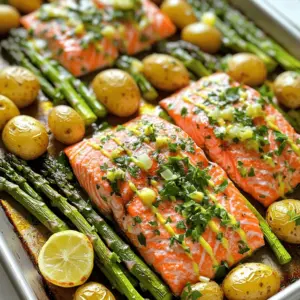 To make a Lemon Herb Salmon Sheet Pan Dinner, gather these fresh items: - 4 salmon fillets (about 6 ounces each) - 2 cups asparagus, trimmed and cut into 2-inch pieces - 2 cups baby potatoes, halved - 1 tablespoon extra virgin olive oil (plus extra for drizzling) - 2 tablespoons freshly squeezed lemon juice - 1 teaspoon lemon zest (from about 1 lemon) - 3 cloves garlic, finely minced - 1 teaspoon dried oregano - 1 teaspoon dried thyme - Salt and freshly ground black pepper to taste - Fresh parsley, finely chopped (for garnish) These ingredients work well together and bring a burst of flavor. Fresh salmon is a great source of protein and healthy fats. Asparagus adds a nice crunch, while baby potatoes offer a hearty side. The lemon juice, zest, and herbs tie everything together into a bright, tasty dish. Make sure to use fresh herbs and lemon for the best taste. Each bite becomes a celebration of flavor. You’ll enjoy every moment of cooking and eating this dish! Set your oven to 400°F (200°C). This is the right temperature for roasting. Next, grab a large sheet pan. Line it with parchment paper. This makes cleaning easy later. Take 2 cups of halved baby potatoes. Put them in a large bowl. Add 1 tablespoon of olive oil, salt, and pepper. Toss the potatoes until they are well coated. Then, spread them out on one side of the sheet pan. Make sure they are in a single layer. This helps them roast evenly. Put the potatoes in the oven first. Roast them for 15 minutes. This gives them a good start. While they roast, make the lemon herb mix. In a small bowl, whisk together 2 tablespoons of lemon juice, 1 teaspoon of lemon zest, 3 minced garlic cloves, 1 teaspoon of oregano, and 1 teaspoon of thyme. Add a pinch of salt and pepper. Mix it well until it is combined. After 15 minutes, take the sheet pan out of the oven. Add 2 cups of trimmed asparagus to the empty side. Drizzle them lightly with olive oil and sprinkle with salt and pepper. Next, place 4 salmon fillets between the veggies. Use a spoon to spread the lemon herb mix over the salmon and veggies. Now, put the pan back in the oven. Bake for another 12 to 15 minutes. Check to see if the salmon flakes easily with a fork. The vegetables should be tender and bright. When done, carefully take the pan out of the oven. Let it cool for a few minutes before serving. - Ensuring salmon is perfectly cooked To cook salmon well, check its color and texture. Salmon should turn opaque. It should flake easily when you poke it with a fork. This usually takes about 12-15 minutes in the oven. You can also use a food thermometer; aim for 145°F (63°C). - Choosing the right type of potatoes Baby potatoes work best for this dish. They roast well and stay tender. Look for ones that are smooth and firm. You can use red or yellow baby potatoes for a nice color. Halve them for even cooking. - Serving directly on the sheet pan For a rustic touch, serve your meal right from the sheet pan. It looks great and saves time on cleanup. Just place the pan on the table and let everyone help themselves. - Garnishing ideas with lemon and parsley Before serving, sprinkle fresh parsley over the top. This adds color and flavor. You can also add lemon wedges for an extra touch. Guests can squeeze lemon juice over their portions for more zing. {{image_4}} You can swap out asparagus for many veggies. Broccoli, green beans, or bell peppers work well. Each offers a new taste and texture. In spring, use fresh peas or zucchini for a bright touch. In fall, consider brussels sprouts or carrots for warmth. You can also mix veggies for a colorful plate. Changing the herbs or spices adds fun to this dish. Try fresh dill or basil for a bright flavor. A pinch of paprika can bring a smoky kick. If you love heat, add some red pepper flakes. Marinades also transform the salmon. A simple mix of soy sauce and honey can add a sweet twist. Experiment with flavors that excite your taste buds. To store leftovers, let the dish cool to room temperature. Place the salmon and veggies in an airtight container. I recommend using glass containers for easy reheating. Store them in the fridge for up to three days. For reheating, preheat your oven to 350°F (175°C). Place the salmon and veggies on a baking sheet. Cover with foil to keep them moist. Heat for about 10-15 minutes until warm. You can also use a microwave, but the oven keeps the salmon tender. To freeze cooked salmon and veggies, ensure they are completely cool. Wrap each piece in plastic wrap, then place them in a freezer-safe bag. Squeeze out the air before sealing for best results. They can last up to three months in the freezer. For thawing, move the container to the fridge overnight. This method keeps the texture nice. If you’re in a hurry, you can thaw in cold water for about an hour. Always reheat thoroughly before serving. Yes, you can use frozen salmon. Just thaw it in the fridge overnight. This way, it cooks evenly. The salmon is done when it flakes easily with a fork. It should be opaque and not translucent. A good internal temperature is 145°F (63°C). You can use green beans or broccoli instead of asparagus. These veggies roast well and add great flavor. Leftovers can last up to three days in the fridge. Store them in an airtight container for best results. Yes, you can prep the veggies and salmon a few hours in advance. Keep everything in the fridge until you're ready to cook. This dish combines fresh salmon, tender asparagus, and baby potatoes for a tasty meal. You learned how to prepare and cook these ingredients step-by-step. Plus, I shared tips on cooking and presentation. Variations let you customize flavors and veggies. Always store leftovers properly for the best taste. Enjoy this simple yet delicious recipe at your next meal!