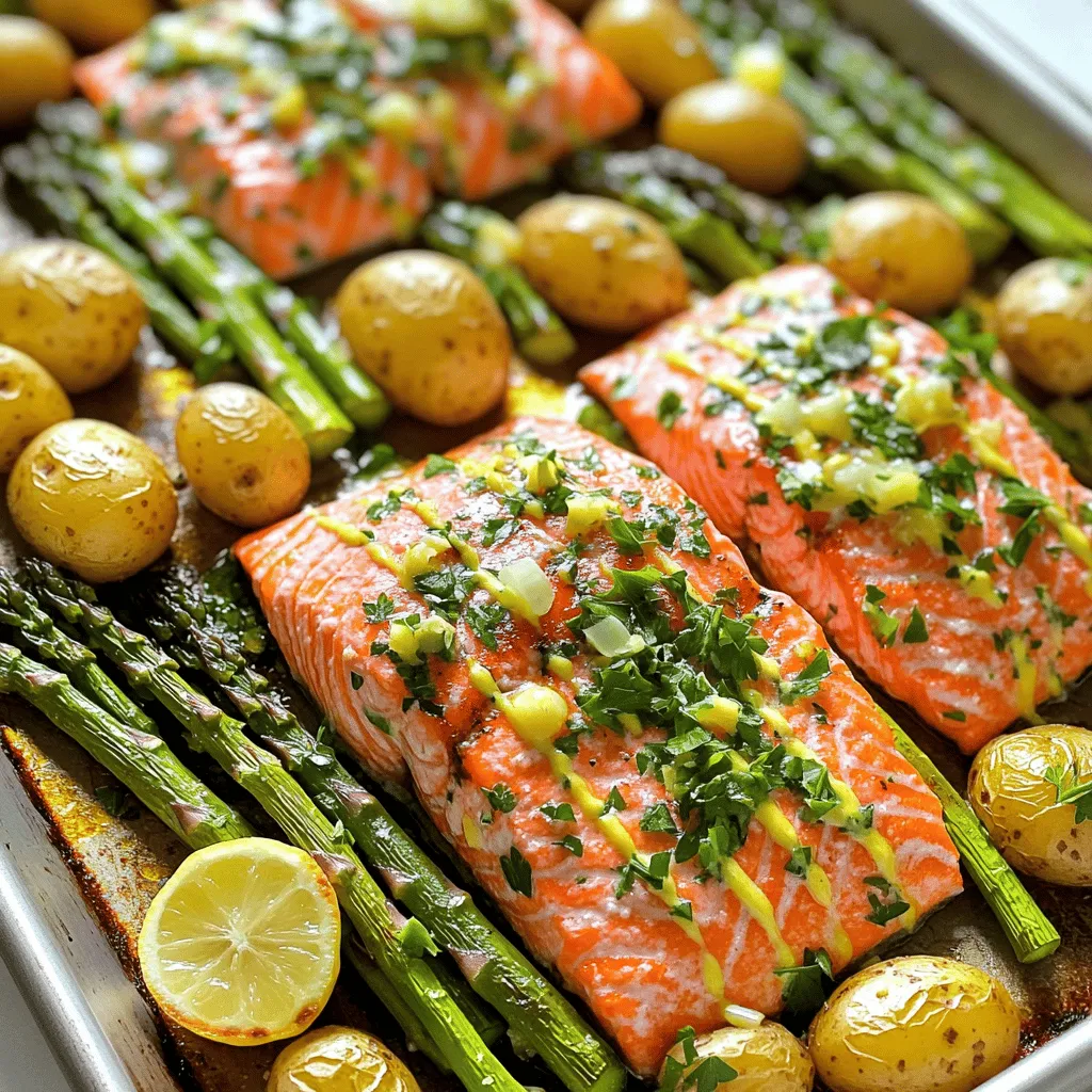 To make a Lemon Herb Salmon Sheet Pan Dinner, gather these fresh items: - 4 salmon fillets (about 6 ounces each) - 2 cups asparagus, trimmed and cut into 2-inch pieces - 2 cups baby potatoes, halved - 1 tablespoon extra virgin olive oil (plus extra for drizzling) - 2 tablespoons freshly squeezed lemon juice - 1 teaspoon lemon zest (from about 1 lemon) - 3 cloves garlic, finely minced - 1 teaspoon dried oregano - 1 teaspoon dried thyme - Salt and freshly ground black pepper to taste - Fresh parsley, finely chopped (for garnish) These ingredients work well together and bring a burst of flavor. Fresh salmon is a great source of protein and healthy fats. Asparagus adds a nice crunch, while baby potatoes offer a hearty side. The lemon juice, zest, and herbs tie everything together into a bright, tasty dish. Make sure to use fresh herbs and lemon for the best taste. Each bite becomes a celebration of flavor. You’ll enjoy every moment of cooking and eating this dish! Set your oven to 400°F (200°C). This is the right temperature for roasting. Next, grab a large sheet pan. Line it with parchment paper. This makes cleaning easy later. Take 2 cups of halved baby potatoes. Put them in a large bowl. Add 1 tablespoon of olive oil, salt, and pepper. Toss the potatoes until they are well coated. Then, spread them out on one side of the sheet pan. Make sure they are in a single layer. This helps them roast evenly. Put the potatoes in the oven first. Roast them for 15 minutes. This gives them a good start. While they roast, make the lemon herb mix. In a small bowl, whisk together 2 tablespoons of lemon juice, 1 teaspoon of lemon zest, 3 minced garlic cloves, 1 teaspoon of oregano, and 1 teaspoon of thyme. Add a pinch of salt and pepper. Mix it well until it is combined. After 15 minutes, take the sheet pan out of the oven. Add 2 cups of trimmed asparagus to the empty side. Drizzle them lightly with olive oil and sprinkle with salt and pepper. Next, place 4 salmon fillets between the veggies. Use a spoon to spread the lemon herb mix over the salmon and veggies. Now, put the pan back in the oven. Bake for another 12 to 15 minutes. Check to see if the salmon flakes easily with a fork. The vegetables should be tender and bright. When done, carefully take the pan out of the oven. Let it cool for a few minutes before serving. - Ensuring salmon is perfectly cooked To cook salmon well, check its color and texture. Salmon should turn opaque. It should flake easily when you poke it with a fork. This usually takes about 12-15 minutes in the oven. You can also use a food thermometer; aim for 145°F (63°C). - Choosing the right type of potatoes Baby potatoes work best for this dish. They roast well and stay tender. Look for ones that are smooth and firm. You can use red or yellow baby potatoes for a nice color. Halve them for even cooking. - Serving directly on the sheet pan For a rustic touch, serve your meal right from the sheet pan. It looks great and saves time on cleanup. Just place the pan on the table and let everyone help themselves. - Garnishing ideas with lemon and parsley Before serving, sprinkle fresh parsley over the top. This adds color and flavor. You can also add lemon wedges for an extra touch. Guests can squeeze lemon juice over their portions for more zing. {{image_4}} You can swap out asparagus for many veggies. Broccoli, green beans, or bell peppers work well. Each offers a new taste and texture. In spring, use fresh peas or zucchini for a bright touch. In fall, consider brussels sprouts or carrots for warmth. You can also mix veggies for a colorful plate. Changing the herbs or spices adds fun to this dish. Try fresh dill or basil for a bright flavor. A pinch of paprika can bring a smoky kick. If you love heat, add some red pepper flakes. Marinades also transform the salmon. A simple mix of soy sauce and honey can add a sweet twist. Experiment with flavors that excite your taste buds. To store leftovers, let the dish cool to room temperature. Place the salmon and veggies in an airtight container. I recommend using glass containers for easy reheating. Store them in the fridge for up to three days. For reheating, preheat your oven to 350°F (175°C). Place the salmon and veggies on a baking sheet. Cover with foil to keep them moist. Heat for about 10-15 minutes until warm. You can also use a microwave, but the oven keeps the salmon tender. To freeze cooked salmon and veggies, ensure they are completely cool. Wrap each piece in plastic wrap, then place them in a freezer-safe bag. Squeeze out the air before sealing for best results. They can last up to three months in the freezer. For thawing, move the container to the fridge overnight. This method keeps the texture nice. If you’re in a hurry, you can thaw in cold water for about an hour. Always reheat thoroughly before serving. Yes, you can use frozen salmon. Just thaw it in the fridge overnight. This way, it cooks evenly. The salmon is done when it flakes easily with a fork. It should be opaque and not translucent. A good internal temperature is 145°F (63°C). You can use green beans or broccoli instead of asparagus. These veggies roast well and add great flavor. Leftovers can last up to three days in the fridge. Store them in an airtight container for best results. Yes, you can prep the veggies and salmon a few hours in advance. Keep everything in the fridge until you're ready to cook. This dish combines fresh salmon, tender asparagus, and baby potatoes for a tasty meal. You learned how to prepare and cook these ingredients step-by-step. Plus, I shared tips on cooking and presentation. Variations let you customize flavors and veggies. Always store leftovers properly for the best taste. Enjoy this simple yet delicious recipe at your next meal!