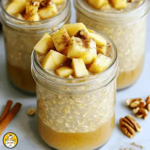 - 1 cup rolled oats - 1 cup almond milk (or any milk of your choice) - 1/2 cup unsweetened applesauce - 1 medium apple, peeled and diced into small cubes - 1 teaspoon ground cinnamon - 1 teaspoon pure vanilla extract - 2 tablespoons pure maple syrup (or honey) - 1 tablespoon chia seeds - A pinch of ground nutmeg - 1/4 cup chopped walnuts - Fresh apple slices - Additional cinnamon for garnish When I make Apple Pie Overnight Oats, I focus on simple yet tasty ingredients. The rolled oats serve as a great base. They soak up all the flavors while keeping a nice texture. I love using almond milk, but any milk works great. Unsweetened applesauce adds natural sweetness and moisture. Diced apples bring a fresh crunch and taste just like pie. To enhance the flavor, I add ground cinnamon and nutmeg. These spices remind me of cozy fall days. A bit of vanilla extract adds warmth, while maple syrup or honey provides extra sweetness. Chia seeds are a fun addition. They help thicken the oats and add some healthy fats. For toppings, I often sprinkle chopped walnuts for crunch. Fresh apple slices look pretty and taste great. A light dusting of cinnamon on top makes it even better. Each bite feels like a dessert, but it’s healthy enough for breakfast! Start by grabbing a large mixing bowl. Combine 1 cup of rolled oats, 1 cup of almond milk, 1/2 cup of unsweetened applesauce, and 1 teaspoon of pure vanilla extract. Stir well to coat all oats with the liquid. Next, add in 1 medium diced apple, 1 teaspoon of ground cinnamon, a pinch of nutmeg, 1 tablespoon of chia seeds, and 2 tablespoons of maple syrup or honey. Mix everything until well blended. If you want some crunch, fold in 1/4 cup of chopped walnuts. This step is optional, but it adds great texture to your oats. Now, divide the mixture evenly into four jars. Cover each jar tightly with a lid or plastic wrap. Place them in the refrigerator to chill overnight or for at least 4 hours. This helps the oats absorb all the flavors. In the morning, take the jars out of the fridge. Stir the oats well. If you like a creamier texture, add a splash of almond milk and mix again. Just before serving, top each jar with fresh apple slices, a sprinkle of cinnamon, and optional walnuts for extra crunch. Enjoy your tasty and healthy breakfast! To get the right creaminess, adjust the liquid. If your oats feel too thick, add a splash of almond milk. This small change helps achieve the perfect balance. For a richer texture, use less liquid. Just remember, the oats will absorb more liquid overnight. Want to mix it up? Substitute almond milk with coconut milk for a tropical twist. You can also swap applesauce for mashed banana. This adds natural sweetness and a new taste. Try using maple syrup or honey for different flavors too. Each choice creates a new experience in every bite. Planning for busy mornings? Make several jars at once. This saves time and keeps breakfast ready. Store the jars in the fridge for up to five days. Grab one each morning! You will enjoy a tasty meal without the hassle of cooking. Each jar is a healthy start to your day. {{image_4}} You can use any milk you like for your oats. Here are some tasty choices: - Dairy milk: This is a classic choice, rich and creamy. - Oat milk: A smooth option that adds a nice flavor. - Coconut milk: This gives a tropical twist and a creamy texture. Try different milks to find your favorite. Each one changes the taste and feel of your oats. You can switch up your oats based on the season. Here are some great ideas: - Pumpkin spice: This adds warmth and is perfect for fall. - Berries: Fresh or frozen berries add sweetness and color. - Bananas: Slice them in for a creamy texture and natural sweetness. Adding these fruits or spices makes your oats fun and new with each season. You can easily adapt this recipe to fit your diet. Here are some options: - Vegan: Use plant-based milk and maple syrup instead of honey. - Nut-free: Skip the walnuts and check your milk for nuts. These changes help you enjoy delicious oats without worries about your diet. Apple Pie Overnight Oats stay fresh in the fridge for up to 5 days. Keep the oats in airtight jars or containers. This helps prevent them from drying out. The flavors meld together nicely over time, making each bite more delicious. You can freeze the prepared mixture for later. However, the texture may change when thawed. To freeze, use a freezer-safe container. Leave some space at the top, as oats expand when frozen. Thaw overnight in the fridge before serving. To warm up your overnight oats, use the microwave. Heat for about 30 seconds to 1 minute. Stir well after heating. If they seem too thick, add a splash of almond milk to get the right consistency. Enjoy your tasty breakfast warm! Yes, you can use quick oats. They cook faster and soak up liquid quickly. This may change the texture slightly. Your oats might be creamier but less chewy. To make this recipe gluten-free, use certified gluten-free oats. Many brands offer gluten-free rolled oats. Always check the label to be sure. Yes, you can substitute applesauce with fresh apples. Just peel and dice a medium apple. Mix these into your oats for a nice crunch. You can add many healthy toppings! Here are some ideas: - Chopped nuts like walnuts or almonds - Fresh fruits like berries or banana slices - A dollop of Greek yogurt - A sprinkle of seeds, like pumpkin or sunflower Apple Pie Overnight Oats last for about 3 to 5 days in the fridge. Store them in sealed jars to keep them fresh. Always check for any signs of spoilage before eating. Apple Pie Overnight Oats are a simple and tasty treat. We covered key ingredients like rolled oats, almond milk, and apples. Flavor enhancers such as cinnamon and vanilla boost taste. I shared step-by-step prep, tips for texture, and meal prep ideas. You can even switch up ingredients for fun variations. Store your oats well for freshness. Enjoy your creamy, healthy breakfast. I hope you try this recipe to make your mornings easier and more delicious. Your mornings will thank you!
