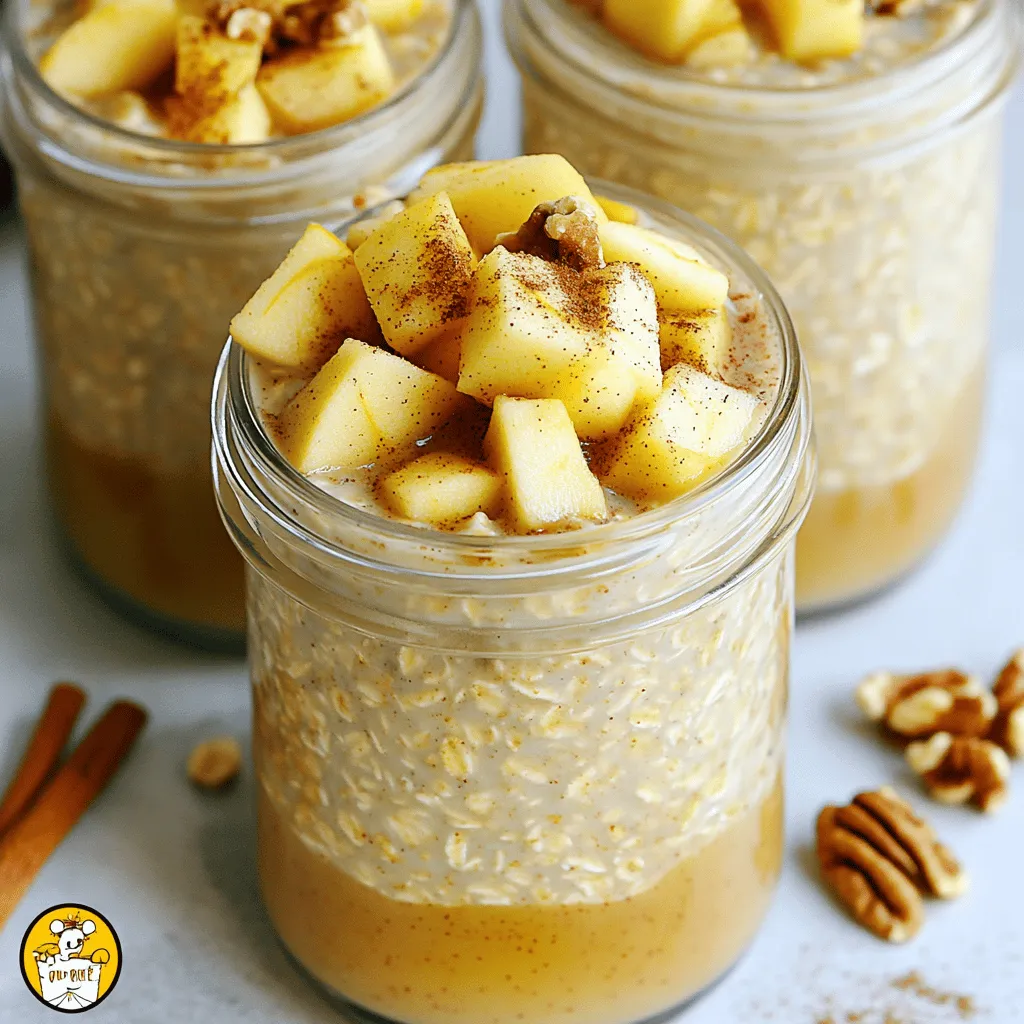 - 1 cup rolled oats - 1 cup almond milk (or any milk of your choice) - 1/2 cup unsweetened applesauce - 1 medium apple, peeled and diced into small cubes - 1 teaspoon ground cinnamon - 1 teaspoon pure vanilla extract - 2 tablespoons pure maple syrup (or honey) - 1 tablespoon chia seeds - A pinch of ground nutmeg - 1/4 cup chopped walnuts - Fresh apple slices - Additional cinnamon for garnish When I make Apple Pie Overnight Oats, I focus on simple yet tasty ingredients. The rolled oats serve as a great base. They soak up all the flavors while keeping a nice texture. I love using almond milk, but any milk works great. Unsweetened applesauce adds natural sweetness and moisture. Diced apples bring a fresh crunch and taste just like pie. To enhance the flavor, I add ground cinnamon and nutmeg. These spices remind me of cozy fall days. A bit of vanilla extract adds warmth, while maple syrup or honey provides extra sweetness. Chia seeds are a fun addition. They help thicken the oats and add some healthy fats. For toppings, I often sprinkle chopped walnuts for crunch. Fresh apple slices look pretty and taste great. A light dusting of cinnamon on top makes it even better. Each bite feels like a dessert, but it’s healthy enough for breakfast! Start by grabbing a large mixing bowl. Combine 1 cup of rolled oats, 1 cup of almond milk, 1/2 cup of unsweetened applesauce, and 1 teaspoon of pure vanilla extract. Stir well to coat all oats with the liquid. Next, add in 1 medium diced apple, 1 teaspoon of ground cinnamon, a pinch of nutmeg, 1 tablespoon of chia seeds, and 2 tablespoons of maple syrup or honey. Mix everything until well blended. If you want some crunch, fold in 1/4 cup of chopped walnuts. This step is optional, but it adds great texture to your oats. Now, divide the mixture evenly into four jars. Cover each jar tightly with a lid or plastic wrap. Place them in the refrigerator to chill overnight or for at least 4 hours. This helps the oats absorb all the flavors. In the morning, take the jars out of the fridge. Stir the oats well. If you like a creamier texture, add a splash of almond milk and mix again. Just before serving, top each jar with fresh apple slices, a sprinkle of cinnamon, and optional walnuts for extra crunch. Enjoy your tasty and healthy breakfast! To get the right creaminess, adjust the liquid. If your oats feel too thick, add a splash of almond milk. This small change helps achieve the perfect balance. For a richer texture, use less liquid. Just remember, the oats will absorb more liquid overnight. Want to mix it up? Substitute almond milk with coconut milk for a tropical twist. You can also swap applesauce for mashed banana. This adds natural sweetness and a new taste. Try using maple syrup or honey for different flavors too. Each choice creates a new experience in every bite. Planning for busy mornings? Make several jars at once. This saves time and keeps breakfast ready. Store the jars in the fridge for up to five days. Grab one each morning! You will enjoy a tasty meal without the hassle of cooking. Each jar is a healthy start to your day. {{image_4}} You can use any milk you like for your oats. Here are some tasty choices: - Dairy milk: This is a classic choice, rich and creamy. - Oat milk: A smooth option that adds a nice flavor. - Coconut milk: This gives a tropical twist and a creamy texture. Try different milks to find your favorite. Each one changes the taste and feel of your oats. You can switch up your oats based on the season. Here are some great ideas: - Pumpkin spice: This adds warmth and is perfect for fall. - Berries: Fresh or frozen berries add sweetness and color. - Bananas: Slice them in for a creamy texture and natural sweetness. Adding these fruits or spices makes your oats fun and new with each season. You can easily adapt this recipe to fit your diet. Here are some options: - Vegan: Use plant-based milk and maple syrup instead of honey. - Nut-free: Skip the walnuts and check your milk for nuts. These changes help you enjoy delicious oats without worries about your diet. Apple Pie Overnight Oats stay fresh in the fridge for up to 5 days. Keep the oats in airtight jars or containers. This helps prevent them from drying out. The flavors meld together nicely over time, making each bite more delicious. You can freeze the prepared mixture for later. However, the texture may change when thawed. To freeze, use a freezer-safe container. Leave some space at the top, as oats expand when frozen. Thaw overnight in the fridge before serving. To warm up your overnight oats, use the microwave. Heat for about 30 seconds to 1 minute. Stir well after heating. If they seem too thick, add a splash of almond milk to get the right consistency. Enjoy your tasty breakfast warm! Yes, you can use quick oats. They cook faster and soak up liquid quickly. This may change the texture slightly. Your oats might be creamier but less chewy. To make this recipe gluten-free, use certified gluten-free oats. Many brands offer gluten-free rolled oats. Always check the label to be sure. Yes, you can substitute applesauce with fresh apples. Just peel and dice a medium apple. Mix these into your oats for a nice crunch. You can add many healthy toppings! Here are some ideas: - Chopped nuts like walnuts or almonds - Fresh fruits like berries or banana slices - A dollop of Greek yogurt - A sprinkle of seeds, like pumpkin or sunflower Apple Pie Overnight Oats last for about 3 to 5 days in the fridge. Store them in sealed jars to keep them fresh. Always check for any signs of spoilage before eating. Apple Pie Overnight Oats are a simple and tasty treat. We covered key ingredients like rolled oats, almond milk, and apples. Flavor enhancers such as cinnamon and vanilla boost taste. I shared step-by-step prep, tips for texture, and meal prep ideas. You can even switch up ingredients for fun variations. Store your oats well for freshness. Enjoy your creamy, healthy breakfast. I hope you try this recipe to make your mornings easier and more delicious. Your mornings will thank you!