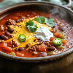 To make the best chili, gather these key ingredients: - 1 lb ground beef (or turkey for a lighter option) - 1 can (15 oz) kidney beans, thoroughly rinsed and drained - 1 can (15 oz) black beans, thoroughly rinsed and drained - 1 can (28 oz) diced tomatoes with green chilies - 1 medium onion, finely diced - 2 cloves garlic, minced - 1 bell pepper (any color), diced - 2 tablespoons chili powder - 1 teaspoon ground cumin - 1 teaspoon smoked paprika - Salt and freshly ground black pepper to taste - 2 cups beef or vegetable broth - 1 tablespoon olive oil These ingredients blend together to create a rich and hearty dish. Toppings can elevate your chili experience. Here are some tasty options: - Shredded cheese - Sour cream - Chopped cilantro - Sliced jalapeños These extras add flavor and texture. Feel free to mix and match! If you need alternatives, here are some great swaps: - Use ground turkey or chicken instead of beef for a lighter meal. - For a vegetarian version, replace meat with extra beans or lentils. - Swap kidney beans for chickpeas or pinto beans if desired. - Use vegetable broth instead of beef broth for a vegan option. These substitutes help meet various dietary needs while keeping the dish delicious. Start by gathering all your ingredients. You need: - 1 lb ground beef (or turkey) - 1 can (15 oz) kidney beans - 1 can (15 oz) black beans - 1 can (28 oz) diced tomatoes - 1 medium onion - 2 cloves garlic - 1 bell pepper - 2 tablespoons chili powder - 1 teaspoon ground cumin - 1 teaspoon smoked paprika - Salt and pepper - 2 cups broth - 1 tablespoon olive oil Next, chop the onion, garlic, and bell pepper. Rinse the beans in cold water. This helps remove some salt and makes them fresher. You’re ready to cook! Heat the olive oil in a large pot over medium heat. Wait about one minute for the oil to warm. Add the diced onion and bell pepper. Cook them for about 3-4 minutes until soft. The onion should look clear. Then, add the minced garlic. Cook for another minute. You want the garlic to smell great and not burn. This step builds a strong flavor base for the chili. Now, add the ground beef (or turkey) to the pot. Break it apart with a wooden spoon. Cook it for 5-7 minutes until it turns brown. If there is too much fat, drain it. Next, stir in the chili powder, cumin, smoked paprika, salt, and pepper. Cook this mixture for 1-2 minutes. This helps the spices release their flavors into the meat. Pour in the diced tomatoes (with juices), kidney beans, black beans, and broth. Stir everything well to mix. Increase the heat until it boils gently. Once boiling, reduce the heat to low. Let it simmer for about 30 minutes. Stir it occasionally. This helps blend all the great flavors. After 30 minutes, taste the chili. Adjust the seasoning if you need to. If you want a thicker chili, simmer longer. Enjoy your delicious one-pot chili! To boost flavor, use fresh spices. Fresh chili powder packs a punch. Try toasting spices in the pot before adding other ingredients. This step wakes up the flavors. You can also add a dash of hot sauce or a spoonful of sugar to balance flavors. For a smoky taste, consider adding chipotle peppers. They add depth and warmth. One big mistake is cooking meat without browning it. Brown the meat well for deep flavor. Avoid skipping the sauté step for onions and garlic. It builds a solid base. Another common error is not adjusting the seasoning. Always taste and tweak as you cook. If your chili is too salty, add a bit of sugar or more tomatoes. If you want thicker chili, let it simmer longer. This lets the liquid reduce. You can also mash some beans against the pot's side. This thickens the mix naturally. For a thinner chili, add more broth or water. Stir it in slowly until you reach your desired consistency. Always remember to taste as you adjust. {{image_4}} You can easily make this chili vegetarian or vegan. Just swap the meat for plant-based options. Try using lentils or textured vegetable protein (TVP). They absorb flavors well and add a nice texture. For a vegan option, replace beef broth with vegetable broth. The other ingredients remain the same, giving you a hearty dish. If you like heat, add more spice! Chili powder is great, but you can also use cayenne pepper or crushed red pepper flakes. Start with a small amount and taste as you go. For less heat, leave out the jalapeños or use mild chili powder. Balance is key to a tasty chili. Feel free to get creative with your chili. Try adding corn for sweetness or diced zucchini for extra vegetables. Black olives can add a nice briny flavor. You can even toss in some chocolate or cocoa powder for depth. Each addition gives your chili a personal touch, making it your own. To store leftover chili, first let it cool to room temperature. Then, transfer it to a container with a tight lid. Make sure to store it in the fridge if you plan to eat it within a few days. Chili stays fresh for about 3 to 4 days in the fridge. If you want to keep it longer, consider freezing it. To freeze your chili, use freezer-safe containers. Leave some space in each container. This space allows the chili to expand as it freezes. You can freeze chili for up to 3 months. When ready to eat, thaw it in the fridge overnight. Reheat it in a pot over low heat, stirring often. You can also use the microwave. Just heat it in short bursts, stirring in between. The best containers for storing chili are glass or plastic. Look for airtight containers to keep the chili fresh. Glass containers let you see the food inside. They are also great for reheating. If you use plastic, choose BPA-free options. For freezing, use heavy-duty freezer bags. They save space and keep the chili safe from freezer burn. The best meat for chili is ground beef or turkey. Ground beef gives a rich flavor. It also adds a nice texture. However, turkey is a great lighter choice. You can also try ground chicken or even pork for a twist. Each meat brings a unique taste to your chili. One-pot chili lasts about 3 to 5 days in the fridge. Make sure to store it in a sealed container. This keeps it fresh and tasty. If you want to enjoy it later, freeze it. Frozen chili can last up to 6 months. Just remember to thaw it in the fridge before reheating. Yes, you can use canned beans in your chili. They save time and add great flavor. Just make sure to rinse and drain them well. This removes excess sodium and helps prevent a mushy texture. Canned beans are tasty and easy to use in your recipe. You can serve chili with many tasty sides. Cornbread is a classic choice. It pairs well with the chili's spice. You can also serve it with rice or tortilla chips. For a fresh touch, add a simple salad or guacamole. These options make a great meal even better! In this post, I covered how to make the ultimate one-pot chili. We talked about key ingredients, cooking steps, and tips to boost the flavor. You learned about variations, storage, and common questions. Chili can be adjusted to your taste and diet. Remember, each bowl is unique, just like you. So, have fun experimenting and sharing your tasty chili with others!