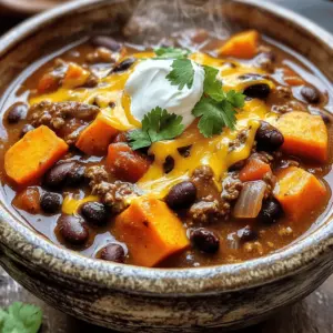 - 1 pound of ground beef - 1 large sweet potato, peeled and cut into ½-inch cubes - 1 can (15 oz) black beans, thoroughly rinsed and drained - 1 can (15 oz) kidney beans, thoroughly rinsed and drained - 1 can (14.5 oz) diced tomatoes with green chilies, including juices - 1 medium onion, finely chopped - 2 cloves garlic, minced - 1 bell pepper (any color), diced - 2 cups beef broth - 1 tablespoon olive oil I love using ground beef for this dish. It adds a hearty flavor. Sweet potato gives a nice sweetness and creaminess. The beans add protein and fiber, making this chili filling. Diced tomatoes bring freshness and a slight tang. You can use any bell pepper you have. - 2 tablespoons chili powder - 1 teaspoon ground cumin - 1 teaspoon smoked paprika - ½ teaspoon sea salt - ½ teaspoon freshly ground black pepper Spices are key for flavor. Chili powder gives heat and depth. Cumin adds warmth and richness. Smoked paprika gives a nice smokey touch. Always taste your chili before serving. Adjust the salt and pepper to your liking. - Shredded cheese (cheddar or Mexican blend) - Sour cream - Fresh cilantro Toppings make your chili fun! Shredded cheese melts beautifully on top. Sour cream adds creaminess and coolness. Fresh cilantro gives a bright taste. Feel free to mix and match based on your taste. Enjoy customizing your bowl! 1. Start by heating 1 tablespoon of olive oil in a large skillet over medium heat. 2. Once hot, add 1 medium onion, finely chopped, and 2 cloves of minced garlic. 3. Toss in 1 diced bell pepper of your choice. Sauté these until soft, about 5 minutes. 4. Next, raise the heat a bit. Add 1 pound of ground beef to the skillet. 5. Cook the beef, breaking it apart with a wooden spoon, for about 5-7 minutes. 6. Cook until the beef is browned. If there’s fat, drain it carefully. 1. Transfer your beef and vegetable mix to a slow cooker. 2. Add 1 large sweet potato, peeled and cut into ½-inch cubes. 3. Toss in 1 can each of black beans and kidney beans, both rinsed and drained. 4. Pour in 1 can of diced tomatoes with green chilies, juices included. 5. Sprinkle in 2 tablespoons of chili powder, 1 teaspoon of ground cumin, 1 teaspoon of smoked paprika, ½ teaspoon of sea salt, and ½ teaspoon of black pepper. 6. Pour in 2 cups of beef broth and stir gently to mix everything. 1. Cover the slow cooker with its lid. 2. Set it to cook on low for 6 to 8 hours or high for 3 to 4 hours. 3. Check the chili for tenderness. Sweet potatoes should be soft when done. 4. Before serving, taste and adjust the seasoning if needed. To make your chili pop, adjust the seasonings as you cook. Use more chili powder or cumin for a stronger taste. If you like heat, add hot sauce. Just a dash can elevate the flavor. You can also try adding a touch of brown sugar. This can balance the heat and bring out the sweetness of sweet potatoes. Choose low or high settings based on your day. Cooking on low for 6 to 8 hours gives great flavor. If you're short on time, go high for 3 to 4 hours. Always check the sweet potatoes. They should be tender when done. If they're still firm, cook a bit longer. Serve your chili hot. Use colorful bowls to make it inviting. Top each bowl with shredded cheese, a dollop of sour cream, and cilantro for freshness. Pair it with crusty bread or crispy tortilla chips for a complete meal. This combo adds texture and flavor to your dining experience. {{image_4}} You can switch up the meat in this chili. Try lean meats like turkey or chicken. Ground turkey brings a lighter taste while still being hearty. You can also use ground lamb for a richer flavor. For vegetables, feel free to experiment. Add carrots or zucchini for extra crunch. Bell peppers can be mixed and matched too. Each choice adds unique flavors and textures to your chili. Want a vegetarian version? Just skip the beef. Use lentils or chickpeas instead. Both options provide protein and heartiness. You can also add more beans or extra sweet potatoes. For gluten-free options, use gluten-free broth and check your spice labels. Most spices are naturally gluten-free, but it's good to be careful. This way, everyone can enjoy the chili without worry. To add sweetness, try a little honey or brown sugar. This balances the heat from the spices. You can also toss in corn for a natural sweet touch. If you want more spice, add diced jalapeños or a splash of hot sauce. This kicks up the flavor and makes the chili even more exciting. Adjust these ingredients to fit your taste. Let your chili cool down before storing. This helps keep it fresh. Use airtight containers for storing. Glass or plastic containers work well. Make sure to label containers with the date. This helps you track how long it stays fresh. To freeze your chili, let it cool completely first. Then, pour it into freezer bags or containers. Remove as much air as possible to prevent freezer burn. When you want to enjoy it again, thaw it overnight in the fridge. Heat it on the stove or in the microwave until hot. In the fridge, your chili lasts about 3 to 4 days. If you freeze it, it stays good for up to 3 months. Always check for any off smells or colors before eating. This ensures your meal is safe and tasty. Yes, you can use turkey or chicken instead of beef. Ground turkey is leaner. It works well in chili. Chicken adds a different flavor. Make sure to season it well to keep it tasty. Just follow the same steps in the recipe. The cooking times will be similar, so no worries there. You can thicken chili in a few simple ways. One method is to use cornstarch. Mix one tablespoon of cornstarch with cold water. Stir it in the chili during the last 30 minutes of cooking. Another option is to add more beans. Puree some black beans and stir them in for a thicker texture. You can also let the chili cook longer with the lid off. This helps it reduce and thicken naturally. Chili pairs well with many sides. Crusty bread is a great choice for dipping. You can also serve it with tortilla chips for crunch. A fresh salad adds a nice touch too. If you want something warm, cornbread is a favorite! Consider topping the chili with shredded cheese, sour cream, or chopped cilantro for extra flavor. This blog post covered how to make a tasty chili. We talked about the main ingredients like ground beef, sweet potatoes, beans, and spices. I shared easy steps for prepping and cooking in a slow cooker. Tips can help boost flavor, and I suggested serving ideas. You can also switch up ingredients and adjust for diets. Remember to store your chili properly for fresh leftovers. Keep experimenting with flavors to find what you love. Your chili will be a hit, so enjoy every bowl!