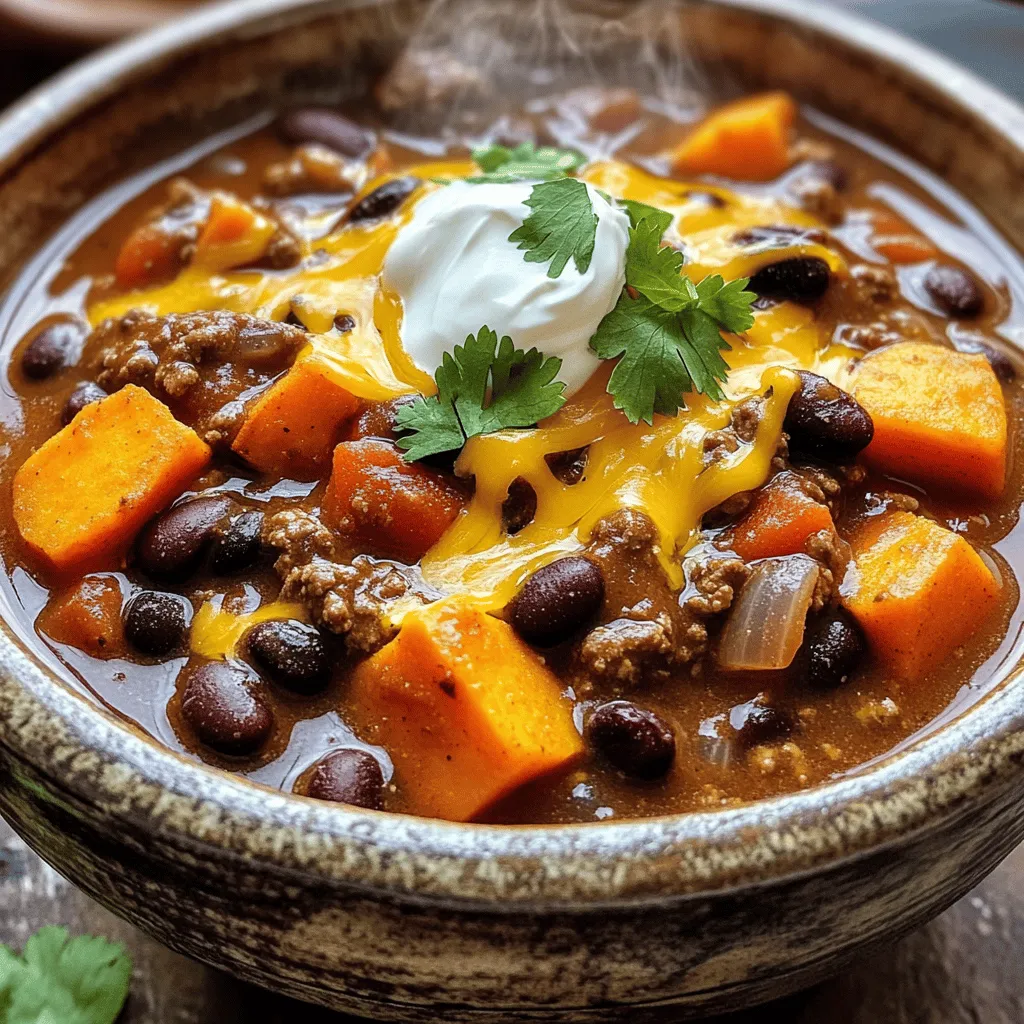 - 1 pound of ground beef - 1 large sweet potato, peeled and cut into ½-inch cubes - 1 can (15 oz) black beans, thoroughly rinsed and drained - 1 can (15 oz) kidney beans, thoroughly rinsed and drained - 1 can (14.5 oz) diced tomatoes with green chilies, including juices - 1 medium onion, finely chopped - 2 cloves garlic, minced - 1 bell pepper (any color), diced - 2 cups beef broth - 1 tablespoon olive oil I love using ground beef for this dish. It adds a hearty flavor. Sweet potato gives a nice sweetness and creaminess. The beans add protein and fiber, making this chili filling. Diced tomatoes bring freshness and a slight tang. You can use any bell pepper you have. - 2 tablespoons chili powder - 1 teaspoon ground cumin - 1 teaspoon smoked paprika - ½ teaspoon sea salt - ½ teaspoon freshly ground black pepper Spices are key for flavor. Chili powder gives heat and depth. Cumin adds warmth and richness. Smoked paprika gives a nice smokey touch. Always taste your chili before serving. Adjust the salt and pepper to your liking. - Shredded cheese (cheddar or Mexican blend) - Sour cream - Fresh cilantro Toppings make your chili fun! Shredded cheese melts beautifully on top. Sour cream adds creaminess and coolness. Fresh cilantro gives a bright taste. Feel free to mix and match based on your taste. Enjoy customizing your bowl! 1. Start by heating 1 tablespoon of olive oil in a large skillet over medium heat. 2. Once hot, add 1 medium onion, finely chopped, and 2 cloves of minced garlic. 3. Toss in 1 diced bell pepper of your choice. Sauté these until soft, about 5 minutes. 4. Next, raise the heat a bit. Add 1 pound of ground beef to the skillet. 5. Cook the beef, breaking it apart with a wooden spoon, for about 5-7 minutes. 6. Cook until the beef is browned. If there’s fat, drain it carefully. 1. Transfer your beef and vegetable mix to a slow cooker. 2. Add 1 large sweet potato, peeled and cut into ½-inch cubes. 3. Toss in 1 can each of black beans and kidney beans, both rinsed and drained. 4. Pour in 1 can of diced tomatoes with green chilies, juices included. 5. Sprinkle in 2 tablespoons of chili powder, 1 teaspoon of ground cumin, 1 teaspoon of smoked paprika, ½ teaspoon of sea salt, and ½ teaspoon of black pepper. 6. Pour in 2 cups of beef broth and stir gently to mix everything. 1. Cover the slow cooker with its lid. 2. Set it to cook on low for 6 to 8 hours or high for 3 to 4 hours. 3. Check the chili for tenderness. Sweet potatoes should be soft when done. 4. Before serving, taste and adjust the seasoning if needed. To make your chili pop, adjust the seasonings as you cook. Use more chili powder or cumin for a stronger taste. If you like heat, add hot sauce. Just a dash can elevate the flavor. You can also try adding a touch of brown sugar. This can balance the heat and bring out the sweetness of sweet potatoes. Choose low or high settings based on your day. Cooking on low for 6 to 8 hours gives great flavor. If you're short on time, go high for 3 to 4 hours. Always check the sweet potatoes. They should be tender when done. If they're still firm, cook a bit longer. Serve your chili hot. Use colorful bowls to make it inviting. Top each bowl with shredded cheese, a dollop of sour cream, and cilantro for freshness. Pair it with crusty bread or crispy tortilla chips for a complete meal. This combo adds texture and flavor to your dining experience. {{image_4}} You can switch up the meat in this chili. Try lean meats like turkey or chicken. Ground turkey brings a lighter taste while still being hearty. You can also use ground lamb for a richer flavor. For vegetables, feel free to experiment. Add carrots or zucchini for extra crunch. Bell peppers can be mixed and matched too. Each choice adds unique flavors and textures to your chili. Want a vegetarian version? Just skip the beef. Use lentils or chickpeas instead. Both options provide protein and heartiness. You can also add more beans or extra sweet potatoes. For gluten-free options, use gluten-free broth and check your spice labels. Most spices are naturally gluten-free, but it's good to be careful. This way, everyone can enjoy the chili without worry. To add sweetness, try a little honey or brown sugar. This balances the heat from the spices. You can also toss in corn for a natural sweet touch. If you want more spice, add diced jalapeños or a splash of hot sauce. This kicks up the flavor and makes the chili even more exciting. Adjust these ingredients to fit your taste. Let your chili cool down before storing. This helps keep it fresh. Use airtight containers for storing. Glass or plastic containers work well. Make sure to label containers with the date. This helps you track how long it stays fresh. To freeze your chili, let it cool completely first. Then, pour it into freezer bags or containers. Remove as much air as possible to prevent freezer burn. When you want to enjoy it again, thaw it overnight in the fridge. Heat it on the stove or in the microwave until hot. In the fridge, your chili lasts about 3 to 4 days. If you freeze it, it stays good for up to 3 months. Always check for any off smells or colors before eating. This ensures your meal is safe and tasty. Yes, you can use turkey or chicken instead of beef. Ground turkey is leaner. It works well in chili. Chicken adds a different flavor. Make sure to season it well to keep it tasty. Just follow the same steps in the recipe. The cooking times will be similar, so no worries there. You can thicken chili in a few simple ways. One method is to use cornstarch. Mix one tablespoon of cornstarch with cold water. Stir it in the chili during the last 30 minutes of cooking. Another option is to add more beans. Puree some black beans and stir them in for a thicker texture. You can also let the chili cook longer with the lid off. This helps it reduce and thicken naturally. Chili pairs well with many sides. Crusty bread is a great choice for dipping. You can also serve it with tortilla chips for crunch. A fresh salad adds a nice touch too. If you want something warm, cornbread is a favorite! Consider topping the chili with shredded cheese, sour cream, or chopped cilantro for extra flavor. This blog post covered how to make a tasty chili. We talked about the main ingredients like ground beef, sweet potatoes, beans, and spices. I shared easy steps for prepping and cooking in a slow cooker. Tips can help boost flavor, and I suggested serving ideas. You can also switch up ingredients and adjust for diets. Remember to store your chili properly for fresh leftovers. Keep experimenting with flavors to find what you love. Your chili will be a hit, so enjoy every bowl!